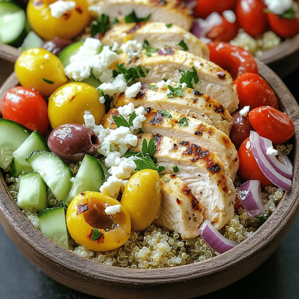 Chicken and Marinade Ingredients - 2 boneless, skinless chicken breasts - 2 tablespoons olive oil - 2 teaspoons dried oregano - 1 teaspoon garlic powder - Salt and pepper to taste Quinoa and Vegetable Ingredients - 1 cup quinoa, rinsed - 2 cups vegetable broth - 1 cup cherry tomatoes, halved - 1 cucumber, diced - 1 cup Kalamata olives, pitted and sliced - 1/2 red onion, thinly sliced Garnish and Dressing Ingredients - 1 cup feta cheese, crumbled - 1/4 cup fresh parsley, chopped - Juice of 1 lemon This complete list gives you everything you need to make healthy Greek chicken bowls. Each ingredient brings its own flavor and nutrition. The chicken is lean, while the quinoa adds protein. The veggies add crunch and color, making your bowl both tasty and pretty. Don't forget the feta; it adds a creamy touch that balances the dish. You can find the full recipe to guide you through the cooking process. Enjoy making these bowls! Marinating the Chicken Start by mixing olive oil, oregano, garlic powder, salt, and pepper in a bowl. This mix gives the chicken great flavor. Coat the chicken breasts with this marinade. Let them sit for about 15 minutes. This step is key for juicy chicken. Cooking the Quinoa While the chicken marinates, you can cook the quinoa. In a saucepan, bring vegetable broth to a boil. Add the rinsed quinoa and lower the heat. Cover the pot and let it simmer for about 15 minutes. Once the liquid is gone, fluff the quinoa with a fork. This will make it light and fluffy. Grilling the Chicken Heat your grill or grill pan over medium heat. Place the marinated chicken on the grill. Cook for about 6-7 minutes on each side. The chicken should be cooked through and juices should run clear. Once done, take the chicken off and let it rest. This helps keep it tender. Layering Components in Bowls Grab four large bowls. Start by adding the cooked quinoa as the base. Then, slice the grilled chicken and place it on top of the quinoa. Next, add halved cherry tomatoes, diced cucumber, sliced olives, and red onion. Sprinkle crumbled feta cheese over it all. This mix creates a colorful dish. Final Touches and Serving Finally, chop fresh parsley and sprinkle it on top. Squeeze lemon juice over each bowl for a fresh taste. Serve these Healthy Greek Chicken Bowls right away. They look great and taste even better! For the complete recipe, check out the Full Recipe section. Achieving Perfectly Grilled Chicken To get juicy, tender chicken, start with good quality meat. Marinate your chicken for at least 15 minutes. Use olive oil, oregano, garlic powder, salt, and pepper. This mix adds flavor and moisture. Preheat your grill or grill pan to medium heat. Grill the chicken for 6-7 minutes on each side. Look for clear juices to know it's done. Let it rest before slicing to keep the juices inside. Tips for Cooking Quinoa Rinsing quinoa helps remove its bitter coating. Use vegetable broth instead of water for more flavor. Bring the broth to a boil before adding quinoa. Cover and lower the heat to simmer. Cook it for about 15 minutes until the liquid is gone. Fluff with a fork for a light texture. This makes your bowls taste great and keeps the quinoa fluffy. Best Pairings for Greek Chicken Bowls These bowls shine with fresh veggies and toppings. Use cherry tomatoes, cucumbers, and Kalamata olives for crunch. Feta cheese adds creaminess and a salty bite. Fresh parsley gives a pop of color and taste. You can also add sliced red onion for extra flavor. Drizzle lemon juice over the top for brightness. Making it a Complete Meal To make this a full meal, add a side salad or some pita bread. You can serve tzatziki sauce for dipping. This adds a cool, creamy element. These bowls are great for lunch or dinner and keep well for meal prep. Enjoy the vibrant flavors and healthy ingredients in every bite! {{image_2}} Alternative Proteins You can swap chicken for other meats. Try turkey or pork for a twist. Fish is another great choice. Grilled salmon adds a fresh taste. If you want something different, use shrimp. They cook quickly and taste great with this dish. Vegetarian Options For a veggie-friendly bowl, replace chicken with chickpeas or tofu. Both add protein and texture. You can also use lentils for a hearty option. They soak up flavors well and keep you full. Adding Spices and Herbs To boost flavor, add more spices. Try smoked paprika for a smoky touch. Cumin gives a warm, earthy flavor. Fresh herbs like dill or mint can brighten up your dish. Just a sprinkle can make your bowl pop! Different Dressings to Try The right dressing can change your bowl completely. For a creamy touch, try tzatziki sauce. It’s cool and refreshing. A lemon-herb vinaigrette brings a tangy twist. You can even mix olive oil with balsamic vinegar for a sweet-sour kick. To keep your Healthy Greek Chicken Bowls fresh, proper storage is key. - Refrigeration Guidelines: Place leftovers in an airtight container. They will stay good for about 3 to 4 days in the fridge. Make sure to let the food cool down before sealing it. This prevents moisture buildup. - Freezing Options: If you want to keep them longer, you can freeze the bowls. Separate the chicken and veggies from the quinoa. Use freezer-safe bags or containers. Write the date on the bags. They can last up to 3 months in the freezer. Reheating your bowls correctly helps keep them tasty. - Best Methods for Reheating: The best way to reheat is using the microwave. Place your bowl in the microwave for 1 to 2 minutes. Stir halfway through for even heating. You can also use a skillet. Heat over medium-low heat, stirring until warmed through. Avoid overheating, as this can make the chicken dry. Don’t forget to check the Full Recipe to enjoy this meal fresh! What makes this recipe healthy? This recipe is healthy because it uses lean chicken and fresh veggies. Quinoa adds protein and fiber. The olive oil provides good fats. Feta cheese gives flavor without too many calories. Overall, it’s balanced and nutritious. Can I meal prep these bowls? Yes, you can meal prep these bowls! Cook the chicken and quinoa ahead of time. Store them in separate containers. Add fresh veggies just before eating to keep them crisp. This way, you have a quick and healthy meal ready to go. How can I make this recipe dairy-free? To make this recipe dairy-free, simply skip the feta cheese. You can add avocado for creaminess instead. Another option is to use a dairy-free cheese alternative. These swaps keep the flavor while making it dairy-friendly. What sides pair well with Greek Chicken Bowls? Great sides for Greek Chicken Bowls include a simple Greek salad. You can also serve warm pita bread or tzatziki sauce on the side. Roasted vegetables are another tasty option. They enhance the meal while keeping it healthy. Can I use other grains instead of quinoa? Absolutely! You can use brown rice, farro, or couscous. Each grain brings its unique texture and taste. Just be sure to adjust the cooking time according to the grain you choose. This lets you customize your bowl with ease. For the full recipe, check out Greek Chicken Delight Bowls. This blog post covered all you need to create tasty Greek chicken bowls. We explored ingredients, preparation steps, and tips for grilling. I shared ways to make your meal unique with variations and storage ideas. Remember, you can always switch up ingredients and flavors to match your taste. Meal prepping these bowls makes healthy eating easy all week. With this guide, you can enjoy a delicious dish that's good for you. Prepare to impress with your yummy Greek chicken bowls!