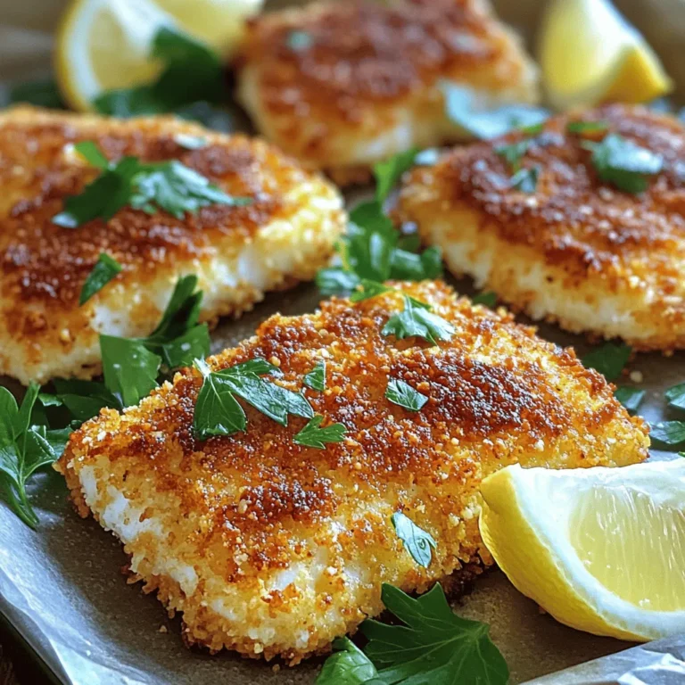 - 4 tilapia fillets - 1 cup grated Parmesan cheese - 1 cup panko bread crumbs - 2 large eggs - 1 tablespoon Dijon mustard - 1 teaspoon garlic powder - 1 teaspoon paprika - Salt and pepper to taste - 1 tablespoon fresh parsley, chopped - Lemon wedges To make crispy Parmesan crusted tilapia, you need fresh tilapia fillets. They are mild and flaky, perfect for this dish. Next, grab some grated Parmesan cheese for a rich flavor. The panko bread crumbs add a delightful crunch. You will also need eggs and Dijon mustard for the coating. The mustard gives a slight zing. Garlic powder and paprika add warmth and taste. Salt and pepper season everything to perfection. For garnish, use fresh parsley. It adds color and freshness. Lemon wedges are great for squeezing over the fish. They brighten the dish and enhance the flavors. For the complete steps of making this dish, check out the Full Recipe. 1. Preheat your oven to 400°F (200°C). This helps the fish cook evenly. 2. Line a baking sheet with parchment paper. This will keep the fish from sticking. 3. In a shallow bowl, whisk together: - 2 large eggs - 1 tablespoon Dijon mustard Mix until smooth. This egg mixture helps the coating stick to the fish. 1. In another bowl, combine the coating ingredients: - 1 cup grated Parmesan cheese - 1 cup panko bread crumbs - 1 teaspoon garlic powder - 1 teaspoon paprika - Salt and pepper to taste This mixture will give your tilapia a crispy and flavorful crust. 2. Take each tilapia fillet and dip it into the egg mixture. Let any extra egg drip off. 3. Press each fillet into the Parmesan and panko mixture. Make sure both sides are well coated. This step is key for that crispy texture. 1. Arrange the coated tilapia fillets on your prepared baking sheet. Make sure they do not touch each other. 2. Bake the fish for 12-15 minutes. You’ll know they are done when they are golden brown and flake easily with a fork. 3. Once baked, remove them from the oven. Let them cool slightly before serving. 4. For a nice touch, garnish the fish with chopped parsley and serve with lemon wedges. For the complete recipe, refer to the [Full Recipe]. To prevent sticking, use parchment paper on your baking sheet. This keeps the fish from sticking and makes cleanup easy. Lightly oil the paper for extra security. For even cooking, make sure your tilapia fillets are of similar size. This helps them cook at the same rate. If they vary too much, some may overcook while others stay underdone. You can add more flavor with extra seasonings. Try adding black pepper, onion powder, or Italian herbs to the coating. These will lift the taste and make it more exciting. For marinating options, soak the tilapia in lemon juice or a mix of olive oil and garlic for 30 minutes. This adds moisture and flavor before coating. For plating ideas, serve the tilapia on a colorful plate. Add a sprinkle of fresh parsley on top for a pop of color. The best serving sides include roasted vegetables, a light salad, or rice. The flavors of these sides complement the tilapia well. For the full recipe, check out the recipe details above. {{image_2}} If you want to switch up the fish, here are some great choices. You can use cod, haddock, or even chicken breasts. Each of these proteins works well with the crispy coating. Just keep in mind that cooking times may vary slightly. For those who need dairy-free options, try using nutritional yeast instead of Parmesan. It gives a nice cheesy flavor. If you need a gluten-free coating, use crushed cornflakes or gluten-free breadcrumbs. These options will still give you that satisfying crunch. You can easily add new flavors to this dish. Try mixing in spices like cayenne pepper or chili powder for a kick. Fresh herbs such as dill or thyme can also brighten the taste. If you're feeling adventurous, consider making a spicy version by adding hot sauce to the egg mixture. This gives the tilapia an extra layer of flavor that will impress anyone at the table. Explore these variations to make your crispy Parmesan crusted tilapia uniquely yours. For the full recipe, check out the earlier sections. After cooking, let the tilapia cool for a few minutes. This helps keep the crust crispy. For best results, place the tilapia on a cooling rack. It allows air to circulate around the fish. Avoid stacking the fillets; this can make them soggy. For storage, use airtight containers. Glass or plastic containers work well. Make sure they fit your fillets without crowding. Label the containers with the date. This helps you keep track of freshness. To freeze tilapia, wrap each fillet tightly in plastic wrap. Then place them in a freezer-safe bag. Remove as much air as possible. This helps prevent freezer burn. You can store them for up to three months. When you're ready to use them, thaw the fillets in the fridge overnight. For a quicker option, submerge the sealed bag in cold water. This method is safe and effective. To reheat, use an oven or air fryer. Preheat your oven to 350°F (175°C). Place the tilapia on a baking sheet. Heat for about 10 minutes. This keeps the crust crispy while warming the fish. If using an air fryer, set it to 350°F (175°C) for about 5 minutes. Check to ensure the fillets are heated through. Avoid microwaving the tilapia. This can make the crust soft and less appealing. For full details on making this dish, check the Full Recipe. How to tell when tilapia is done? You can tell tilapia is done when it is opaque and flakes easily with a fork. The fish should reach an internal temperature of 145°F (63°C). This ensures it is safe to eat and has a nice texture. Can I use fresh Parmesan instead of grated? Yes, you can use fresh Parmesan. Just grate it finely, so it mixes well with the panko. Fresh Parmesan adds a rich flavor that enhances the dish. What can I use instead of panko? You can use regular breadcrumbs if you don’t have panko. Also, crushed crackers or cornflakes work well. They provide a good crunch to the coating. Is tilapia a healthy fish option? Yes, tilapia is a healthy choice. It is low in calories and high in protein. It also has healthy fats and essential vitamins, making it a great option for meals. Why is the tilapia coating not sticking? If the coating is not sticking, try drying the tilapia fillets with paper towels before coating. This helps the egg mixture adhere better. Also, ensure you press the fillets firmly into the coating. Can I pan-fry instead of baking? Yes, you can pan-fry the tilapia. Heat oil in a skillet over medium heat. Cook the fillets for about 3-4 minutes on each side until golden and cooked through. This method gives a nice crisp crust. For the full recipe, check out the [Full Recipe]. This blog post covers everything you need for crispy baked tilapia. We explored key ingredients like tilapia fillets, Parmesan cheese, and panko bread crumbs. I shared easy steps for preparation, coating, and baking the fish. You also learned tips for cooking and presentation, plus ways to customize the recipe. In conclusion, this dish is simple and versatile. You can make it your own and enjoy it any night. Happy cooking!