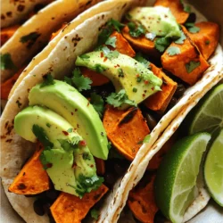 To make these tasty sweet potato black bean tacos, gather these ingredients: - 2 medium sweet potatoes, peeled and diced - 1 can (15 oz) black beans, rinsed and drained - 1 tablespoon olive oil - 1 teaspoon cumin - 1 teaspoon smoked paprika - 1/2 teaspoon chili powder - Salt and pepper to taste - 8 small corn tortillas - 1 avocado, sliced - 1/4 cup fresh cilantro, chopped - 1 lime, cut into wedges - Optional: Hot sauce for drizzling These tacos are not only delicious but also nutritious. Each serving contains: - Calories: 350 - Protein: 12g - Carbohydrates: 60g - Dietary Fiber: 15g - Fat: 10g This mix of ingredients provides a balanced meal. The sweet potatoes offer vitamins, while the black beans add protein and fiber. These tacos fit many diets. They are: - Vegetarian - Vegan - Gluten-free (if using corn tortillas) - Dairy-free If you have allergies, double-check each ingredient. You can also swap out items to meet your needs. For example, use quinoa instead of black beans for a different twist. This way, you can enjoy the flavors and stay true to your diet. For the full recipe, check out the details above. Start by gathering your ingredients. You need sweet potatoes, black beans, and spices. First, peel and dice two medium sweet potatoes. Place them in a large bowl. Add one tablespoon of olive oil. Then, sprinkle in one teaspoon of cumin, one teaspoon of smoked paprika, and half a teaspoon of chili powder. Season with salt and pepper to your taste. Mix everything well until the sweet potatoes are fully coated. Preheat your oven to 400°F (200°C). Spread the seasoned sweet potatoes on a baking sheet lined with parchment paper. Roast them in the oven for 20 to 25 minutes. Stir them halfway through for even cooking. While the sweet potatoes roast, heat one can of black beans in a small saucepan over medium heat. Let them warm through. Add a pinch of salt and pepper for extra flavor. Once the sweet potatoes are tender and slightly crispy, take them out of the oven. Allow them to cool for a short time. Now, it's time to assemble your tacos. Warm eight small corn tortillas in a dry skillet for about 30 seconds on each side. This makes them soft and easy to fold. Spoon a generous amount of roasted sweet potatoes onto each tortilla. Next, add the warm black beans on top. Slice an avocado and place a few slices on each taco. Finish with a sprinkle of fresh cilantro. Serve your tacos with lime wedges on the side. If you like heat, drizzle some hot sauce over them. Enjoy your savory sweet potato black bean tacos! For more detailed cooking instructions, check the Full Recipe. Roasting sweet potatoes brings out their natural sweetness. Start by peeling and dicing them into small, even pieces. This helps them cook evenly. When you toss them with olive oil and spices, make sure every piece is coated well. Lay them flat on a baking sheet. This allows for better roasting and helps them get crispy. To boost the flavor of your tacos, try adding toppings. Fresh avocado adds creaminess. Chopped cilantro gives a bright kick. You can also squeeze fresh lime juice over the tacos for a zesty touch. If you like heat, drizzle hot sauce on top for an extra kick. These flavors work well with the sweet potatoes and black beans. Serve the tacos warm for the best taste. You can place each taco on a plate with lime wedges. This way, everyone can add lime juice as they like. You might also serve them with a side of simple rice or a fresh salad. This balances the meal and adds more color to your plate. For the full recipe, check out the Sweet Potato Black Bean Tacos section. {{image_2}} You can change the sweet potatoes. Try butternut squash or pumpkin instead. Both add great flavor. If you want a protein boost, use quinoa or lentils. They mix well with black beans. For a spicy twist, add jalapeños or chipotle peppers. They bring heat and depth to your tacos. Toppings can change your taco game. Use fresh toppings like diced tomatoes or shredded lettuce. These add crunch and freshness. Try different cheeses, like feta or queso fresco. They melt nicely and add creaminess. You can also add a dollop of Greek yogurt instead of sour cream. It gives a tangy twist. You can roast, grill, or sauté the sweet potatoes. Roasting gives them a nice caramelized flavor. Grilling adds a smoky taste. Just cut them into larger pieces for easy grilling. If you’re in a hurry, sauté them in a pan. This method cooks them faster but may not be as sweet. Each method will change the taco taste, so feel free to experiment! For the full recipe, check out the Sweet Potato Black Bean Tacos. To keep your tacos fresh, place leftovers in an airtight container. Make sure the sweet potatoes and black beans are cooled down first. This helps keep the tortillas from getting soggy. Store them in the fridge for up to three days. When you're ready to eat, take out the leftovers. Heat the sweet potatoes and beans in a skillet over medium heat. Stir them until they are warm. For the tortillas, warm them in a dry skillet for 30 seconds on each side. This makes them soft and tasty again. If you want to save tacos for later, freezing works well. Wrap each taco in foil or parchment paper. Place them in a freezer-safe bag. They can last up to three months in the freezer. When you are ready to eat, thaw them overnight in the fridge. Reheat them as stated above for the best taste. For the full recipe, you can refer back anytime. You can use butternut squash or pumpkin. Both have a sweet taste and soft texture. They roast well and blend nicely with black beans. You can also try regular potatoes, but they will taste different. Yes, you can easily make these tacos gluten-free. Just use corn tortillas, which are naturally gluten-free. Check the label to ensure they are certified gluten-free. This way, everyone can enjoy the tacos. You can prepare the sweet potatoes and black beans in advance. Roast the sweet potatoes and store them in the fridge. You can also warm the black beans and keep them ready. Assemble the tacos just before serving for the best taste. These tacos go well with a simple salad or Mexican rice. You can add corn on the side for sweetness. Guacamole or salsa also makes a great dip. Fresh fruit like mango or pineapple adds a nice touch, too. This article covered everything you need for tasty sweet potato tacos. We explored the key ingredients, how to prepare and cook them, and ways to assemble your tacos. You learned tips for roasting sweet potatoes and flavor pairings. We also looked at variations and how to store leftovers. Sweet potato tacos are fun and flexible. You can try new twists and flavors. Enjoy your cooking adventure and discover your favorite combinations.