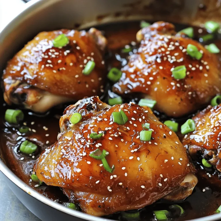 - 4 chicken thighs, bone-in and skin-on - 1/4 cup honey - 1/4 cup soy sauce (low-sodium recommended) - 3 cloves garlic, minced - 1 tablespoon fresh ginger, grated - 1 tablespoon rice vinegar - 2 green onions, chopped - Sesame seeds (optional) When preparing honey garlic glazed chicken thighs, you need quality ingredients to make the dish shine. The chicken thighs are juicy and flavorful, thanks to the skin and bone. Honey adds a sweet touch, while low-sodium soy sauce gives a savory flavor. Garlic and ginger bring warmth and depth to the dish. Rice vinegar adds a bit of tang, balancing the sweetness. For a pretty finish, you can use chopped green onions and sesame seeds. They bring color and a nice crunch. Always choose fresh ingredients for the best taste. This dish is simple yet packed with flavor, making it a favorite in my kitchen. If you want to dive deeper into the recipe, check the Full Recipe for more details. To start, you’ll whisk together these simple ingredients: - 1/4 cup honey - 1/4 cup soy sauce - 3 cloves garlic, minced - 1 tablespoon fresh ginger, grated - 1 tablespoon rice vinegar - 1 teaspoon sesame oil - Salt and pepper to taste Mix them well in a medium bowl. This creates a sweet and savory marinade. The honey gives a nice glaze. The garlic and ginger add a punch of flavor. Next, grab a zip-lock bag or a shallow dish. Place your chicken thighs inside. Pour the marinade over the chicken. Seal the bag or cover the dish tight. Refrigerate for at least 1 hour. If you have time, let it sit overnight. This makes the chicken super tasty. Now it’s time to cook. Preheat your oven to 400°F (200°C). Take the chicken out of the marinade, but keep the marinade for later. In a large oven-safe skillet, heat a tablespoon of oil on medium-high. Place the chicken thighs skin-side down. Sear for 5-7 minutes until the skin is golden brown. This step helps to get a crispy skin. Flip the chicken thighs over. Pour the reserved marinade on top. Now, transfer the skillet to the oven. Roast the chicken for 25-30 minutes. You want it to reach an internal temperature of 165°F (75°C). Once done, let the chicken rest for a few minutes. This helps keep it juicy. Drizzle the pan juices over the chicken before serving. You can garnish with chopped green onions and sesame seeds if you want. For the full recipe, check out the earlier section. Enjoy your meal! To get a crispy skin and rich glaze, start by searing the chicken thighs. Use medium-high heat in a hot skillet to brown the skin well. This step locks in juices and creates that nice texture. After searing, pour the marinade over the chicken. This helps the glaze stick as it cooks. For the best results, bake the chicken skin-side up. This keeps the skin crispy and allows the glaze to caramelize perfectly. When it comes to cooking chicken, two methods stand out: searing and baking. Searing gives you a great crust and flavor. It also helps keep the meat juicy inside. After searing, you finish cooking in the oven. Baking ensures even cooking and lets the chicken soak up the marinade. I find that this combo results in the best flavor. Searing first adds depth, while baking allows the glaze to shine. Marinating chicken is key to great flavor. For a subtle taste, marinate for at least one hour. If you have more time, try marinating overnight. This will deepen the flavor and make it even better. The honey and garlic blend nicely over time, enhancing the dish. Just remember, the longer you marinate, the stronger the flavor. With this honey garlic glaze, you can’t go wrong! For the full recipe, refer to the section above. {{image_2}} You can switch up the sweetener in this dish. Instead of honey, try maple syrup. It gives a nice, rich flavor. Brown sugar is another great option. It adds a hint of caramel taste. Each choice brings its own twist to the dish. Just remember to keep the same amount, so the glaze stays perfect. Oven roasting is classic, but you have other choices. Grilling adds a smoky flavor that many love. Just marinate the chicken as you would for roasting. Then, cook it on a preheated grill for about 6-8 minutes per side. Slow cooking is another fun method. Use a slow cooker to let the chicken soak in the flavors. Cook it on low for 4-6 hours for a tender result. Pair your honey garlic glazed chicken thighs with tasty sides. Steamed rice soaks up the glaze well. You can also serve it with sautéed vegetables for color and crunch. A fresh salad offers a nice balance to the dish. Don’t forget to garnish with green onions and sesame seeds for added flair. For a unique twist, try serving it with a tangy coleslaw or sweet potato fries. To store leftover honey garlic glazed chicken thighs, let them cool first. Place the chicken in an airtight container. This helps keep the chicken moist and tasty. Store it in the fridge for up to three days. If you want to enjoy the chicken later, remember to keep it sealed. Freezing is a great option if you want to keep the chicken longer. Wrap each piece in plastic wrap or aluminum foil. Then, place the wrapped chicken in a freezer bag. Squeeze out as much air as you can. This helps prevent freezer burn. You can freeze the chicken for up to three months. When you're ready to eat, thaw it in the fridge overnight. Reheating your honey garlic glazed chicken thighs can be simple. To keep the flavor and texture, use the oven. Preheat it to 350°F (175°C). Place the chicken on a baking sheet. Cover it with foil to keep it moist. Heat for about 15-20 minutes. You can also use a microwave if you're in a hurry, but the oven gives better results. Enjoy your delicious leftovers! This delightful recipe takes about 1 hour and 15 minutes from start to finish. You will spend around 10 minutes on prep. The chicken needs about 25 to 30 minutes in the oven. Marinating the chicken adds flavor, so let it sit for at least 1 hour or overnight. This will enhance the taste and make the chicken juicy. Yes, you can use boneless chicken thighs. Boneless thighs cook faster, so check them after 20 minutes. They may not be as juicy as bone-in thighs. The bones add flavor and moisture, so keep that in mind. If you prefer boneless, adjust the cooking time for best results. To check if the chicken is cooked, use a meat thermometer. The chicken should reach an internal temperature of 165°F (75°C). Insert the thermometer into the thickest part of the thigh. If you don’t have a thermometer, cut into the chicken. The juices should run clear, not pink. Always ensure your chicken is fully cooked for safety and taste. In this blog post, I shared a simple recipe for honey garlic glazed chicken thighs. We explored the key ingredients, steps to prepare the marinade, and cooking methods. I also provided tips for achieving crispy skin and variations to customize your dish. Remember, you can store leftovers properly and reheat them to keep the delicious flavor. Enjoy making this easy meal that brings great taste to your table. Happy cooking!