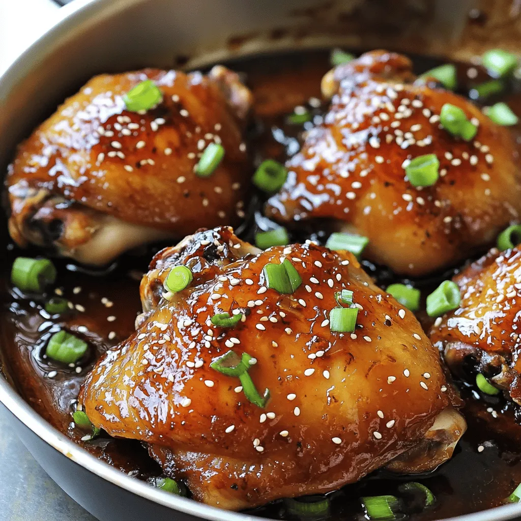 - 4 chicken thighs, bone-in and skin-on - 1/4 cup honey - 1/4 cup soy sauce (low-sodium recommended) - 3 cloves garlic, minced - 1 tablespoon fresh ginger, grated - 1 tablespoon rice vinegar - 2 green onions, chopped - Sesame seeds (optional) When preparing honey garlic glazed chicken thighs, you need quality ingredients to make the dish shine. The chicken thighs are juicy and flavorful, thanks to the skin and bone. Honey adds a sweet touch, while low-sodium soy sauce gives a savory flavor. Garlic and ginger bring warmth and depth to the dish. Rice vinegar adds a bit of tang, balancing the sweetness. For a pretty finish, you can use chopped green onions and sesame seeds. They bring color and a nice crunch. Always choose fresh ingredients for the best taste. This dish is simple yet packed with flavor, making it a favorite in my kitchen. If you want to dive deeper into the recipe, check the Full Recipe for more details. To start, you’ll whisk together these simple ingredients: - 1/4 cup honey - 1/4 cup soy sauce - 3 cloves garlic, minced - 1 tablespoon fresh ginger, grated - 1 tablespoon rice vinegar - 1 teaspoon sesame oil - Salt and pepper to taste Mix them well in a medium bowl. This creates a sweet and savory marinade. The honey gives a nice glaze. The garlic and ginger add a punch of flavor. Next, grab a zip-lock bag or a shallow dish. Place your chicken thighs inside. Pour the marinade over the chicken. Seal the bag or cover the dish tight. Refrigerate for at least 1 hour. If you have time, let it sit overnight. This makes the chicken super tasty. Now it’s time to cook. Preheat your oven to 400°F (200°C). Take the chicken out of the marinade, but keep the marinade for later. In a large oven-safe skillet, heat a tablespoon of oil on medium-high. Place the chicken thighs skin-side down. Sear for 5-7 minutes until the skin is golden brown. This step helps to get a crispy skin. Flip the chicken thighs over. Pour the reserved marinade on top. Now, transfer the skillet to the oven. Roast the chicken for 25-30 minutes. You want it to reach an internal temperature of 165°F (75°C). Once done, let the chicken rest for a few minutes. This helps keep it juicy. Drizzle the pan juices over the chicken before serving. You can garnish with chopped green onions and sesame seeds if you want. For the full recipe, check out the earlier section. Enjoy your meal! To get a crispy skin and rich glaze, start by searing the chicken thighs. Use medium-high heat in a hot skillet to brown the skin well. This step locks in juices and creates that nice texture. After searing, pour the marinade over the chicken. This helps the glaze stick as it cooks. For the best results, bake the chicken skin-side up. This keeps the skin crispy and allows the glaze to caramelize perfectly. When it comes to cooking chicken, two methods stand out: searing and baking. Searing gives you a great crust and flavor. It also helps keep the meat juicy inside. After searing, you finish cooking in the oven. Baking ensures even cooking and lets the chicken soak up the marinade. I find that this combo results in the best flavor. Searing first adds depth, while baking allows the glaze to shine. Marinating chicken is key to great flavor. For a subtle taste, marinate for at least one hour. If you have more time, try marinating overnight. This will deepen the flavor and make it even better. The honey and garlic blend nicely over time, enhancing the dish. Just remember, the longer you marinate, the stronger the flavor. With this honey garlic glaze, you can’t go wrong! For the full recipe, refer to the section above. {{image_2}} You can switch up the sweetener in this dish. Instead of honey, try maple syrup. It gives a nice, rich flavor. Brown sugar is another great option. It adds a hint of caramel taste. Each choice brings its own twist to the dish. Just remember to keep the same amount, so the glaze stays perfect. Oven roasting is classic, but you have other choices. Grilling adds a smoky flavor that many love. Just marinate the chicken as you would for roasting. Then, cook it on a preheated grill for about 6-8 minutes per side. Slow cooking is another fun method. Use a slow cooker to let the chicken soak in the flavors. Cook it on low for 4-6 hours for a tender result. Pair your honey garlic glazed chicken thighs with tasty sides. Steamed rice soaks up the glaze well. You can also serve it with sautéed vegetables for color and crunch. A fresh salad offers a nice balance to the dish. Don’t forget to garnish with green onions and sesame seeds for added flair. For a unique twist, try serving it with a tangy coleslaw or sweet potato fries. To store leftover honey garlic glazed chicken thighs, let them cool first. Place the chicken in an airtight container. This helps keep the chicken moist and tasty. Store it in the fridge for up to three days. If you want to enjoy the chicken later, remember to keep it sealed. Freezing is a great option if you want to keep the chicken longer. Wrap each piece in plastic wrap or aluminum foil. Then, place the wrapped chicken in a freezer bag. Squeeze out as much air as you can. This helps prevent freezer burn. You can freeze the chicken for up to three months. When you're ready to eat, thaw it in the fridge overnight. Reheating your honey garlic glazed chicken thighs can be simple. To keep the flavor and texture, use the oven. Preheat it to 350°F (175°C). Place the chicken on a baking sheet. Cover it with foil to keep it moist. Heat for about 15-20 minutes. You can also use a microwave if you're in a hurry, but the oven gives better results. Enjoy your delicious leftovers! This delightful recipe takes about 1 hour and 15 minutes from start to finish. You will spend around 10 minutes on prep. The chicken needs about 25 to 30 minutes in the oven. Marinating the chicken adds flavor, so let it sit for at least 1 hour or overnight. This will enhance the taste and make the chicken juicy. Yes, you can use boneless chicken thighs. Boneless thighs cook faster, so check them after 20 minutes. They may not be as juicy as bone-in thighs. The bones add flavor and moisture, so keep that in mind. If you prefer boneless, adjust the cooking time for best results. To check if the chicken is cooked, use a meat thermometer. The chicken should reach an internal temperature of 165°F (75°C). Insert the thermometer into the thickest part of the thigh. If you don’t have a thermometer, cut into the chicken. The juices should run clear, not pink. Always ensure your chicken is fully cooked for safety and taste. In this blog post, I shared a simple recipe for honey garlic glazed chicken thighs. We explored the key ingredients, steps to prepare the marinade, and cooking methods. I also provided tips for achieving crispy skin and variations to customize your dish. Remember, you can store leftovers properly and reheat them to keep the delicious flavor. Enjoy making this easy meal that brings great taste to your table. Happy cooking!