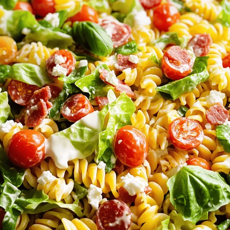 - 8 ounces rotini pasta - 4 slices of turkey bacon (or plant-based bacon) - 1 cup cherry tomatoes, halved - 1 cup romaine lettuce, chopped - ½ cup crumbled feta cheese - ⅓ cup mayonnaise - 2 tablespoons Greek yogurt - 1 tablespoon apple cider vinegar - 1 teaspoon garlic powder - Salt and pepper to taste - Fresh basil leaves - Additional toppings (optional) When I think about a summer side dish, this BLT Pasta Salad is my go-to. It bursts with fresh flavors and is easy to prepare. I love the way rotini pasta holds the dressing and other ingredients. The pasta gives a nice bite, making it a fun addition to any meal. I often use turkey bacon for a lighter twist, but plant-based bacon works just as well. The crispy bacon adds a lovely crunch. Cherry tomatoes bring a sweet pop, while romaine lettuce adds a fresh crunch. Feta cheese brings in a creamy tang that pairs well with the other flavors. The dressing is simple yet tasty. I mix mayonnaise and Greek yogurt for creaminess and a bit of tang. Apple cider vinegar adds a nice zing, while garlic powder gives it depth. Garnishing with fresh basil leaves adds a fragrant touch. You can also get creative with toppings if you like. This salad is perfect for summer picnics or barbecues. For the full recipe, check out the details above. Start by boiling 8 ounces of rotini pasta. Follow the package instructions carefully. Cook until it's al dente, which means it should still be firm. Drain the pasta well after cooking. Rinse it under cold water to stop the cooking process. This step is very important. Rinsing keeps the pasta from becoming mushy. It also helps cool it down. Set the cooled pasta aside in a large bowl. While the pasta cooks, heat a skillet over medium heat. Add 4 slices of turkey bacon to the skillet. Cook the bacon until it gets crispy. This should take about 5-7 minutes. Once done, take it off the heat. Let it cool for a few minutes on a paper towel. This helps absorb extra grease. After cooling, chop the bacon into small pieces. You want bite-sized chunks for your salad. In the large bowl with cooked pasta, add the chopped turkey bacon. Next, toss in 1 cup of halved cherry tomatoes and 1 cup of chopped romaine lettuce. These fresh ingredients add color and crunch. In a small bowl, mix the dressing. Combine ⅓ cup mayonnaise, 2 tablespoons Greek yogurt, 1 tablespoon apple cider vinegar, and 1 teaspoon garlic powder. Add salt and pepper to taste. Whisk it all together until smooth. Pour the dressing over the salad and toss gently. Make sure everything is coated well. Finally, fold in ½ cup of crumbled feta cheese. This gives the salad a creamy texture. Adjust seasoning with salt and pepper if needed. For the best flavor, cover the salad and refrigerate for at least 30 minutes. This allows the flavors to meld. Before serving, add fresh basil leaves for a bright touch. You can find the Full Recipe for detailed steps. You can make this BLT Pasta Salad your own. If you want a vegan option, swap turkey bacon for plant-based bacon. You can also use gluten-free pasta. This way, everyone can enjoy it. Add spices like paprika or herbs like dill to change the flavor. You can also try adding lemon zest for a fresh kick. This salad pairs well with grilled chicken or fish. You can also serve it with crusty bread. Enjoy it chilled for a refreshing taste. If you prefer, it can be served at room temperature, too. Both ways work great for summer picnics or potlucks. To keep the salad fresh, always use ripe tomatoes and crisp lettuce. Buy these ingredients just before you make the salad. This will help keep flavors bright. Make the salad an hour before serving so the flavors blend well. If you let it sit too long, the veggies may wilt. Enjoy the best taste by serving it soon after mixing. {{image_2}} You can switch up the protein in your BLT pasta salad. Chicken, shrimp, or tofu work well. - Chicken: Use grilled or rotisserie chicken for a hearty bite. - Shrimp: Cook shrimp quickly in a pan. Toss them in for a seafood twist. - Tofu: For a plant-based option, use firm tofu. Marinate it for extra flavor. These choices keep the salad fresh and exciting. You can mix and match to find your favorite! The dressing changes the whole salad. You can try yogurt-based or traditional dressings. - Yogurt-based: This option is lighter. It adds creaminess without too many calories. - Traditional: A classic mayonnaise dressing gives a rich flavor. You can also make dressings at home or buy them from the store. Homemade dressings let you control the taste. Store-bought options save time but check the ingredients. Adding local ingredients makes your salad special. You can use what’s fresh in your area. - Local Ingredients: Try seasonal veggies or herbs from your garden. - Flavor Inspirations: Look to other cuisines. A dash of pesto or some spicy salsa can change the vibe. These small changes let you explore flavors from around the world. Your BLT pasta salad can be unique to you! For the full recipe, be sure to check it out. To keep your BLT Pasta Salad fresh, use an airtight container. Glass containers work best. They prevent odors and keep the salad crisp. When storing, cover the salad tightly. This helps avoid drying out the ingredients. Refrigerate the salad right after making it. It is best to chill it for at least 30 minutes. This helps the flavors blend well. If you have leftovers, store them in the fridge. Your BLT Pasta Salad stays fresh for about 3 days in the fridge. After that, the veggies may get soggy. Always check for signs of spoilage. Look for any off smells or changes in color. If the salad looks slimy or smells bad, throw it away. I don’t recommend freezing BLT Pasta Salad. The pasta and veggies can become mushy when thawed. If you must freeze it, pack it tightly in a freezer-safe container. To thaw, place it in the fridge overnight. For best taste, enjoy it fresh. If you want to prepare in advance, try making the pasta and dressing separately. This keeps the salad fresh until serving. You can find the Full Recipe to guide your cooking! To make this BLT Pasta Salad vegetarian, swap turkey bacon for plant-based bacon. You can also use roasted chickpeas for added protein and crunch. If you want more flavor, consider adding smoked paprika or liquid smoke to mimic the taste of bacon. This way, you still get that savory kick without meat. Leftover pasta salad is great for many meals. You can use it as a filling for wraps or sandwiches. Toss it into a fresh green salad for added texture. You can even serve it cold as a side dish to grilled meats or fish. If you want a warm option, heat it gently in a pan and serve it as a pasta dish. Yes, you can prepare this salad ahead of time! Just make sure to store it in an airtight container in the fridge. It tastes even better after a few hours or overnight. The flavors blend well, making it a perfect dish for parties or potlucks. Just add the fresh basil just before serving for a pop of color. This recipe is perfect for meal prep! You can portion it into individual containers for grab-and-go lunches. Just keep the dressing on the side until you’re ready to eat. This helps keep the pasta and veggies fresh and crisp. Store your meal prep containers in the fridge for up to four days. This blog post shared a quick and tasty recipe for BLT Pasta Salad. We covered the key ingredients, such as rotini pasta, turkey bacon, and fresh veggies. You learned how to cook the pasta, prepare the bacon, and mix it all together. I also provided tips on customizing your salad and suggested storage methods. Enjoy making this salad and share it with friends. It’s perfect for any meal and easy to adapt. Have fun experimenting with flavors and making it your own!