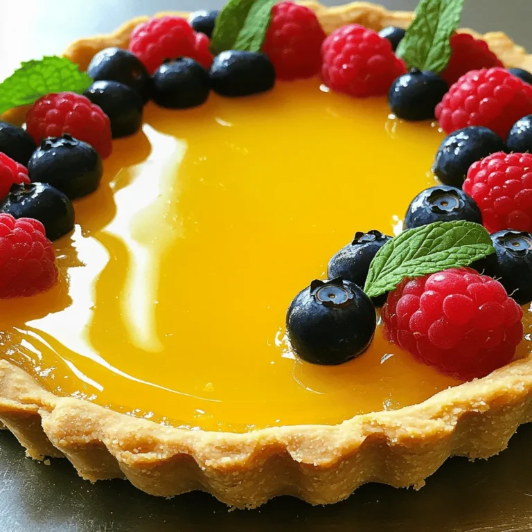 - 1 ½ cups all-purpose flour - ½ cup unsalted butter, softened - 1/3 cup powdered sugar - 1 large egg yolk - 1 tablespoon cold water - 1/4 teaspoon salt - 1 cup granulated sugar - 1/2 cup fresh lemon juice (about 3-4 lemons) - Zest of 2 lemons - 4 large eggs - 1/2 cup unsalted butter, cut into cubes - 1/4 teaspoon turmeric (for color, optional) - Fresh berries (such as raspberries or blueberries) - Mint leaves The tart shell forms the base of this dessert. The butter and sugar mix gives it a sweet flavor. The egg yolk helps bind the dough. The cold water keeps it moist. When you add flour, mix until it forms a soft dough. The lemon curd is the star of this dish. The sugar and lemon juice balance the tartness. The zest adds a bright flavor. The eggs create a creamy texture. The butter makes it rich. You can add turmeric for a sunny hue, but it's not needed. For garnish, fresh berries add color and taste. Mint leaves provide a hint of freshness. This recipe is simple yet elegant. You can find the full recipe to guide you through every step. - Combine softened butter and powdered sugar in a bowl. - Add the egg yolk, cold water, and salt; mix well until smooth. - Gradually incorporate the flour to form a soft dough. - Press the dough evenly into the tart pan. Prick it with a fork. - Refrigerate the tart shell for 30 minutes before baking. - Bake at 350°F (175°C) for 20-25 minutes until lightly golden. - Whisk together the granulated sugar, lemon juice, lemon zest, and eggs in a saucepan. - Cook over medium-low heat, stirring continuously until thickened, about 8-10 minutes. - Stir in the butter until melted and smooth. Adjust color with turmeric if you want. - Pour the lemon curd into the cooled tart shell and smooth the top. - Refrigerate for at least 2 hours to set the curd. - Garnish with fresh berries and mint leaves just before serving. For the full recipe and detailed instructions, check out the [Full Recipe]. - Use butter that is at room temperature for easier mixing. - Chill the dough in the fridge for the best texture. - Stir the mixture continuously to avoid scrambling the eggs. - If you want a sweeter taste, add more sugar to the mix. - Serve the tart with a dollop of whipped cream or fresh fruit. - Pair it with a light dessert wine for a nice touch. {{image_2}} To make meringue, start with egg whites. Whip them until soft peaks form. Gradually add sugar, mixing until stiff peaks form. This means the mixture stands tall. Spread the meringue over the lemon curd. Use a spatula to create peaks for a nice look. Bake at 350°F until golden, about 10 minutes. For perfect meringue, make sure your bowl is clean and dry. Any grease can stop the meringue from rising. Use room temperature egg whites for the best results. Also, avoid overbeating. The texture should be glossy and smooth. Fresh berries add color and flavor. I love using raspberries or blueberries. They work well with the tartness of the lemon curd. You can also use strawberries for a sweet touch. Layer the berries on top of the lemon curd after it sets. Arrange them in a pattern for a beautiful look. You can mix them in the curd if you want a fruity twist. Just be gentle to keep the colors bright. Want to change up the flavor? Substitute lime juice or orange juice for a citrus twist. Both add a new taste while keeping it fresh. You can also add herbs like basil or mint. Try finely chopping basil and mixing it into the lemon curd. This adds a unique flavor that surprises your guests. Each bite will be a fun mix of sweet and herb. To keep your lemon curd tart fresh, wrap it tightly in plastic wrap. You can also use an airtight container. This keeps the tart safe from odors in the fridge. If you have leftovers, store them in the fridge for up to five days. If you want to save it for later, you can freeze it. Just slice the tart, wrap each piece, and place it in a freezer bag. This way, you can enjoy a slice anytime! In the fridge, the lemon curd tart lasts about five days. If frozen, it can last for up to three months. Check for signs of spoilage before eating. If the tart smells off or has a strange color, toss it. If you notice mold, it's best to discard it right away. Most people enjoy lemon curd tart cold, as the flavors shine. If you prefer it warm, gently reheat it. Use an oven set to 300°F (150°C). Heat for about 10 minutes. Keep an eye on it to avoid overcooking. You can serve it warm, but chilling it first enhances its tangy taste. Yes, you can make lemon curd tart ahead of time. I often prepare it a day before serving. This allows the flavors to blend well. Just store it in the fridge until you are ready to enjoy it. If you lack fresh lemons, you can use bottled lemon juice. Use it in a 1:1 ratio. However, fresh lemon juice gives the best flavor. You can also try lime juice for a different taste. A runny lemon curd tart often comes from undercooked lemon curd. Make sure to cook it until it thickens. It should coat the back of a spoon. You can also add more eggs to help it set better. Absolutely! Store-bought pie crust can save you time. Just make sure it fits your tart pan well. This option is perfect for quick prep without losing flavor. You can add fresh berries or mint leaves on top. This gives the tart a pop of color. You could also dust it with powdered sugar for an elegant touch. A drizzle of cream can enhance its beauty too. Traditional lemon curd tart is not gluten-free due to the flour in the crust. To make it gluten-free, use a gluten-free flour blend. You can also find pre-made gluten-free crusts that work well. This lemon curd tart recipe gives you a delightful treat from scratch. We covered the shell, filling, and garnishes. You learned tips for perfecting both the tart and curd. I shared delicious variations to keep it fresh and exciting. Remember, you can decorate with berries or meringue to impress. Enjoy the process of baking, and let your creativity shine. This tart is sure to please any crowd. Happy baking!