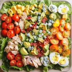 To make a Classic Cobb Salad, you need the following ingredients: - 4 cups romaine lettuce, chopped - 1 cup cherry tomatoes, halved - 1 avocado, diced - 1 cup cooked chicken breast, diced - 4 boiled eggs, quartered - ½ cup blue cheese, crumbled - 4 slices of crispy turkey bacon, chopped - ¼ cup red onion, thinly sliced - ¼ cup olive oil - 2 tablespoons red wine vinegar (or apple cider vinegar) - 1 teaspoon Dijon mustard - Salt and pepper to taste You can swap some ingredients if you want to try new flavors or if you run out. Here are a few ideas: - Use spinach instead of romaine lettuce for a different texture. - Swap cherry tomatoes for diced bell peppers for added crunch. - If you don’t like blue cheese, try feta cheese or goat cheese instead. - Use grilled tofu or chickpeas if you want a vegetarian protein option. A Classic Cobb Salad is not just tasty; it also offers great nutrition. Here’s a breakdown of the benefits: - Calories: About 400 per serving. - Protein: Around 30 grams, mainly from chicken and eggs. - Fat: Approximately 25 grams, with healthy fats from avocado and olive oil. - Fiber: About 8 grams, thanks to the veggies. This salad provides a balance of protein, healthy fats, and fiber, making it a satisfying meal. For the full recipe, check out Crispy Cobb Salad Delight 🥗🥚. First, gather all your ingredients. You need fresh romaine lettuce, ripe cherry tomatoes, and a creamy avocado. Chop the romaine into bite-sized pieces. Next, slice the cherry tomatoes in half. Dicing the avocado into cubes gives a nice texture. If you have raw chicken, cook it and then chop it into small pieces. For the eggs, boil them until hard, then cut them into quarters. Finally, chop the crispy turkey bacon, and slice the red onion very thin. This mix of colors and textures makes the salad exciting. Now let’s make the dressing. In a small bowl, combine ¼ cup of olive oil, 2 tablespoons of red wine vinegar, and 1 teaspoon of Dijon mustard. This mix gives the salad a nice zing. Whisk these ingredients together until they blend well. Add salt and pepper to taste. You can adjust the vinegar based on your flavor preference. If you like it tangy, add a bit more. This dressing is key to making the salad shine. It’s time to put everything together. Start with a large bowl or a platter. Lay down the chopped romaine as your base. Then, create rows of the other ingredients on top. Place the diced chicken, halved cherry tomatoes, and diced avocado in neat lines. Next, add the quartered eggs, crumbled blue cheese, chopped turkey bacon, and thin slices of red onion. This colorful layout looks great. Before you serve, drizzle the dressing over the salad or keep it on the side for guests. Toss gently if you like, but keeping it layered makes it pretty. Enjoy this fresh and flavorful dish! You can find the Full Recipe for more details. To make a great Cobb salad, chop your ingredients carefully. Start with the romaine lettuce. Use a sharp knife to cut it into bite-sized pieces. This gives your salad a nice crunch. Next, halve the cherry tomatoes. This step helps bring out their juicy flavor. For the avocado, slice it in half and remove the pit. Then, scoop it out and dice it. Keep the pieces large enough to see in the salad. For crisp bacon, I suggest using turkey bacon. It cooks fast and stays crisp. Start by heating a skillet over medium heat. Add the bacon slices and cook until they turn golden. Flip them often to get even cooking. Once done, place the bacon on paper towels to absorb excess grease. This keeps your bacon light and crispy for the salad. Fresh ingredients make the best Cobb salad. Always buy fresh produce. Check for bright colors and firm textures. Store your ingredients properly. Keep lettuce in a cool, dark place to avoid wilting. Place tomatoes on the counter, not in the fridge. Avocados should stay at room temperature until they ripen. A great tip is to prepare ingredients just before serving. This way, they stay crisp and vibrant. You can find the complete recipe for this delightful salad in the Full Recipe section. {{image_2}} You can make a tasty vegetarian Cobb salad. Swap the chicken and bacon for roasted chickpeas or grilled tofu. Both add great texture and protein. Use extra veggies like bell peppers or cucumbers for crunch. You can also add nuts for a fun twist. The classic dressing is always good, but you can try different ones, too. A lemon vinaigrette adds a fresh zing. Or, try a creamy avocado dressing for a rich twist. You can even mix in yogurt or buttermilk for creaminess. Each dressing brings out new flavors in the salad. If you want to change the protein, there are many great options. Grilled shrimp or salmon can add a seafood flair. You can also use hard-boiled eggs for a protein boost. For a plant-based option, try lentils or black beans. These swaps keep the salad delicious and satisfying. For a full recipe, check out the Crispy Cobb Salad Delight 🥗🥚. To store leftover Cobb salad, place it in an airtight container. Make sure to separate the dressing. This keeps the salad fresh and crunchy. If you mix the dressing in, the greens may become soggy. Store in the fridge and eat within 2 days for the best taste. Store homemade dressing in a jar with a tight lid. Use it within one week for the best flavor. If you add fresh herbs, use it sooner. They can lose their taste quickly. Keep the dressing in the fridge to stay fresh and safe. Most salad ingredients last about 3 to 5 days in the fridge. Here’s a quick guide: - Romaine lettuce: 3 to 7 days - Cherry tomatoes: 5 to 7 days - Avocado: 1 to 2 days after cutting - Cooked chicken: 3 to 4 days - Boiled eggs: 1 week - Blue cheese: 1 to 2 weeks after opening - Turkey bacon: 1 week after cooking For the freshest salad, use the ingredients as soon as you can. This keeps your Cobb salad crisp and tasty. You can follow the Full Recipe to create this classic dish with fresh ingredients. A Classic Cobb Salad is a hearty dish packed with flavor and texture. It has layers of fresh ingredients, making each bite a delight. Typically, it includes romaine lettuce, cherry tomatoes, avocado, cooked chicken, boiled eggs, blue cheese, and crispy bacon. The salad is known for its colorful presentation and is perfect for any meal. You can find the full recipe in the article. Yes, you can make a Cobb Salad in advance. I recommend preparing the ingredients separately. Store them in airtight containers in the fridge. This keeps them fresh and prevents sogginess. When ready to serve, simply assemble the salad. Drizzle the dressing just before serving to keep everything crisp. A Classic Cobb Salad is nutritious and balanced. It offers protein from chicken and eggs, healthy fats from avocado, and fiber from lettuce and tomatoes. Blue cheese adds flavor, while bacon gives a crunch. This salad is low in carbs and high in vitamins. Eating it can help you feel full and satisfied. You can serve a Cobb Salad with various sides. A warm, crusty bread pairs well for a complete meal. You could also offer a light soup, like tomato or vegetable. If you want more crunch, add some crispy potato chips. A refreshing drink, like iced tea or lemonade, completes the meal nicely. This blog post covered all you need for a great Classic Cobb Salad. We explored the key ingredients, steps to prepare, and tips for the best results. I shared tasty variations and how to store leftovers safely. Finally, remember that salads can be fun and simple. Enjoy creating your Cobb Salad, and don’t hesitate to try new things! Make it your own, and share it with friends and family. Happy eating!