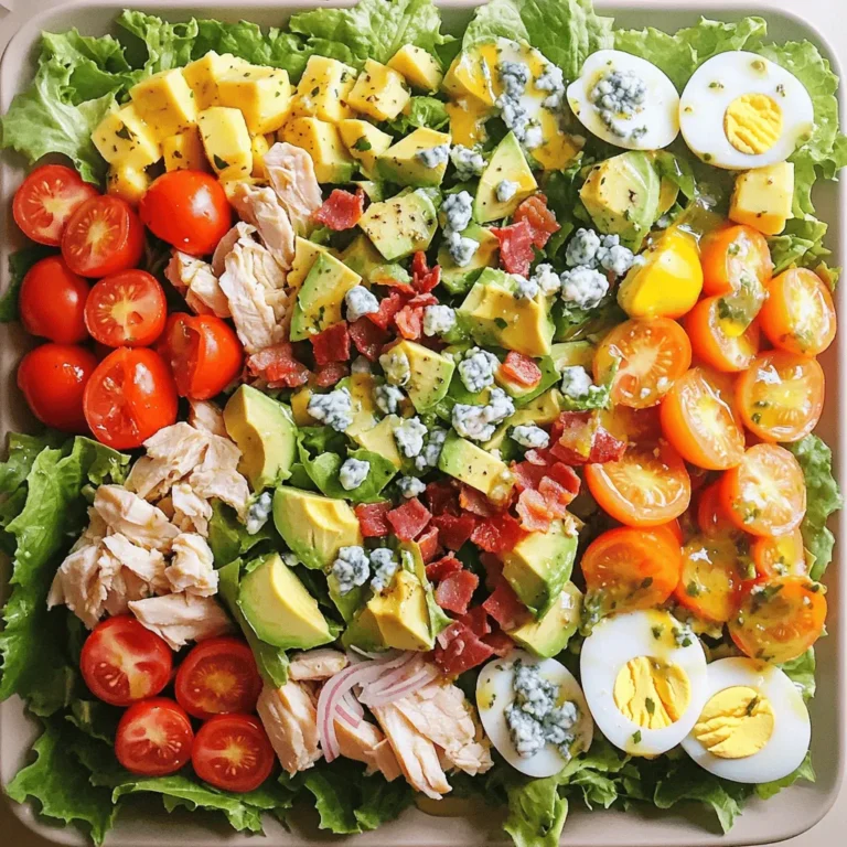 To make a Classic Cobb Salad, you need the following ingredients: - 4 cups romaine lettuce, chopped - 1 cup cherry tomatoes, halved - 1 avocado, diced - 1 cup cooked chicken breast, diced - 4 boiled eggs, quartered - ½ cup blue cheese, crumbled - 4 slices of crispy turkey bacon, chopped - ¼ cup red onion, thinly sliced - ¼ cup olive oil - 2 tablespoons red wine vinegar (or apple cider vinegar) - 1 teaspoon Dijon mustard - Salt and pepper to taste You can swap some ingredients if you want to try new flavors or if you run out. Here are a few ideas: - Use spinach instead of romaine lettuce for a different texture. - Swap cherry tomatoes for diced bell peppers for added crunch. - If you don’t like blue cheese, try feta cheese or goat cheese instead. - Use grilled tofu or chickpeas if you want a vegetarian protein option. A Classic Cobb Salad is not just tasty; it also offers great nutrition. Here’s a breakdown of the benefits: - Calories: About 400 per serving. - Protein: Around 30 grams, mainly from chicken and eggs. - Fat: Approximately 25 grams, with healthy fats from avocado and olive oil. - Fiber: About 8 grams, thanks to the veggies. This salad provides a balance of protein, healthy fats, and fiber, making it a satisfying meal. For the full recipe, check out Crispy Cobb Salad Delight 🥗🥚. First, gather all your ingredients. You need fresh romaine lettuce, ripe cherry tomatoes, and a creamy avocado. Chop the romaine into bite-sized pieces. Next, slice the cherry tomatoes in half. Dicing the avocado into cubes gives a nice texture. If you have raw chicken, cook it and then chop it into small pieces. For the eggs, boil them until hard, then cut them into quarters. Finally, chop the crispy turkey bacon, and slice the red onion very thin. This mix of colors and textures makes the salad exciting. Now let’s make the dressing. In a small bowl, combine ¼ cup of olive oil, 2 tablespoons of red wine vinegar, and 1 teaspoon of Dijon mustard. This mix gives the salad a nice zing. Whisk these ingredients together until they blend well. Add salt and pepper to taste. You can adjust the vinegar based on your flavor preference. If you like it tangy, add a bit more. This dressing is key to making the salad shine. It’s time to put everything together. Start with a large bowl or a platter. Lay down the chopped romaine as your base. Then, create rows of the other ingredients on top. Place the diced chicken, halved cherry tomatoes, and diced avocado in neat lines. Next, add the quartered eggs, crumbled blue cheese, chopped turkey bacon, and thin slices of red onion. This colorful layout looks great. Before you serve, drizzle the dressing over the salad or keep it on the side for guests. Toss gently if you like, but keeping it layered makes it pretty. Enjoy this fresh and flavorful dish! You can find the Full Recipe for more details. To make a great Cobb salad, chop your ingredients carefully. Start with the romaine lettuce. Use a sharp knife to cut it into bite-sized pieces. This gives your salad a nice crunch. Next, halve the cherry tomatoes. This step helps bring out their juicy flavor. For the avocado, slice it in half and remove the pit. Then, scoop it out and dice it. Keep the pieces large enough to see in the salad. For crisp bacon, I suggest using turkey bacon. It cooks fast and stays crisp. Start by heating a skillet over medium heat. Add the bacon slices and cook until they turn golden. Flip them often to get even cooking. Once done, place the bacon on paper towels to absorb excess grease. This keeps your bacon light and crispy for the salad. Fresh ingredients make the best Cobb salad. Always buy fresh produce. Check for bright colors and firm textures. Store your ingredients properly. Keep lettuce in a cool, dark place to avoid wilting. Place tomatoes on the counter, not in the fridge. Avocados should stay at room temperature until they ripen. A great tip is to prepare ingredients just before serving. This way, they stay crisp and vibrant. You can find the complete recipe for this delightful salad in the Full Recipe section. {{image_2}} You can make a tasty vegetarian Cobb salad. Swap the chicken and bacon for roasted chickpeas or grilled tofu. Both add great texture and protein. Use extra veggies like bell peppers or cucumbers for crunch. You can also add nuts for a fun twist. The classic dressing is always good, but you can try different ones, too. A lemon vinaigrette adds a fresh zing. Or, try a creamy avocado dressing for a rich twist. You can even mix in yogurt or buttermilk for creaminess. Each dressing brings out new flavors in the salad. If you want to change the protein, there are many great options. Grilled shrimp or salmon can add a seafood flair. You can also use hard-boiled eggs for a protein boost. For a plant-based option, try lentils or black beans. These swaps keep the salad delicious and satisfying. For a full recipe, check out the Crispy Cobb Salad Delight 🥗🥚. To store leftover Cobb salad, place it in an airtight container. Make sure to separate the dressing. This keeps the salad fresh and crunchy. If you mix the dressing in, the greens may become soggy. Store in the fridge and eat within 2 days for the best taste. Store homemade dressing in a jar with a tight lid. Use it within one week for the best flavor. If you add fresh herbs, use it sooner. They can lose their taste quickly. Keep the dressing in the fridge to stay fresh and safe. Most salad ingredients last about 3 to 5 days in the fridge. Here’s a quick guide: - Romaine lettuce: 3 to 7 days - Cherry tomatoes: 5 to 7 days - Avocado: 1 to 2 days after cutting - Cooked chicken: 3 to 4 days - Boiled eggs: 1 week - Blue cheese: 1 to 2 weeks after opening - Turkey bacon: 1 week after cooking For the freshest salad, use the ingredients as soon as you can. This keeps your Cobb salad crisp and tasty. You can follow the Full Recipe to create this classic dish with fresh ingredients. A Classic Cobb Salad is a hearty dish packed with flavor and texture. It has layers of fresh ingredients, making each bite a delight. Typically, it includes romaine lettuce, cherry tomatoes, avocado, cooked chicken, boiled eggs, blue cheese, and crispy bacon. The salad is known for its colorful presentation and is perfect for any meal. You can find the full recipe in the article. Yes, you can make a Cobb Salad in advance. I recommend preparing the ingredients separately. Store them in airtight containers in the fridge. This keeps them fresh and prevents sogginess. When ready to serve, simply assemble the salad. Drizzle the dressing just before serving to keep everything crisp. A Classic Cobb Salad is nutritious and balanced. It offers protein from chicken and eggs, healthy fats from avocado, and fiber from lettuce and tomatoes. Blue cheese adds flavor, while bacon gives a crunch. This salad is low in carbs and high in vitamins. Eating it can help you feel full and satisfied. You can serve a Cobb Salad with various sides. A warm, crusty bread pairs well for a complete meal. You could also offer a light soup, like tomato or vegetable. If you want more crunch, add some crispy potato chips. A refreshing drink, like iced tea or lemonade, completes the meal nicely. This blog post covered all you need for a great Classic Cobb Salad. We explored the key ingredients, steps to prepare, and tips for the best results. I shared tasty variations and how to store leftovers safely. Finally, remember that salads can be fun and simple. Enjoy creating your Cobb Salad, and don’t hesitate to try new things! Make it your own, and share it with friends and family. Happy eating!
