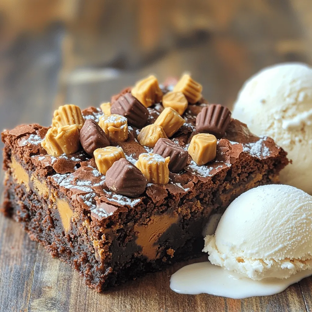 To create the best Peanut Butter Cup Brownies, you need these key ingredients: - 1 cup unsalted butter - 2 cups granulated sugar - 4 large eggs - 1 teaspoon vanilla extract - 1 cup all-purpose flour - 1 cup unsweetened cocoa powder - 1/2 teaspoon baking powder - 1/2 teaspoon salt - 1 cup creamy peanut butter - 1 cup mini chocolate peanut butter cups, chopped These ingredients work together to give the brownies a rich, fudgy texture and a delightful peanut butter flavor. You can add fun toppings to make these brownies even more special: - Chopped nuts like walnuts or pecans - Additional chocolate chips - Drizzled chocolate or caramel sauce - A sprinkle of sea salt These toppings add unique flavors and textures to each bite. If you need to swap out some ingredients, here are a few ideas: - Use coconut oil instead of butter for a dairy-free option. - Replace granulated sugar with brown sugar for a deeper flavor. - For a gluten-free version, use almond flour or a gluten-free flour blend. These substitutions let you customize the recipe to fit your diet and taste preferences. For the full recipe, check out the detailed steps provided above. To make these Peanut Butter Cup Brownies, start by gathering your ingredients. You will need: - 1 cup unsalted butter - 2 cups granulated sugar - 4 large eggs - 1 teaspoon vanilla extract - 1 cup all-purpose flour - 1 cup unsweetened cocoa powder - 1/2 teaspoon baking powder - 1/2 teaspoon salt - 1 cup creamy peanut butter - 1 cup mini chocolate peanut butter cups, chopped 1. Preheat your oven to 350°F (175°C). Grease a 9x13 inch baking pan or line it with parchment paper for easy removal. 2. In a large saucepan, melt the butter over medium heat. Once melted, stir in the sugar until well combined. 3. Add the eggs one at a time, mixing well after each addition. Then, stir in the vanilla extract. 4. In a separate bowl, sift together the flour, cocoa powder, baking powder, and salt. 5. Gradually add the dry ingredients to the wet mixture. Stir gently until just combined. Be careful not to overmix. 6. Fold in the chopped mini peanut butter cups into the brownie batter for that delightful surprise in every bite. 7. Pour the brownie batter into the prepared baking pan. Smooth the top with a spatula. 8. In a small bowl, microwave the peanut butter for about 20-30 seconds. This makes it easy to drizzle. 9. Drizzle the melted peanut butter over the brownie batter. Use a knife or skewer to create swirls throughout the batter. 10. Bake for 25-30 minutes. A toothpick inserted into the center should come out with a few moist crumbs. 11. Let the brownies cool in the pan for at least 10 minutes before slicing into squares. To ensure your brownies have the best texture, follow these tips: - Do not overmix the batter. This can lead to dry brownies. - Use room temperature eggs. They mix better and create a smoother batter. - Make sure your butter is fully melted for a nice, fudgy texture. You can tell when your brownies are done by looking for these signs: - The edges will pull away slightly from the pan. - The top will look set and may have small cracks. - When you insert a toothpick, it should come out with a few moist crumbs, not wet batter. These simple steps will help you create rich and delicious brownies that everyone will love. For the full recipe, check the earlier sections! To bake moist brownies, start with melted butter. It helps keep the brownies rich and soft. Use fresh eggs to ensure a light texture. Make sure you mix well but don’t overdo it. Stir until the flour disappears. This keeps the brownies from getting too tough. A common mistake is overbaking. Keep an eye on your brownies. Check them at 25 minutes. Insert a toothpick; it should come out with a few moist crumbs. Another mistake is not using parchment paper. It makes removal easy and keeps the edges from sticking. Serve your brownies warm for the best flavor. A scoop of vanilla ice cream on top makes it extra special. You can also add a drizzle of chocolate sauce for more sweetness. For a fun twist, pair them with fresh strawberries or raspberries. They add a fresh taste that balances the rich brownie. For the full recipe, check out the Peanut Butter Cup Brownies section. {{image_2}} You can mix things up with different types of peanut butter cups. Try using dark chocolate or even white chocolate peanut butter cups. Each type adds its own unique flavor. This makes your brownies even more special. You can also try mini cups or full-sized ones for a fun twist. The more creative you get, the more exciting your brownies become. Adding nuts or chocolate chips can enhance the texture and flavor of your brownies. Walnuts or pecans add a nice crunch. You can also mix in semi-sweet or milk chocolate chips for an extra chocolatey treat. Just fold them into the batter before pouring it into the pan. This simple step can take your brownies to a new level of yum. If you need gluten-free brownies, swap the all-purpose flour for almond or coconut flour. You can also use gluten-free baking blends. For a vegan version, replace eggs with flaxseed meal mixed with water. Use a plant-based butter or coconut oil instead of regular butter. These changes keep the brownies tasty while catering to different diets. Check out the Full Recipe for specific ingredient swaps to make your baking experience easier. To keep your peanut butter cup brownies fresh, store them in an airtight container. This helps keep them moist and flavorful. You can layer parchment paper between the brownies to prevent sticking. If you plan to eat them within a few days, keep them at room temperature. If you need to store them longer, the fridge is a good option. Just remember, cold brownies can become a bit firmer. You can freeze brownies for up to three months. To freeze, wrap them tightly in plastic wrap, then place them in a freezer-safe bag. When you want to enjoy them, let them thaw in the fridge overnight. For a warm treat, you can reheat them in the microwave for about 15 seconds. Just be careful not to overheat, or they may dry out. Properly stored brownies can last for about a week at room temperature. In the fridge, they can last up to two weeks. Look for signs of spoilage like a dry texture, off smell, or mold. If you notice any of these signs, it’s best to discard them. To keep your brownies tasting fresh, only slice what you plan to eat right away. For the full recipe, check the instructions above. These brownies are unique because they blend rich chocolate and creamy peanut butter. The mini peanut butter cups add a delightful surprise in every bite. This combination creates a flavor that stands out. The texture is fudgy and moist, which makes them extra special. These brownies are not just any dessert; they are an indulgence. Yes, you can use smooth peanut butter instead of chunky. Smooth peanut butter will give a creamy texture throughout the brownies. If you love the crunch, chunky peanut butter is a great choice. Both will taste amazing, so pick what you enjoy most. Just remember to use the same amount in the recipe. To check if your brownies are done, insert a toothpick into the center. If it comes out with a few moist crumbs, they are ready. If it comes out clean, they may be overbaked. The edges should look set while the center remains slightly soft. Trust your instincts and keep an eye on them as they bake. For the full recipe, refer back to the section above. In this blog post, we explored how to make peanut butter cup brownies. We discussed key ingredients, optional toppings, and how to substitute items. The step-by-step guide ensured your brownies have the perfect texture. I shared tips to avoid common mistakes and suggested delicious serving ideas. With variations, you can customize your brownies to your taste. Lastly, we covered how to store them for freshness. Remember, these brownies are fun to make and share! Enjoy the process and have fun experimenting!