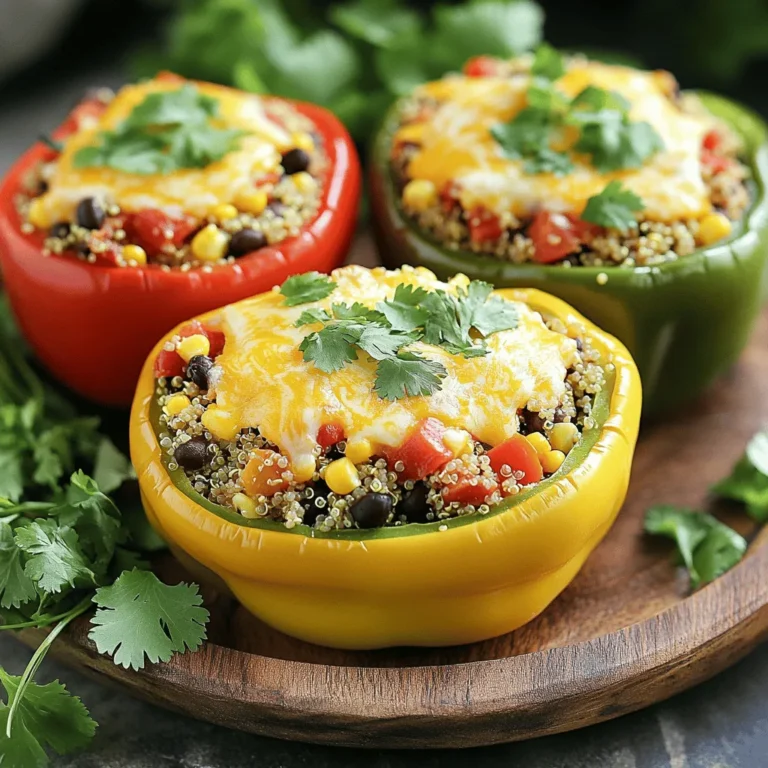 - 4 large bell peppers (any color) - 1 cup cooked quinoa - 1 can (15 oz) black beans, drained and rinsed - 1 cup corn kernels (fresh or frozen) - 1 cup diced tomatoes (canned or fresh) - 1 teaspoon cumin - 1 teaspoon smoked paprika - ½ teaspoon chili powder - 1 cup shredded cheese (cheddar or pepper jack) - 2 tablespoons olive oil - Salt and pepper to taste - Fresh cilantro, for garnish These ingredients come together to create a tasty and filling dish. Quinoa offers protein and fiber, while black beans add texture. Bell peppers provide a great vessel for all this goodness. - Ground meat (beef, turkey, or chicken) - Zucchini or spinach for added veggies - Different types of beans (kidney or pinto) - Various cheese options (mozzarella or feta) - Hot sauce or salsa for a kick Feel free to mix and match these ingredients! Adding ground meat can make the dish heartier. Extra veggies boost nutrition and color. Each serving of stuffed bell pepper boats contains: - Calories: Approximately 350 - Protein: 15 grams - Carbohydrates: 50 grams - Fat: 10 grams - Fiber: 12 grams These peppers are a balanced meal. They pack protein, fiber, and healthy fats. You can enjoy this dish guilt-free, knowing it's both delicious and nutritious. For the full recipe, check out the earlier section. First, gather all your ingredients. You need bell peppers, quinoa, black beans, corn, tomatoes, spices, cheese, olive oil, salt, and pepper. 1. Preheat your oven to 375°F (190°C). This step is key for a nice bake. 2. Prepare the peppers. Cut the tops off your bell peppers. Remove seeds and membranes. This forms the boat shape. 3. Oil the inside. Drizzle a bit of olive oil inside each pepper. This adds flavor and helps with cooking. 4. Make the filling. In a bowl, mix cooked quinoa, black beans, corn, diced tomatoes, cumin, smoked paprika, chili powder, salt, and pepper. Stir until it's all combined and colorful. 1. Fill the peppers. Spoon the filling into each pepper. Press gently to pack it in. 2. Add cheese. Sprinkle half of the shredded cheese over the filling in each pepper. Top with the rest of the cheese. 3. Bake covered. Place the peppers upright in a baking dish. Cover the dish with aluminum foil. Bake for 25 minutes. 4. Bake uncovered. Remove the foil and bake for another 10 minutes. You want the peppers soft and cheese bubbly. 5. Cool and serve. After baking, let them cool for a few minutes. Garnish with fresh cilantro before serving. Watching a video can help you see each step. Look for videos that show the cutting, filling, and baking of stuffed bell peppers. You can find great resources on cooking channels or recipe websites. These guides can make the process even clearer and more fun. For the full recipe, check your favorite cooking platform. To make the best stuffed peppers, start with firm, fresh bell peppers. Choose large ones for easy filling. Cut off the tops carefully to make boats. Remove all seeds and membranes. This helps the peppers cook evenly. Lightly oil the inside to add flavor and keep them moist. Baking at 375°F (190°C) works well. Cover your dish with foil for the first half of cooking. This helps steam the peppers and keeps them tender. Remove the foil later to brown the cheese. For a nice presentation, let the peppers sit for a few minutes before serving. To boost flavor, try adding fresh herbs like basil or parsley. You can also mix in diced onions or garlic for depth. If you like heat, add more chili powder or some diced jalapeños. For a smoky taste, use smoked cheese or add more smoked paprika. Don't forget to taste your filling before stuffing. Adjust salt and pepper as needed. A squeeze of lime juice can brighten the dish. Consider adding a dash of hot sauce for an extra kick. Sometimes, peppers may not cook evenly. This can happen if they are uneven in size. To fix this, choose peppers of similar size. If the filling is too dry, add a splash of broth or extra tomatoes. If your cheese doesn't melt well, cover the dish with foil again for a few minutes. This helps trap heat and moisture. If the peppers are too tough, they may need longer cooking time. Just bake them a bit more until they are tender. For more detailed instructions and variations, check out the Full Recipe. {{image_2}} You can make stuffed bell peppers with many different fillings. If you want meat, ground beef or turkey works great. Just cook the meat first, then mix it with the other ingredients. For a vegetarian option, use extra beans or lentils. If you prefer vegan, skip the cheese and add more veggies, like mushrooms or zucchini. You can even stuff them with rice instead of quinoa. Cheese adds a creamy touch, but there are many options. You can use dairy-free cheese for a vegan choice. Feta or goat cheese can add a nice tang if you like strong flavors. You might also try cream cheese for a rich twist. For extra toppings, consider crushed tortilla chips or breadcrumbs. These add crunch and texture, making your meal even more enjoyable. Seasonal veggies can spice up your stuffed peppers. In summer, add fresh basil and diced zucchini. In fall, try pumpkin puree and sage for a cozy taste. For a regional twist, make a Mexican version by using taco seasoning and adding black olives or avocado. An Italian version could include marinara sauce and Italian herbs. These variations keep your meals fun and exciting. Check out the Full Recipe for more ideas and tips! After enjoying your stuffed bell pepper boats, store any leftovers in an airtight container. Place the container in the fridge. They should last for about three to four days. To keep the flavors fresh, separate the peppers from any extra sauce or toppings. This prevents sogginess and helps maintain texture. When you're ready to enjoy your leftovers, preheat the oven to 350°F (175°C). Place the stuffed peppers in a baking dish. Cover them with foil to retain moisture. Heat them for about 15 to 20 minutes. If you prefer, you can also use the microwave. Heat on medium power for about 2 to 3 minutes, checking halfway through. You can freeze stuffed bell pepper boats for later meals. First, let them cool completely. Wrap each pepper in plastic wrap and then in foil. This helps prevent freezer burn. They can last up to three months in the freezer. When you’re ready to eat, thaw them overnight in the fridge. Reheat them in the oven or microwave as mentioned above. Enjoy a tasty meal that’s ready in no time! The best bell pepper colors for stuffing are red, yellow, and green. Each color has a unique taste. Red peppers are the sweetest. Yellow peppers have a mild flavor. Green peppers taste more bitter. I often use a mix for color and taste. Yes, you can make the filling ahead of time. Prepare it and store it in the fridge. Just remember to fill the peppers before baking. This helps keep them fresh. You can also freeze the filling for later use. Just thaw it before stuffing the peppers. You know the stuffed peppers are done when they are tender. The cheese should be bubbly and golden brown. Check with a fork for softness. If it goes in easily, they are ready. Let them cool a bit before serving. Enjoy your meal! For the full recipe, check out the details above. We covered the key parts of making delicious stuffed bell pepper boats. You learned what ingredients to use and how to prepare them. I shared helpful steps and cooking tips. You can also try different fillings and variations for your taste. Storing leftovers properly ensures you enjoy them later. Remember, cooking can be fun and easy! Explore your options and make this dish your own. Enjoy every bite and share with friends!