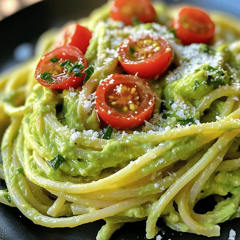 To make delicious creamy avocado pasta, gather these ingredients: - 2 ripe avocados, pitted and peeled - 2 cloves garlic, minced - 1 tablespoon lemon juice - ¼ cup fresh basil leaves - ½ cup Greek yogurt - Salt and pepper to taste - 12 ounces spaghetti or your pasta of choice - 2 tablespoons olive oil - ¼ teaspoon red pepper flakes (optional) - Cherry tomatoes, halved (for garnish) - Grated Parmesan cheese (optional for serving) These simple ingredients create a rich, creamy sauce. The ripe avocados are key to a smooth texture. Garlic adds a nice kick, while lemon juice brightens the dish. Fresh basil brings a burst of flavor that pairs well with the avocado. Greek yogurt adds creaminess and protein, making your meal satisfying. When choosing pasta, spaghetti works great, but feel free to use your favorite kind. Olive oil helps blend the flavors, and red pepper flakes can add a bit of heat if you like spice. For a pretty touch, top your pasta with halved cherry tomatoes and some grated Parmesan. For the full recipe, check out the easy steps I’ve provided. Enjoy making this tasty dish! To start, fill a large pot with water and add a pinch of salt. Bring it to a boil. Once boiling, add 12 ounces of spaghetti or your favorite pasta. Stir it well to prevent sticking. Cook the pasta according to the package directions until it is al dente. This means it should be firm but not hard. Tips for achieving al dente texture: - Taste the pasta a minute or two before the time is up. - You want it to have a slight bite. - Reserve ½ cup of pasta water before draining the pasta. Next, grab your food processor. In it, combine: - 2 ripe avocados, pitted and peeled - 2 cloves garlic, minced - 1 tablespoon lemon juice - ¼ cup fresh basil leaves - ½ cup Greek yogurt - Salt and pepper to taste Blend these ingredients until the mix is smooth and creamy. If the sauce seems too thick, add a bit of the reserved pasta water. This helps adjust the consistency to your liking. Now, it’s time to bring it all together. Heat 2 tablespoons of olive oil in a large skillet over medium heat. Add the cooked pasta and toss it in the oil to coat it well. Lower the heat and pour in the creamy avocado sauce. Stir it all together gently. You want the sauce to warm up without cooking. If you like some heat, add ¼ teaspoon red pepper flakes. Taste and adjust seasoning with more salt and pepper if needed. Serve it right away. Garnish your pasta with halved cherry tomatoes and sprinkle on grated Parmesan cheese if you choose. Enjoy this delightful dish! For the complete cooking guide, check out the Full Recipe. To get that smooth, creamy texture, start with ripe avocados. They should feel soft when you gently press them. If they are hard, wait a few days. For blending, I recommend using a high-speed blender or a food processor. These tools make the process quick and easy. If you don’t have these, a hand mixer will work too, but it may take longer. Adding herbs and spices can really boost your dish. Fresh basil is key here, but you can also try parsley or cilantro. A pinch of salt and pepper brings out the flavors. To balance the creamy taste, add a splash of acidity. Lemon juice does a great job. It brightens the dish and cuts through the richness of the avocado. You might also add a bit of vinegar for extra zing. Creamy avocado pasta pairs well with fresh salads or garlic bread. A simple side salad with greens and tomatoes complements the dish nicely. If you want to meal-prep, this pasta stays tasty when served cold. Just store it in the fridge, and it will be ready for lunch or dinner later. Enjoy this creamy avocado pasta hot or cold, and you won’t be disappointed! For the full recipe, check out the previous section. {{image_2}} For a vegan twist, you can swap Greek yogurt with dairy-free yogurt. This keeps the creamy texture without using animal products. You can also try using silken tofu blended until smooth. This option adds protein and keeps it light. For toppings, consider using toasted nuts or seeds. They add crunch and flavor. Fresh herbs like cilantro or mint can brighten the dish. You might also enjoy adding avocado slices on top for extra creaminess. Looking to add protein? Chicken, shrimp, or tofu work great in this dish. Cook chicken or shrimp until golden. Toss them with the pasta before adding the sauce. This way, the flavors meld nicely. If you prefer tofu, use firm or extra-firm tofu. Sauté it until crispy, then mix it with the pasta. This keeps the flavor strong and satisfying without losing the creamy feel. To make your pasta even more exciting, switch up your herbs. Try cilantro or parsley for a fresh taste. Chopped basil is another great option. It pairs well with the creamy avocado sauce. You can add sun-dried tomatoes for a sweet and tangy kick. Spinach is another good choice. Just toss in fresh spinach as you mix the pasta to add color and nutrients. Try these variations to make your creamy avocado pasta unique and delicious! For the full recipe, check back at the beginning of the article. To store leftovers, place the creamy avocado pasta in an airtight container. This keeps it fresh for up to three days. For the best taste, try to eat it within two days. To prevent the avocado sauce from browning, sprinkle a bit more lemon juice on top. This helps slow down oxidation. You can also press plastic wrap directly onto the sauce's surface before sealing the container. You can freeze creamy avocado pasta for up to a month. To do this, let the pasta cool completely before placing it in a freezer-safe bag. Remove as much air as possible to avoid freezer burn. When you want to eat it, thaw the pasta overnight in the fridge. Then, reheat it gently in a skillet over low heat. Add a splash of water or olive oil to help it warm up without sticking. Yes, you can make creamy avocado pasta ahead of time. To prepare it in advance, follow these tips: - Cook the pasta and make the sauce separately. - Store the sauce in an airtight container. This helps keep it fresh. - Keep the pasta in another container. Mix them just before serving. - If you want to reheat the pasta, do so gently. Add a splash of water to keep it moist. If you need a substitute for Greek yogurt, try these options: - Use dairy-free yogurt made from coconut or almond. - Silken tofu blended until smooth can work well too. - For a tangy taste, try sour cream or buttermilk. - Each option will change the flavor slightly, so pick what you like best. To keep your avocado sauce from browning, use these strategies: - Add lemon juice to the sauce. The acid helps slow browning. - Store it in an airtight container with plastic wrap pressed against the surface. - You can also cover it with a thin layer of water before sealing. Drain before using. - Use the sauce right after making it for the best color. Creamy avocado pasta is quite healthy. Here are some benefits of the main ingredients: - Avocados are packed with healthy fats and fiber. - They support heart health and help keep you full. - Greek yogurt adds protein and calcium for strong bones. - Fresh basil provides vitamins and antioxidants, boosting your immune system. For the full recipe, check out the provided link. Enjoy your cooking! You've learned how to make a creamy avocado pasta dish. We covered the key ingredients, step-by-step instructions, and helpful tips. You can customize your meal with variations and store leftovers like a pro. Remember, cooking is fun! Feel free to experiment with flavors and textures. I hope you enjoy this dish as much as I do. Happy cooking!