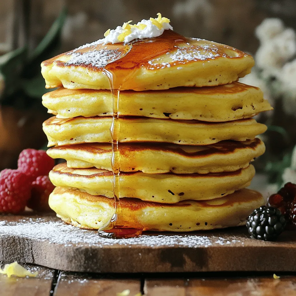 To make these tasty Lemon Ricotta Pancakes, gather the following key ingredients: - 1 cup ricotta cheese - 1 cup all-purpose flour - 1/4 cup sugar - 1/2 teaspoon baking powder - 1/4 teaspoon baking soda - 1/4 teaspoon salt - 2 large eggs - 1 cup milk (whole or 2%) - Zest of 1 lemon - 2 tablespoons fresh lemon juice - 1 teaspoon vanilla extract - Butter or oil for cooking These ingredients come together to create a fluffy, rich pancake. The ricotta cheese adds creaminess, while the lemon zest and juice bring bright flavor. You can enhance your pancakes with a few optional ingredients. Consider adding: - Fresh berries (like blueberries or strawberries) - Chopped nuts (such as walnuts or pecans) - A sprinkle of cinnamon or nutmeg - A dollop of Greek yogurt or whipped cream These additions can add texture and flavor. They also make your pancakes look delightful. To ensure your Lemon Ricotta Pancakes are the best they can be, pick quality ingredients. Here are some tips: - Ricotta Cheese: Look for fresh, creamy ricotta. Avoid dry or grainy types. - Milk: Use whole or 2% milk for a rich texture. - Lemons: Choose firm, bright lemons. Fresh zest makes a big difference. - Eggs: Use large, fresh eggs for the best rise. Using high-quality ingredients elevates your pancake game. Good ingredients lead to delicious results, so choose wisely! For the full recipe, check the details above. To make the batter, start by gathering your ingredients. In a large bowl, whisk together the ricotta cheese, eggs, milk, lemon juice, lemon zest, and vanilla extract. Mix until it is smooth. In another bowl, sift the flour, sugar, baking powder, baking soda, and salt. This process helps to mix the dry ingredients well and adds air, making your pancakes light. Next, slowly add the dry mixture to the wet mixture. Use a spatula to fold them together gently. Stop mixing when you still see a few lumps. This helps keep the pancakes fluffy. Heat a non-stick skillet over medium heat. Add a small amount of butter or oil to the pan. Pour about 1/4 cup of batter onto the skillet for each pancake. Cook until bubbles form on the surface, and the edges look set, which takes about 3–4 minutes. When ready, flip the pancake. Cook the other side for 2–3 minutes until it turns golden brown. Repeat this process with the remaining batter, adding more butter or oil as needed. Serve your lemon ricotta pancakes warm. They taste great with fresh berries, a drizzle of maple syrup, or a light dusting of powdered sugar. You can also add a side of yogurt for creaminess. If you want to try something different, mix in some nuts or granola on top for added crunch. For the full recipe, check out the complete details above. Enjoy every bite! To make your pancakes light and fluffy, focus on the batter. Start by mixing the wet and dry ingredients separately. When you combine them, mix gently. Over-mixing can make pancakes dense. You want a few lumps in the batter. This will keep them airy. Add the ricotta at the start for creamy texture. The ricotta adds richness and moisture. The lemon zest brightens the flavor. This combination creates a delightful pancake. One common mistake is cooking on too high heat. If the heat is too high, pancakes can burn on the outside and stay raw inside. Keep the heat at medium. Another mistake is not letting the batter rest. Letting it sit for about 5 minutes helps the gluten relax. This results in a softer pancake. Also, don’t skip the baking powder. It helps the pancakes rise. Without it, they will be flat and dense. To keep your pancakes warm, use an oven. Preheat it to 200°F (90°C). Place cooked pancakes on a baking sheet in the oven. This keeps them warm while you cook the rest. You can also cover them with a clean kitchen towel. This traps heat and prevents them from drying out. Serve them warm with your favorite toppings. For more details, check the Full Recipe. {{image_2}} You can easily switch up the flavors in your lemon ricotta pancakes. For example, adding blueberries makes them fruity and sweet. Just fold in a cup of fresh or frozen blueberries into the batter. If you like chocolate, mix in some chocolate chips. They melt and create little pockets of goodness. Nuts, like chopped walnuts or pecans, add crunch to each bite. You can even add spices like cinnamon for warmth. Let your taste buds guide you! To make gluten-free lemon ricotta pancakes, simply swap the all-purpose flour. Use a gluten-free flour blend instead. These blends often include rice flour and tapioca starch. They give a similar taste and texture. Be sure to check the blend for best results. This will keep your pancakes fluffy while keeping gluten away. You won’t lose any of the deliciousness. If you want a dairy-free option, use dairy-free ricotta. You can find this in stores, or you can make your own using tofu and lemon juice. For the milk, almond or oat milk works well. Just remember to choose unsweetened versions to control the sweetness. These small changes can help you enjoy lemon ricotta pancakes without dairy. They remain delicious and enjoyable! For the complete recipe, you can refer to the Full Recipe mentioned earlier. After enjoying your lemon ricotta pancakes, you may have some left. To store them, let the pancakes cool completely. Stack them with a piece of parchment paper between each pancake. Place the stack in an airtight container. Store it in the fridge for up to three days. This way, they stay fresh and tasty. When you want to eat the pancakes again, reheating is simple. You can use a microwave or a skillet. For the microwave, place a pancake on a plate and heat it for about 20-30 seconds. If you prefer a skillet, heat it on low with a little butter. Cook each side for about a minute until warm. This keeps the pancakes fluffy and moist. Freezing pancakes is a great option for later. After cooling, stack the pancakes with parchment paper in between. Wrap the stack tightly in plastic wrap and then place it in a freezer bag. You can freeze them for up to two months. When you're ready to eat, thaw them overnight in the fridge. Then, reheat them as mentioned above. Enjoy your delicious lemon ricotta pancakes anytime! For the full recipe, check out the Lemon Ricotta Pancakes section above. You can serve lemon ricotta pancakes with many tasty options. Fresh berries add color and flavor. Try strawberries, blueberries, or raspberries for a sweet touch. Maple syrup is a classic choice. It pairs well with the lemon flavor. You might also enjoy whipped cream for extra creaminess. A dusting of powdered sugar makes them look fancy. For a health boost, add a dollop of yogurt or some nuts. Yes, you can make this recipe ahead of time. You can prepare the batter and store it in the fridge. Just cover it tightly with plastic wrap. This keeps it fresh for up to 24 hours. When you're ready to cook, just stir the batter gently. If the batter is too thick, add a bit of milk. You can also make the pancakes and store them. Just let them cool and place them in an airtight container. Lemon ricotta pancakes are special because they use ricotta cheese. This cheese adds creaminess and a rich taste. The lemon zest and juice give them a bright flavor. Regular pancakes are usually made with just flour, eggs, and milk. Lemon ricotta pancakes are lighter and fluffier. The ricotta helps them rise, making them soft. They are a delicious twist on a classic breakfast favorite. For the full recipe, check out the section above. In this post, I explored how to make lemon ricotta pancakes. I covered key ingredients and helpful tips for choosing quality items. You learned step-by-step instructions, from preparing the batter to serving ideas. I shared tricks to perfect pancake texture and how to avoid mistakes. I discussed variations, storage methods, and answered common questions. Lemon ricotta pancakes offer a tasty twist on a classic dish. Try them today for a delightful breakfast or brunch option.