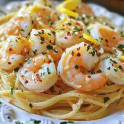 - 1 pound large shrimp, peeled and deveined - 4 tablespoons unsalted butter - 4 tablespoons olive oil - 6 cloves garlic, minced - 1 teaspoon red pepper flakes (adjust to taste) - 1 lemon, zested and juiced - Salt and pepper to taste - 1 pound spaghetti or linguine - Fresh parsley, chopped for garnish - Grated Parmesan cheese for serving (optional) For this Easy Garlic Shrimp Scampi, you need key ingredients. Fresh shrimp makes a big difference. You can use large shrimp, which cook quickly and taste great. Butter and olive oil create a rich sauce. Garlic adds flavor, and red pepper flakes give a nice kick. The lemon juice brightens everything up. Don't forget salt and pepper for taste. If you want alternatives, you can swap the pasta. Zoodles or gluten-free pasta work well. For garlic, use garlic powder if fresh isn't available. These swaps help make the dish fit your needs. It still tastes good and feels special. This dish serves about four people. Each serving has around 400 calories. The shrimp adds protein, and the pasta provides carbs. For dietary needs, you can make this gluten-free. You can also skip the cheese for a dairy-free option. Just adjust the ingredients to fit your diet and enjoy! You can find the full recipe in the article above for easy reference. To cook your spaghetti or linguine, fill a large pot with water. Add a pinch of salt and bring it to a boil. Once boiling, add your pasta. Cook according to the package directions, usually about 8-10 minutes. You want the pasta to be al dente, firm but not hard. This gives the best texture. Before draining, reserve a cup of pasta water. This water is like gold for your sauce. It helps adjust the sauce later. For the best garlic flavor, use fresh garlic cloves. Mince them finely. In a large skillet, add butter and olive oil. Heat them on medium heat until hot. Once hot, add the minced garlic and red pepper flakes. Sauté for 1-2 minutes. Watch the garlic closely. You want it to be fragrant but not brown. Burnt garlic tastes bitter and ruins the dish. Add your shrimp to the skillet after cooking the garlic. Season them with salt and pepper. Cook for 3-4 minutes, turning them often. You know the shrimp are done when they turn pink and opaque. Avoid overcooking them; this makes them tough. Perfectly cooked shrimp are tender and juicy, a true delight. Once the shrimp are cooked, add your lemon zest and juice to the skillet. Toss in your drained pasta and mix well. The pasta needs to soak up that lovely garlic sauce. If it seems too dry, add some of the reserved pasta water. This helps create a silky sauce that clings to the pasta. Stir until everything is well combined, and your dish is ready to serve. For the full recipe, check out [Full Recipe]. - Always use fresh shrimp for the best taste. - Thaw frozen shrimp overnight in the fridge. - Cook shrimp quickly over medium heat. - Look for shrimp that turn pink and opaque. - Don't crowd the pan; cook in batches if needed. - Add fresh herbs like parsley or basil for extra flavor. - A squeeze of lemon brightens the dish. - Use high-quality olive oil for the best taste. - Experiment with spices like paprika or oregano. - Fresh garlic gives a stronger taste than garlic powder. - Pair with a crisp green salad for freshness. - Garlic bread makes a great side for scooping sauce. - Serve with white wine, like Sauvignon Blanc, for a nice match. - Sparkling water with lemon is a fun non-alcoholic option. - Top with grated Parmesan cheese for a rich finish. For complete details on making this dish, check out the Full Recipe. {{image_2}} You can easily adjust this dish to fit your diet. To make it low-carb, try using zucchini noodles instead of pasta. Simply spiralize the zucchini and sauté it briefly. It gives you a fresh taste without the carbs. For a vegan option, use plant-based shrimp and vegan butter. These swaps keep the dish tasty, while meeting your dietary needs. Want to mix things up? You can add other ingredients to boost flavor. Toss in spinach for a pop of color and nutrients. Sun-dried tomatoes also add a nice tang. Adjust the spice level by adding more or less red pepper flakes. This way, you can make it just as spicy as you like. You can give this dish a fun twist by changing the pasta. Try different shapes like penne or farfalle for an Italian-style meal. For a Mediterranean vibe, add capers or olives. These ingredients add depth and a unique flair to your Easy Garlic Shrimp Scampi. Check out the Full Recipe for more details on how to create these variations. To keep your garlic shrimp scampi fresh, you need to store it properly. First, let the dish cool down to room temperature. Then, transfer it to an airtight container. Use glass or plastic containers that seal well. This helps keep the flavors intact. You can store it in the fridge for up to three days. When it's time to enjoy your leftovers, you want to reheat them without overcooking the shrimp. The best way is to use a stovetop. Heat a non-stick skillet over low heat. Add a splash of olive oil or butter. This helps the shrimp stay moist. Stir gently until warmed through. Microwaving can make shrimp tough. If you use a microwave, heat in short bursts and check often. You can freeze garlic shrimp scampi, but it's best to do so without the pasta. Shrimp can lose texture when frozen. To freeze, let the dish cool completely. Then, place it in a freezer-safe bag or container. Remove as much air as possible. Label the bag with the date. To thaw, place it in the fridge overnight. Reheat gently on the stovetop for the best results. Enjoy your Easy Garlic Shrimp Scampi anytime! For the full recipe, check out the provided instructions above. Yes, you can prep this dish ahead of time. Cook the shrimp and sauce first, then store it in an airtight container. Keep your pasta separate. This helps the pasta stay firm. When you’re ready to eat, reheat the shrimp and sauce. Cook the pasta fresh for the best taste. I recommend using large shrimp for this recipe. Fresh shrimp taste better, but frozen shrimp work well too. Look for shrimp that are peeled and deveined. This saves you time. Their size helps them cook evenly, giving you the best bite. To thicken your sauce, add a bit of pasta water while mixing. This water has starch that helps. Another way is to let the sauce simmer longer. This reduces the liquid, making it thicker. You can make this dish gluten-free. Use gluten-free pasta, which is widely available. Check labels to ensure no gluten is present. Prepare the sauce as usual, and enjoy your dish without worry. Yes, you can swap white wine with chicken broth or vegetable broth. This keeps the flavor rich. If you want to skip it, just add a bit more lemon juice. This keeps the dish bright and fresh. For the complete recipe, check out the [Full Recipe]. This blog post covered how to make Easy Garlic Shrimp Scampi. We explored the key ingredients needed, including shrimp, garlic, and pasta. We discussed cooking tips to get perfect shrimp and great flavor. You learned about ingredient substitutions to fit dietary needs. Finally, we looked at storage tips and common FAQs. With these steps, you can create a delicious dish. Enjoy cooking and experimenting with flavors!