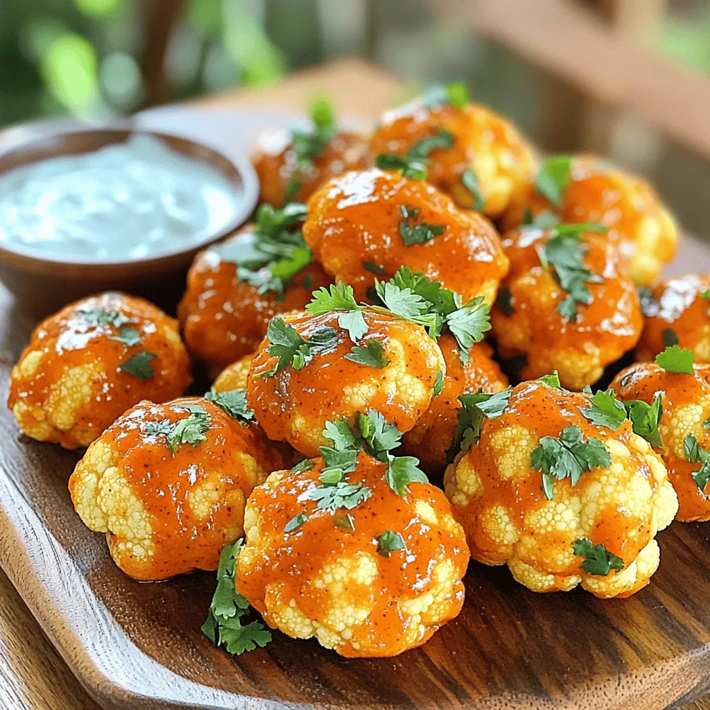 - Large head of cauliflower - All-purpose or gluten-free flour - Water or plant-based milk - Garlic powder - Onion powder - Smoked paprika - Buffalo sauce (store-bought or homemade) - Olive oil - Fresh cilantro or parsley - Optional: blue cheese or ranch dressing For these Buffalo Cauliflower Bites, start with a large head of cauliflower. Cut it into bite-sized florets. This way, every piece gets crispy and tasty. Next, you need flour. You can use all-purpose flour or gluten-free flour if you prefer. This flour will help create a nice batter that sticks to the cauliflower. For the liquid part, use either water or plant-based milk. This choice depends on your taste. Mix these main ingredients well. Now, we move to the seasonings. Add garlic powder, onion powder, and smoked paprika to the mix. These spices bring a lot of flavor. You will love how they make each bite pop! Finally, don’t forget about the sauces and garnishes. Buffalo sauce is key. You can buy it or make your own. A drizzle of olive oil helps the sauce stick better. Fresh cilantro or parsley adds a nice touch on top. If you like dipping sauces, blue cheese or ranch dressing works great. This recipe is simple yet full of flavor. You can find the Full Recipe to guide you through every step. Enjoy making these bites your way! First, preheat your oven to 450°F (230°C). This helps the bites get crispy. Next, line a large baking sheet with parchment paper. This keeps them from sticking. Now, let’s mix the batter. In a large bowl, whisk together the flour, water or plant-based milk, garlic powder, onion powder, smoked paprika, salt, and black pepper. Keep mixing until it’s smooth. This batter will coat the cauliflower well. Take each cauliflower floret and dip it into the batter. Make sure each piece is fully coated. Let any extra batter drip off. This helps them cook better. Then, place the coated florets on your baking sheet. Make sure they stay in a single layer. Don’t let them touch each other. This helps them crisp up nicely. Bake the florets in the preheated oven for about 25 minutes. They should turn golden and crispy during this time. While they bake, mix the buffalo sauce and olive oil in a bowl. This combo adds a rich, spicy flavor to the bites. Once the cauliflower is done, take it out of the oven. Toss the baked bites in the buffalo sauce mixture until they’re well coated. Return the sauced bites to the baking sheet and bake for another 10 minutes. This final bake helps the sauce set. After that, carefully remove them from the oven. Let them cool slightly before serving. You can garnish with fresh cilantro or parsley. Enjoy your Buffalo Cauliflower Bites! For the full recipe, check the earlier section. To get that perfect crunch, you must place the cauliflower bites in a single layer on the baking sheet. If they touch, they will steam instead of crisp. This simple step makes a big difference. You may also need to adjust the baking time based on your oven. If your bites are not golden after 25 minutes, add a few more minutes for extra crunch. Spice up your Buffalo cauliflower bites by adding different spices. Try cayenne pepper for heat or smoked paprika for depth. You can also switch out seasonings. Use Italian herbs for a different twist or even curry powder for a unique flavor. Experimenting can lead to tasty surprises. Pair your Buffalo cauliflower bites with dipping sauces for extra flavor. Blue cheese or ranch dressing works great. For a fresh touch, try a yogurt dip with herbs. You can also get creative with garnishing. Sprinkle fresh cilantro or parsley on top for color. A squeeze of lime adds a zesty kick too. These small touches make your dish pop! {{image_2}} You can prepare Buffalo cauliflower bites in different ways. - Air-fried Buffalo cauliflower bites: This method uses less oil, making them lighter. The air fryer gives them a nice crispy texture. Just coat the florets as you normally would and cook them in the air fryer for about 15 minutes at 400°F. Shake the basket halfway through for even cooking. - Fried Buffalo cauliflower bites: If you want a more indulgent snack, try frying them. Heat oil in a deep pan and fry the coated florets until they turn golden brown. This method gives a super crunchy outside and a tender inside. Just be careful with the hot oil! Buffalo sauce is just the start. You can switch up the flavors easily. - Different sauces: Try BBQ sauce for a sweet twist. You can also use honey to add sweetness or a spicy sauce for more heat. The options are endless! - Alternative coatings: Instead of flour, you can use panko breadcrumbs for added crunch. Nutritional yeast is a great choice for a cheesy flavor without dairy. Mix and match to find your favorite! You can easily adapt this recipe for different diets. - Gluten-free options: Use gluten-free flour instead of all-purpose flour. This way, everyone can enjoy these bites without worry. - Vegan adaptations: The recipe is mostly vegan already! Just ensure your buffalo sauce is plant-based. You can also use plant-based milk in the batter. Enjoy tasty bites that fit your diet! For the full recipe, check out the detailed instructions. After making Buffalo Cauliflower Bites, let them cool completely. Cooling prevents sogginess. Place them in an airtight container. You can also use parchment paper between layers. This keeps them crispy. Store the bites in the fridge for up to four days. To reheat, use the oven for the best results. Preheat your oven to 375°F (190°C). Place the bites on a baking sheet. Heat for about 10-15 minutes. This method keeps them crispy. If you use a microwave, they may become soft. If you must use it, heat them in short bursts. Check often to avoid overcooking. You can freeze Buffalo Cauliflower Bites for later. First, let them cool completely. Then, arrange them in a single layer on a baking sheet. Freeze until solid, about one hour. After that, transfer them to a freezer-safe bag. Remove as much air as possible. They can last up to three months in the freezer. To reheat frozen bites, thaw them overnight in the fridge. Then, follow the reheating instructions above. This keeps them crispy and flavorful. To make Buffalo Cauliflower Bites crispy, follow these techniques: - Single Layer: Place florets in a single layer on the baking sheet. This helps air circulate around them. - High Heat: Bake at a high temperature, like 450°F (230°C). This creates a nice crunch. - Batter Thickness: Keep the batter thin. Too much batter can make them soggy. - Final Bake: After tossing in buffalo sauce, bake again for 10 minutes. This helps set the sauce. Yes, you can use frozen cauliflower. However, make sure to thaw it first. Drain any excess water after thawing. This prevents sogginess in your bites. Frozen cauliflower may take longer to bake. Keep an eye on them for doneness. Buffalo Cauliflower Bites pair well with these appetizers and sides: - Dipping Sauces: Blue cheese or ranch dressing are great choices. - Veggie Sticks: Carrots and celery add a nice crunch. - Salads: A fresh green salad complements the spice well. - Nachos: They make a tasty side with cheesy nachos. To reduce the spice levels in buffalo sauce, try these tips: - Mix with Butter: Combine buffalo sauce with melted butter. This cuts the heat. - Add Sweetness: A bit of honey or sugar can balance the spice. - Use Mild Sauce: Choose a milder buffalo sauce or a BBQ sauce instead. - Serve with Creamy Dip: Offer ranch or blue cheese as a cooling dip. The total cook time for Buffalo Cauliflower Bites is about 40 minutes: - Prep Time: 15 minutes to get everything ready. - First Bake: Bake for 25 minutes to crisp up the batter. - Final Bake: Bake for another 10 minutes after tossing in buffalo sauce. Absolutely! Here are some tips for prepping in advance: - Make Ahead: You can coat the cauliflower ahead of time and store in the fridge. - Reheat Later: Bake them again to crisp them up. - Store in Air-tight Container: Keep leftovers in an airtight container in the fridge. They can last up to 3 days. - Enjoy Cold or Hot: They taste great warm or at room temperature, so they are easy to serve. For the full recipe, follow our detailed instructions, and enjoy making this delicious snack! Buffalo cauliflower bites are a tasty and easy snack. You now know how to prepare them, from mixing ingredients to baking. Use your favorite sauces and spices for extra flavor. Store leftovers correctly to keep them fresh. Don’t forget to try different cooking methods and flavor options. With these tips, you'll impress everyone with your cooking skills. Enjoy your delicious bites!