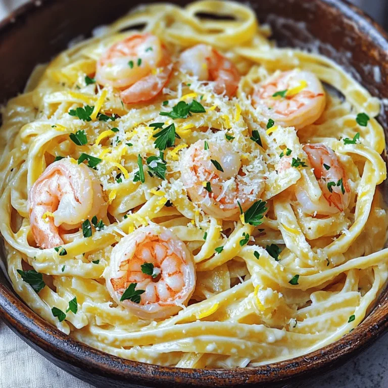 To make this tasty dish, gather these key items: - 8 oz linguine or spaghetti - 1 lb large shrimp, peeled and deveined - 4 tablespoons unsalted butter - 4 cloves garlic, minced - 1 teaspoon red pepper flakes (adjust to taste) - 1 lemon, juiced and zested - ¼ cup fresh parsley, chopped - Salt and pepper to taste - Grated Parmesan cheese (for serving) These ingredients create a rich flavor. The shrimp adds protein and the garlic brings a nice aroma. You can boost the flavor with these extras: - Cherry tomatoes, halved - Spinach or arugula - A splash of white wine - Capers or olives These options bring fresh tastes. Adding cherry tomatoes or greens brightens the dish. Having the right tools makes cooking easier. Here’s what you need: - Large pot for boiling pasta - Large skillet for cooking shrimp - Colander for draining pasta - Lemon squeezer for easy juice - Tongs or a pasta fork for mixing These tools help you cook and serve the pasta well. They make the process smooth and fun. For the full recipe, check the details above. To start, fill a large pot with water and add salt. Bring the water to a boil. Add 8 oz of linguine or spaghetti to the pot. Cook the pasta until it is al dente, which usually takes about 8-10 minutes. When it’s done, save ½ cup of the pasta water. Drain the rest and set the pasta aside. Next, grab a large skillet and heat it over medium heat. Add 2 tablespoons of unsalted butter. Once it melts, toss in 4 cloves of minced garlic and 1 teaspoon of red pepper flakes. Cook this for 1-2 minutes until it smells great. Now, add 1 lb of peeled and deveined shrimp to the skillet. Season with salt and pepper. Cook the shrimp for about 2-3 minutes on each side until they turn pink and opaque. Now, reduce the heat to medium. Add the cooked pasta to the skillet with the shrimp. Pour in the remaining 2 tablespoons of butter, the juice of 1 lemon, and the lemon zest. Toss everything together. If the sauce is too thick, add some reserved pasta water a little at a time. Once it’s mixed, sprinkle in ¼ cup of chopped parsley. Taste your dish and adjust the salt, pepper, or lemon juice if needed. Serve hot and enjoy this savory garlic butter shrimp pasta! For the full recipe, refer to the section above. To get the sauce just right, use reserved pasta water. After draining, save about half a cup. When you mix the pasta with shrimp, add water slowly. This helps the sauce cling to the pasta. It should be creamy, not too thick or thin. If it's not saucy enough, add more water a little at a time. Taste as you go. If you have leftovers, store them in an airtight container. Let the pasta cool first to avoid steam buildup. Place the container in the fridge. Use the pasta within three days for best taste. Reheating in a skillet keeps it fresh. Add a splash of water to help revive the sauce. Feel free to adjust the seasoning to suit your taste. Add more red pepper flakes for heat. A pinch more salt can enhance the shrimp's flavor. Fresh lemon juice brightens the dish, so don’t shy away from it. Always taste before serving. You can get creative with herbs too; basil or thyme can add a new twist. For the full recipe, refer to the section above. {{image_2}} You can boost the nutrition of your Garlic Butter Shrimp Pasta by adding veggies. Spinach, cherry tomatoes, and bell peppers work well. Just toss them in the skillet when cooking the shrimp. They will cook quickly and add color and flavor to your dish. You can also use asparagus or zucchini. Both add a nice crunch and fresh taste. If you need gluten-free or low-carb options, choose zucchini noodles or spaghetti squash. Both options mimic pasta but have fewer carbs. For gluten-free pasta, look for rice or corn-based versions. They cook similarly to regular pasta. Just keep an eye on the cooking time to avoid mushiness. For a kick of heat, add more red pepper flakes to your dish. You can also mix in diced jalapeños or a splash of hot sauce. This adds a bold flavor that pairs well with the garlic and shrimp. Adjust the spice level to your taste. If you want extra flavor, consider a dash of smoked paprika. These variations not only change the taste but also make the meal more exciting. You can find the full recipe in the earlier sections. Enjoy exploring these options! After enjoying your Garlic Butter Shrimp Pasta, let it cool to room temperature. Place it in an airtight container. This keeps moisture in and prevents your pasta from drying out. Store it in the fridge for up to three days. For longer storage, consider freezing. When it's time to enjoy leftovers, reheat your pasta on the stove. Add a splash of water or broth to a skillet. Heat it over medium-low heat, stirring gently. This helps keep the pasta from sticking. You can also use the microwave for quick reheating. Just cover it with a damp paper towel to keep it moist. To freeze Garlic Butter Shrimp Pasta, place it in a freezer-safe container. It can stay frozen for up to three months. When ready to eat, thaw the pasta in the fridge overnight. Reheat it on the stove or microwave as mentioned above. This way, you can enjoy this dish even later! Yes, you can use frozen shrimp. Just thaw them first. Place the shrimp in a bowl of cold water for about 15 minutes. This makes them easy to peel and devein. Using frozen shrimp can save time and still taste great in your Garlic Butter Shrimp Pasta. Linguine or spaghetti works best for this dish. They hold the sauce well and complement the shrimp nicely. You can also try other shapes like fettuccine. Just follow the cooking time on the package for perfect pasta. To make this dish dairy-free, swap the butter for olive oil or a vegan butter substitute. This keeps the flavor rich without using any dairy. You can also skip the Parmesan cheese or use a dairy-free version. Meal prep is easy with this recipe. Cook the pasta and shrimp ahead of time. Store them in separate containers in the fridge. When you're ready to eat, just reheat them in a pan. Add a splash of water or broth to keep it moist. This pasta pairs well with a fresh salad or garlic bread. A light salad with greens and a lemon vinaigrette balances the richness of the dish. For a crunchy side, serve toasted garlic bread. Both options make a complete meal. For the full recipe, check out the detailed steps and ingredients listed above! This recipe is simple and quick. You can make it in just 25 minutes. The key is to have everything ready before you start cooking. This makes the process smooth and fun. - 8 oz linguine or spaghetti - 1 lb large shrimp, peeled and deveined - 4 tablespoons unsalted butter - 4 cloves garlic, minced - 1 teaspoon red pepper flakes (adjust to taste) - 1 lemon, juiced and zested - ¼ cup fresh parsley, chopped - Salt and pepper to taste - Grated Parmesan cheese (for serving) Each ingredient adds its own special flavor. The shrimp gives protein and a nice texture. The garlic and butter create a rich sauce. The lemon adds brightness, and the parsley gives a fresh touch. If you want to add more flavor, consider these options: - Cherry tomatoes for sweetness. - Spinach for greens and nutrition. - White wine for a deeper taste. These extras can make your dish even more special. Feel free to experiment based on what you like! To make this dish, you need a few tools: - Large pot for boiling pasta. - Large skillet for cooking shrimp. - Measuring cups and spoons for accuracy. - Colander for draining pasta. Having the right tools makes cooking easier. It also helps you enjoy the process more. Now that you know the ingredients and tools, you can check out the Full Recipe for step-by-step cooking instructions. This way, you can create a tasty Garlic Butter Shrimp Pasta that everyone will love! This blog post covered how to make delicious Garlic Butter Shrimp Pasta. We looked at essential ingredients and how to cook shrimp just right. I shared tips for sauce consistency and how to store leftovers. You can try variations like adding veggies or using gluten-free pasta. With these steps and tips, you can create a dish everyone loves. Enjoy making this pasta, and don’t forget to have fun!