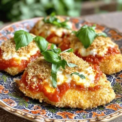 - 4 boneless, skinless chicken breasts - Salt and pepper to taste - 1 cup all-purpose flour - 2 large eggs, beaten - 1 cup breadcrumbs (preferably Italian seasoned) - 1 cup freshly grated parmesan cheese - 2 cups marinara sauce (store-bought or homemade) - 2 cups shredded mozzarella cheese - 1 tablespoon dried oregano - 1 tablespoon fresh basil, chopped (or 1 teaspoon dried basil) - Olive oil spray The main players in this dish are the chicken breasts. They are the star of the show. I always pick boneless, skinless chicken because it cooks evenly and stays juicy. Season the chicken with salt and pepper to bring out its natural taste. Next, we need the breading components. The flour, eggs, and breadcrumbs help create that crispy outer layer. I use Italian seasoned breadcrumbs for extra flavor. The combination of parmesan and mozzarella cheese adds a rich taste. You can never have too much cheese, right? Finally, we have the marinara sauce. This rich, tangy sauce ties everything together. It adds moisture and flavor to the chicken, making each bite delicious. - Variations in cheese options - Additional herbs and spices - Suggested sides to accompany the dish To spice things up, you can use different types of cheese. Try provolone or gouda for a twist. Mixing cheeses can create a burst of flavors. You can also add more herbs and spices. A pinch of garlic powder or red pepper flakes can add a kick. Fresh parsley on top gives a nice touch. For sides, serve this chicken with spaghetti or a fresh salad. Garlic bread is a tasty option too. All these choices make the meal even more enjoyable. Check out the Full Recipe for everything you need! First, set your oven to 400°F (200°C). This temperature helps cook the chicken evenly. While it heats, take your chicken breasts. Season both sides with salt and pepper. This step adds flavor right from the start. Now, let’s set up your breading station. You need three shallow dishes. In the first one, place the flour. The second dish holds the beaten eggs. In the third dish, mix breadcrumbs, ½ cup of parmesan cheese, oregano, and basil. This mix gives the chicken a nice taste. To bread the chicken, start with the flour. Dredge each chicken breast in flour. Shake off any extra flour. Next, dip the chicken in the beaten eggs. Make sure it’s fully coated. Lastly, press the chicken into the breadcrumb mix. Coat it well on both sides. After breading, arrange the chicken on a baking sheet lined with parchment paper. Lightly spray the tops with olive oil spray. This helps the chicken crisp up nicely. Now, bake the chicken in your preheated oven for 25-30 minutes. You want it to be cooked through and golden brown. After this, take the chicken out. Spoon marinara sauce on each piece. Then, sprinkle with the rest of the parmesan and top with shredded mozzarella cheese. Return the chicken to the oven for another 10-15 minutes. The cheese should be bubbly and slightly golden. Enjoy this flavorful dish! For the complete recipe, check the [Full Recipe]. To get a crispy coating, olive oil spray is key. It adds moisture while allowing the breading to crisp. Before baking, spray the tops of the chicken well. This small step makes a big difference. Timing is also important while baking. Bake the chicken for 25-30 minutes first. Then add the sauce and cheese. Return it to the oven for another 10-15 minutes. This method ensures even cooking and a golden crust. When serving, presentation matters. Use a nice plate and sprinkle fresh chopped basil on top. This adds color and freshness. Serve the chicken with a side of spaghetti or a fresh garden salad. Both options complement the flavors well and make a complete meal. For an extra touch, drizzle some extra marinara sauce around the plate. It looks lovely and adds flavor. You can find the full recipe for more details on making this dish shine. {{image_2}} You can make this dish lighter without losing taste. First, try using skinless chicken thighs instead of breasts. They have more flavor and stay juicy. You can also replace breadcrumbs with crushed whole-grain cereal. This adds fiber and crunch. If you want lower calories, use less cheese or switch to part-skim mozzarella. For gluten-free options, use gluten-free breadcrumbs or almond flour. Both give a nice crust. You can also serve the chicken over zucchini noodles instead of pasta. This keeps the meal fresh and lower in carbs. Mixing up the sauce and cheese can change the whole dish. Instead of marinara, try pesto for a fresh twist. You can also use a spicy arrabbiata sauce for some heat. Don’t be afraid to experiment with different cheeses. Provolone or gouda can add new flavors. If you love herbs, add fresh parsley or thyme to the breadcrumbs. This gives a fragrant touch. You can even sprinkle some red pepper flakes on top if you enjoy a bit of spice. Each variation keeps the dish fun and exciting. For the full recipe, check out the Oven-Baked Chicken Parmesan section. To keep your oven-baked chicken parmesan fresh, store it properly. First, let it cool to room temperature. Then, place it in an airtight container. You can refrigerate it for up to four days. If you want to save it longer, freezing is a great option. Wrap the chicken tightly in plastic wrap, then place it in a freezer-safe bag. It can last for about three months in the freezer. When reheating chicken parmesan, the best method is to use the oven. Preheat your oven to 350°F (175°C). Place the chicken on a baking sheet and cover it with foil. This keeps the moisture in and helps the cheese stay gooey. Heat for about 15 to 20 minutes. To avoid sogginess, don’t reheat it in the microwave. The microwave can make the coating soft and mushy. You can also try reheating in a skillet over medium heat. Just add a little olive oil to crisp up the coating again. Enjoy your meal as if it just came out of the oven! For the full recipe, check out the instructions above. How long does it take to bake chicken in the oven? It takes about 25 to 30 minutes to bake chicken. The oven should be set at 400°F (200°C). This helps the chicken cook evenly and stay juicy. Can I use chicken thighs instead of breasts? Yes, you can use chicken thighs. They are juicier and have more flavor. Just adjust the cooking time. Thighs may need a few extra minutes to cook fully. What type of cheese is best for this recipe? I recommend using freshly grated parmesan and shredded mozzarella. These cheeses melt well and add great flavor. You can also mix in provolone for a twist. Can I use store-bought marinara sauce? Absolutely! Store-bought marinara sauce saves time and still tastes good. Just choose a brand you like. Homemade sauce is an option too if you have time. How do I know when the chicken is fully cooked? Check that the internal temperature reaches 165°F (75°C). You can use a meat thermometer for this. The chicken should also be golden brown on the outside. What can I use instead of breadcrumbs? You can use crushed crackers or panko for a crunchy coating. For a gluten-free option, try ground almonds or gluten-free breadcrumbs. These work well and taste great. Oven-baked chicken Parmesan is simple and tasty. You learned about the main ingredients, prep steps, and tips for perfecting the dish. Don’t forget to explore variations and storage methods too. With these tips, you can impress anyone at your table. Try new cheese or herbs to make it your own. Enjoy your cooking journey, and share the joy of this classic meal!