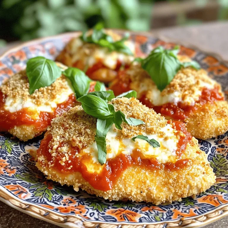 - 4 boneless, skinless chicken breasts - Salt and pepper to taste - 1 cup all-purpose flour - 2 large eggs, beaten - 1 cup breadcrumbs (preferably Italian seasoned) - 1 cup freshly grated parmesan cheese - 2 cups marinara sauce (store-bought or homemade) - 2 cups shredded mozzarella cheese - 1 tablespoon dried oregano - 1 tablespoon fresh basil, chopped (or 1 teaspoon dried basil) - Olive oil spray The main players in this dish are the chicken breasts. They are the star of the show. I always pick boneless, skinless chicken because it cooks evenly and stays juicy. Season the chicken with salt and pepper to bring out its natural taste. Next, we need the breading components. The flour, eggs, and breadcrumbs help create that crispy outer layer. I use Italian seasoned breadcrumbs for extra flavor. The combination of parmesan and mozzarella cheese adds a rich taste. You can never have too much cheese, right? Finally, we have the marinara sauce. This rich, tangy sauce ties everything together. It adds moisture and flavor to the chicken, making each bite delicious. - Variations in cheese options - Additional herbs and spices - Suggested sides to accompany the dish To spice things up, you can use different types of cheese. Try provolone or gouda for a twist. Mixing cheeses can create a burst of flavors. You can also add more herbs and spices. A pinch of garlic powder or red pepper flakes can add a kick. Fresh parsley on top gives a nice touch. For sides, serve this chicken with spaghetti or a fresh salad. Garlic bread is a tasty option too. All these choices make the meal even more enjoyable. Check out the Full Recipe for everything you need! First, set your oven to 400°F (200°C). This temperature helps cook the chicken evenly. While it heats, take your chicken breasts. Season both sides with salt and pepper. This step adds flavor right from the start. Now, let’s set up your breading station. You need three shallow dishes. In the first one, place the flour. The second dish holds the beaten eggs. In the third dish, mix breadcrumbs, ½ cup of parmesan cheese, oregano, and basil. This mix gives the chicken a nice taste. To bread the chicken, start with the flour. Dredge each chicken breast in flour. Shake off any extra flour. Next, dip the chicken in the beaten eggs. Make sure it’s fully coated. Lastly, press the chicken into the breadcrumb mix. Coat it well on both sides. After breading, arrange the chicken on a baking sheet lined with parchment paper. Lightly spray the tops with olive oil spray. This helps the chicken crisp up nicely. Now, bake the chicken in your preheated oven for 25-30 minutes. You want it to be cooked through and golden brown. After this, take the chicken out. Spoon marinara sauce on each piece. Then, sprinkle with the rest of the parmesan and top with shredded mozzarella cheese. Return the chicken to the oven for another 10-15 minutes. The cheese should be bubbly and slightly golden. Enjoy this flavorful dish! For the complete recipe, check the [Full Recipe]. To get a crispy coating, olive oil spray is key. It adds moisture while allowing the breading to crisp. Before baking, spray the tops of the chicken well. This small step makes a big difference. Timing is also important while baking. Bake the chicken for 25-30 minutes first. Then add the sauce and cheese. Return it to the oven for another 10-15 minutes. This method ensures even cooking and a golden crust. When serving, presentation matters. Use a nice plate and sprinkle fresh chopped basil on top. This adds color and freshness. Serve the chicken with a side of spaghetti or a fresh garden salad. Both options complement the flavors well and make a complete meal. For an extra touch, drizzle some extra marinara sauce around the plate. It looks lovely and adds flavor. You can find the full recipe for more details on making this dish shine. {{image_2}} You can make this dish lighter without losing taste. First, try using skinless chicken thighs instead of breasts. They have more flavor and stay juicy. You can also replace breadcrumbs with crushed whole-grain cereal. This adds fiber and crunch. If you want lower calories, use less cheese or switch to part-skim mozzarella. For gluten-free options, use gluten-free breadcrumbs or almond flour. Both give a nice crust. You can also serve the chicken over zucchini noodles instead of pasta. This keeps the meal fresh and lower in carbs. Mixing up the sauce and cheese can change the whole dish. Instead of marinara, try pesto for a fresh twist. You can also use a spicy arrabbiata sauce for some heat. Don’t be afraid to experiment with different cheeses. Provolone or gouda can add new flavors. If you love herbs, add fresh parsley or thyme to the breadcrumbs. This gives a fragrant touch. You can even sprinkle some red pepper flakes on top if you enjoy a bit of spice. Each variation keeps the dish fun and exciting. For the full recipe, check out the Oven-Baked Chicken Parmesan section. To keep your oven-baked chicken parmesan fresh, store it properly. First, let it cool to room temperature. Then, place it in an airtight container. You can refrigerate it for up to four days. If you want to save it longer, freezing is a great option. Wrap the chicken tightly in plastic wrap, then place it in a freezer-safe bag. It can last for about three months in the freezer. When reheating chicken parmesan, the best method is to use the oven. Preheat your oven to 350°F (175°C). Place the chicken on a baking sheet and cover it with foil. This keeps the moisture in and helps the cheese stay gooey. Heat for about 15 to 20 minutes. To avoid sogginess, don’t reheat it in the microwave. The microwave can make the coating soft and mushy. You can also try reheating in a skillet over medium heat. Just add a little olive oil to crisp up the coating again. Enjoy your meal as if it just came out of the oven! For the full recipe, check out the instructions above. How long does it take to bake chicken in the oven? It takes about 25 to 30 minutes to bake chicken. The oven should be set at 400°F (200°C). This helps the chicken cook evenly and stay juicy. Can I use chicken thighs instead of breasts? Yes, you can use chicken thighs. They are juicier and have more flavor. Just adjust the cooking time. Thighs may need a few extra minutes to cook fully. What type of cheese is best for this recipe? I recommend using freshly grated parmesan and shredded mozzarella. These cheeses melt well and add great flavor. You can also mix in provolone for a twist. Can I use store-bought marinara sauce? Absolutely! Store-bought marinara sauce saves time and still tastes good. Just choose a brand you like. Homemade sauce is an option too if you have time. How do I know when the chicken is fully cooked? Check that the internal temperature reaches 165°F (75°C). You can use a meat thermometer for this. The chicken should also be golden brown on the outside. What can I use instead of breadcrumbs? You can use crushed crackers or panko for a crunchy coating. For a gluten-free option, try ground almonds or gluten-free breadcrumbs. These work well and taste great. Oven-baked chicken Parmesan is simple and tasty. You learned about the main ingredients, prep steps, and tips for perfecting the dish. Don’t forget to explore variations and storage methods too. With these tips, you can impress anyone at your table. Try new cheese or herbs to make it your own. Enjoy your cooking journey, and share the joy of this classic meal!