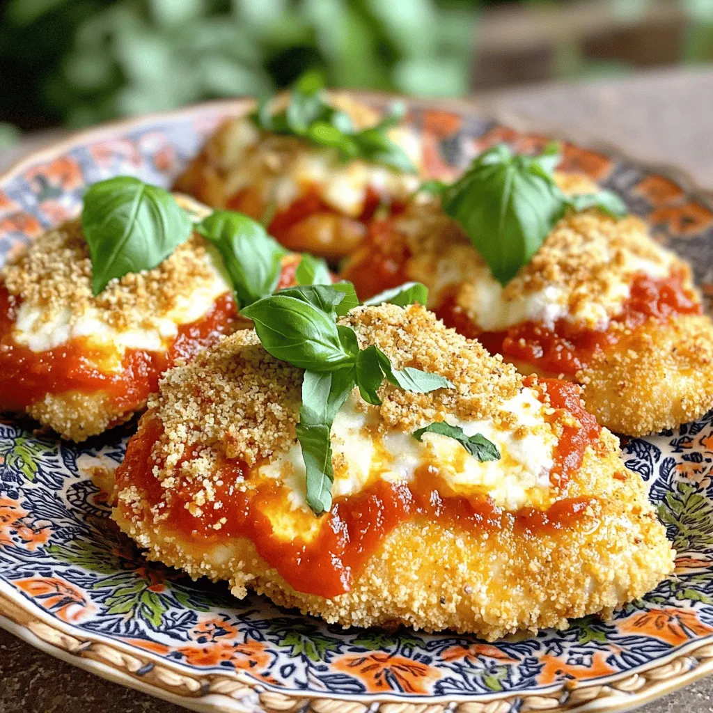 - 4 boneless, skinless chicken breasts - Salt and pepper to taste - 1 cup all-purpose flour - 2 large eggs, beaten - 1 cup breadcrumbs (preferably Italian seasoned) - 1 cup freshly grated parmesan cheese - 2 cups marinara sauce (store-bought or homemade) - 2 cups shredded mozzarella cheese - 1 tablespoon dried oregano - 1 tablespoon fresh basil, chopped (or 1 teaspoon dried basil) - Olive oil spray The main players in this dish are the chicken breasts. They are the star of the show. I always pick boneless, skinless chicken because it cooks evenly and stays juicy. Season the chicken with salt and pepper to bring out its natural taste. Next, we need the breading components. The flour, eggs, and breadcrumbs help create that crispy outer layer. I use Italian seasoned breadcrumbs for extra flavor. The combination of parmesan and mozzarella cheese adds a rich taste. You can never have too much cheese, right? Finally, we have the marinara sauce. This rich, tangy sauce ties everything together. It adds moisture and flavor to the chicken, making each bite delicious. - Variations in cheese options - Additional herbs and spices - Suggested sides to accompany the dish To spice things up, you can use different types of cheese. Try provolone or gouda for a twist. Mixing cheeses can create a burst of flavors. You can also add more herbs and spices. A pinch of garlic powder or red pepper flakes can add a kick. Fresh parsley on top gives a nice touch. For sides, serve this chicken with spaghetti or a fresh salad. Garlic bread is a tasty option too. All these choices make the meal even more enjoyable. Check out the Full Recipe for everything you need! First, set your oven to 400°F (200°C). This temperature helps cook the chicken evenly. While it heats, take your chicken breasts. Season both sides with salt and pepper. This step adds flavor right from the start. Now, let’s set up your breading station. You need three shallow dishes. In the first one, place the flour. The second dish holds the beaten eggs. In the third dish, mix breadcrumbs, ½ cup of parmesan cheese, oregano, and basil. This mix gives the chicken a nice taste. To bread the chicken, start with the flour. Dredge each chicken breast in flour. Shake off any extra flour. Next, dip the chicken in the beaten eggs. Make sure it’s fully coated. Lastly, press the chicken into the breadcrumb mix. Coat it well on both sides. After breading, arrange the chicken on a baking sheet lined with parchment paper. Lightly spray the tops with olive oil spray. This helps the chicken crisp up nicely. Now, bake the chicken in your preheated oven for 25-30 minutes. You want it to be cooked through and golden brown. After this, take the chicken out. Spoon marinara sauce on each piece. Then, sprinkle with the rest of the parmesan and top with shredded mozzarella cheese. Return the chicken to the oven for another 10-15 minutes. The cheese should be bubbly and slightly golden. Enjoy this flavorful dish! For the complete recipe, check the [Full Recipe]. To get a crispy coating, olive oil spray is key. It adds moisture while allowing the breading to crisp. Before baking, spray the tops of the chicken well. This small step makes a big difference. Timing is also important while baking. Bake the chicken for 25-30 minutes first. Then add the sauce and cheese. Return it to the oven for another 10-15 minutes. This method ensures even cooking and a golden crust. When serving, presentation matters. Use a nice plate and sprinkle fresh chopped basil on top. This adds color and freshness. Serve the chicken with a side of spaghetti or a fresh garden salad. Both options complement the flavors well and make a complete meal. For an extra touch, drizzle some extra marinara sauce around the plate. It looks lovely and adds flavor. You can find the full recipe for more details on making this dish shine. {{image_2}} You can make this dish lighter without losing taste. First, try using skinless chicken thighs instead of breasts. They have more flavor and stay juicy. You can also replace breadcrumbs with crushed whole-grain cereal. This adds fiber and crunch. If you want lower calories, use less cheese or switch to part-skim mozzarella. For gluten-free options, use gluten-free breadcrumbs or almond flour. Both give a nice crust. You can also serve the chicken over zucchini noodles instead of pasta. This keeps the meal fresh and lower in carbs. Mixing up the sauce and cheese can change the whole dish. Instead of marinara, try pesto for a fresh twist. You can also use a spicy arrabbiata sauce for some heat. Don’t be afraid to experiment with different cheeses. Provolone or gouda can add new flavors. If you love herbs, add fresh parsley or thyme to the breadcrumbs. This gives a fragrant touch. You can even sprinkle some red pepper flakes on top if you enjoy a bit of spice. Each variation keeps the dish fun and exciting. For the full recipe, check out the Oven-Baked Chicken Parmesan section. To keep your oven-baked chicken parmesan fresh, store it properly. First, let it cool to room temperature. Then, place it in an airtight container. You can refrigerate it for up to four days. If you want to save it longer, freezing is a great option. Wrap the chicken tightly in plastic wrap, then place it in a freezer-safe bag. It can last for about three months in the freezer. When reheating chicken parmesan, the best method is to use the oven. Preheat your oven to 350°F (175°C). Place the chicken on a baking sheet and cover it with foil. This keeps the moisture in and helps the cheese stay gooey. Heat for about 15 to 20 minutes. To avoid sogginess, don’t reheat it in the microwave. The microwave can make the coating soft and mushy. You can also try reheating in a skillet over medium heat. Just add a little olive oil to crisp up the coating again. Enjoy your meal as if it just came out of the oven! For the full recipe, check out the instructions above. How long does it take to bake chicken in the oven? It takes about 25 to 30 minutes to bake chicken. The oven should be set at 400°F (200°C). This helps the chicken cook evenly and stay juicy. Can I use chicken thighs instead of breasts? Yes, you can use chicken thighs. They are juicier and have more flavor. Just adjust the cooking time. Thighs may need a few extra minutes to cook fully. What type of cheese is best for this recipe? I recommend using freshly grated parmesan and shredded mozzarella. These cheeses melt well and add great flavor. You can also mix in provolone for a twist. Can I use store-bought marinara sauce? Absolutely! Store-bought marinara sauce saves time and still tastes good. Just choose a brand you like. Homemade sauce is an option too if you have time. How do I know when the chicken is fully cooked? Check that the internal temperature reaches 165°F (75°C). You can use a meat thermometer for this. The chicken should also be golden brown on the outside. What can I use instead of breadcrumbs? You can use crushed crackers or panko for a crunchy coating. For a gluten-free option, try ground almonds or gluten-free breadcrumbs. These work well and taste great. Oven-baked chicken Parmesan is simple and tasty. You learned about the main ingredients, prep steps, and tips for perfecting the dish. Don’t forget to explore variations and storage methods too. With these tips, you can impress anyone at your table. Try new cheese or herbs to make it your own. Enjoy your cooking journey, and share the joy of this classic meal!