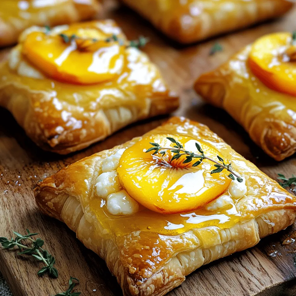 - 1 sheet of puff pastry, thawed Puff pastry is crucial for this recipe. It creates that flaky, light texture we all love. Make sure to thaw it properly before using. - 1 medium ripe peach, sliced thin Choose a fresh peach that is firm but gives slightly when pressed. This ensures it's sweet and juicy. Avoid overripe peaches as they can be mushy. - 4 ounces Brie cheese, sliced Brie cheese adds creaminess and richness. You can use regular Brie or a flavored one for a twist. If you're looking for alternatives, consider using Camembert or goat cheese. - 2 tablespoons honey Honey enhances the sweetness of the peach and balances the richness of the cheese. - 1 teaspoon fresh thyme leaves Fresh thyme adds a nice herbal note that complements the fruit and cheese well. - 1 egg, beaten (for egg wash) The egg wash gives the pastry a lovely golden color when baked. - Pinch of salt and pepper A small amount of salt and pepper enhances all the flavors, making the dish more delicious. For the Full Recipe, follow the easy steps to create these delightful bites. 1. Prepping the puff pastry: Start with a sheet of puff pastry. Thaw it until soft. Place it on a lightly floured surface. Roll it out gently to smooth out any creases. This step helps the pastry puff up nicely when baking. 2. Arranging the ingredients on the pastry: Cut the pastry into 2-inch squares. Take a square and place it on your baking sheet. On top, place a slice of Brie cheese, then add a thin slice of peach. Drizzle a little honey over the peach. Sprinkle fresh thyme, salt, and pepper for flavor. 3. Sealing and brushing techniques: Fold the corners of the pastry square toward the center. Pinch them to seal each bite tightly. This keeps the filling inside while it bakes. For a shiny finish, brush the tops with beaten egg before baking. 1. Oven preheating details: Preheat your oven to 400°F (200°C). Line your baking sheet with parchment paper to avoid sticking. 2. Baking duration and signs of doneness: Bake the bites for 15-20 minutes. Watch for a golden brown color and puffed-up pastry. When they look perfect, remove them from the oven. Let them cool slightly before serving. To ensure perfect puff pastry texture, keep it cold. Warm pastry gets sticky. Thaw it in the fridge. Roll it out gently on a floured surface. Don’t overwork the dough. This keeps it flaky and light. Timing is key for optimal flavor blend. Bake the bites until golden brown. This takes about 15 to 20 minutes. The cheese should melt and the peach should soften. This makes each bite juicy and delicious. For presentation, serve the bites warm on a rustic wooden board. Drizzle some extra honey on top. Add a few sprigs of thyme as a garnish. This looks inviting and adds a fresh touch. Pair these bites with a light white wine like Sauvignon Blanc. It balances the sweetness of the peach. You can also serve them with a simple honey dip. This enhances the sweet and savory flavors. {{image_2}} You can switch up the fruits in this recipe. Apples and figs work great. For apples, use thin slices of tart Granny Smith. They give a nice crunch and balance the cheese. For figs, cut them in half. Their sweetness pairs well with Brie. You can also explore different cheese options. Goat cheese adds a tangy kick. Use it in place of Brie for a unique flavor. Mozzarella is another great choice. It melts beautifully and has a mild taste. Experiment to find what you love best! If you want a vegan option, use vegan puff pastry. There are many brands available now. Replace Brie with a vegan cheese that melts well. Look for cashew-based or almond-based cheeses. They can mimic the creaminess of Brie without any dairy. For gluten-free needs, choose gluten-free puff pastry. Many stores offer these now. Make sure to check the ingredients for any allergens. This way, everyone can enjoy Peach and Brie Puff Pastry Bites! For more details, check the Full Recipe. To keep your Peach and Brie Puff Pastry Bites fresh, store them in the fridge. Place them in an airtight container. This will help maintain their taste and crispness. Try to eat them within three days for the best flavor. Reheat them in the oven for a few minutes to restore some of their original crunch. If you want to save some bites for later, freezing is a great option. First, let the cooked bites cool completely. Then, place them in a single layer on a baking sheet. Freeze them until solid, usually about an hour. Once frozen, transfer them to a freezer-safe bag. They can last up to three months in the freezer. When you’re ready to eat, bake them straight from the freezer. Just add a few extra minutes to the baking time. This way, you can enjoy these delicious treats anytime! For the full recipe, check the details above. To make Peach and Brie Puff Pastry Bites, follow this simple process: - Preheat your oven to 400°F (200°C). - Roll out the thawed puff pastry and cut it into 2-inch squares. - Place a square on a lined baking sheet. - Add a slice of Brie cheese and a slice of peach on top. - Drizzle honey and sprinkle thyme, salt, and pepper. - Fold the corners of the pastry to the center and pinch to seal. - Brush with beaten egg for a shiny finish. - Bake for 15-20 minutes or until golden brown. This recipe creates a tasty mix of sweet and savory flavors. You can find the Full Recipe for detailed steps. Yes, you can make the bites ahead of time. Prepare them and store them in the fridge. Cover them tightly with plastic wrap. Bake them just before serving. This way, they stay fresh and puff up nicely. These bites taste great with various dipping sauces. Here are some ideas: - Honey mustard for a sweet and tangy kick. - Balsamic glaze for a rich flavor. - A light yogurt dip for creaminess. Feel free to experiment with your favorite sauces! This blog post detailed how to make Peach and Brie Puff Pastry Bites. We talked about choosing the right puff pastry, fresh peaches, and Brie cheese. The preparation steps and baking tips ensure perfect bites every time. I shared helpful tips for serving and suggested fun variations to try. Lastly, I covered storage options, so you can enjoy leftovers later. Follow these steps, and you’ll impress your friends with this easy, tasty dish. Enjoy your cooking journey!