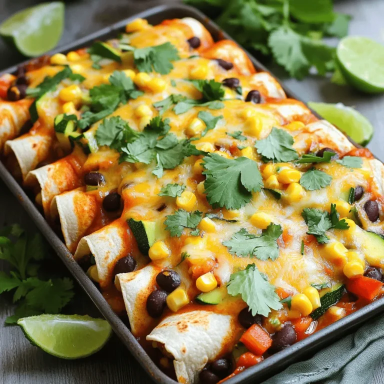 - 8 corn tortillas - 1 cup black beans, rinsed and drained - 1 cup corn kernels (fresh or frozen) - 1 red bell pepper, diced - 1 zucchini, diced - 1 cup spinach, chopped - 1 small red onion, finely chopped - 2 cloves garlic, minced - 1 teaspoon ground cumin - 1 teaspoon smoked paprika - 1 cup enchilada sauce (store-bought or homemade) - 1 cup shredded cheese (cheddar or a dairy-free option) - Olive oil for sautéing - Fresh cilantro - Lime wedges - Optional side dishes (Mexican rice, avocado salad) Gather these items before you start cooking. The ingredients bring bold flavors and great color to your dish. Each veggie adds its unique taste. Corn and black beans give a hearty feel. The cheese adds creaminess, while spices boost the flavor. You can use store-bought sauce for ease. However, making your own enchilada sauce can add a personal touch. If you want to mix it up, try different veggies. Mushrooms or sweet potatoes work well too. For a spicy kick, add jalapeños to the mix. You can also adjust the cheese to suit your taste or dietary needs. This flexibility makes the recipe fun and personal. For the full experience, check the Full Recipe. - Preheat your oven to 375°F (190°C). - Heat olive oil in a large skillet over medium heat. - Add chopped red onion and minced garlic, cooking until translucent. - Stir in diced red bell pepper and zucchini, sauté for an additional 5 minutes. - Add black beans, corn, spinach, spices, and seasonings to the skillet. - Cook until the spinach wilts. - Spread enchilada sauce in a baking dish. - Fill and roll tortillas, placing them seam-side down in the dish. - Cover with remaining enchilada sauce and cheese. - Bake covered for 20 minutes, then uncover and bake an additional 10-15 minutes. This simple method makes tasty vegetarian enchiladas. For the complete process, check the Full Recipe. To make your enchiladas pop with flavor, feel free to adjust the spices. If you love heat, add more smoked paprika or a dash of chili powder. Want it milder? Simply cut back on these spices. For a richer enchilada sauce, try adding a tablespoon of olive oil and a pinch of sugar. This will deepen the flavor and balance the acidity. A splash of lime juice can also brighten the sauce and enhance the taste. Getting the right veggie texture is key. Sauté your onions and garlic just until they are soft and fragrant. This enhances their flavor and adds depth to your dish. When adding other veggies, like bell peppers and zucchini, cook them until they soften but still hold some crunch. This keeps your filling exciting. If you worry about tearing your tortillas, heat them first. Just warm them in a pan for a few seconds on each side. This makes them more pliable and easier to roll without breaking. Garnishing your enchiladas can take them to the next level. Top them with fresh cilantro and lime wedges for a pop of color and flavor. You can also add avocado slices or a dollop of sour cream to enhance richness. For side dishes, consider serving Mexican rice or a crisp avocado salad. Both dishes complement the enchiladas well. The rice adds heartiness, while the salad brings freshness and crunch. Remember, the full recipe can guide you through each step for these delicious vegetarian enchiladas! {{image_2}} For a vegan twist, consider using dairy-free cheese. Brands like Daiya or Violife melt well and taste great. You can also add more plant-based proteins. Try adding lentils or chickpeas for extra texture and nutrition. When choosing tortillas, go for gluten-free corn tortillas. They hold up well and taste amazing. To keep your recipe gluten-free, double-check your enchilada sauce. Some sauces may contain gluten. Always read the label. To change up the flavor, think about other veggies. Mushrooms and sweet potatoes add depth. You can also spice it up. Add jalapeños or a touch of chili powder for a kick. Adjust the level of heat to fit your taste. To store leftover enchiladas, let them cool first. Place them in an airtight container. This keeps them fresh and tasty. You can store them in the fridge for 3 to 4 days. If you want to enjoy them later, proper storage is key. To freeze enchiladas, wrap them tightly in plastic wrap. Then, place them in a freezer-safe bag or container. This helps prevent freezer burn. Enchiladas can stay frozen for up to 3 months. When you are ready to eat, thaw them overnight in the fridge. You can reheat enchiladas in the oven or the microwave. For the oven, preheat to 350°F (175°C). Cover the dish with foil to keep them moist. Heat for about 20 minutes. In the microwave, place them on a plate and cover with a damp paper towel. Heat in 1-minute intervals until warm. This keeps the flavor and texture nice. Enjoy your delicious enchiladas! For the full recipe, check out the details above. To add heat, consider these tips: - Mix in diced jalapeños or serrano peppers with the veggies. - Add a pinch of cayenne pepper to the filling. - Use a spicier enchilada sauce or add hot sauce to the sauce. - Try smoked chili powder for a smoky heat. These tweaks help you customize the spice level to your taste. Yes, you can prep these enchiladas ahead. Here are some ideas: - Prepare the vegetable filling and store it in the fridge for up to two days. - Assemble the enchiladas and cover them tightly before refrigerating. - You can keep them uncooked in the fridge for one day. - If you need to store them longer, freeze the assembled enchiladas. Just remember to thaw them overnight in the fridge before baking. These enchiladas pair well with: - Mexican rice, which adds a nice, filling touch. - A simple avocado salad for a fresh taste. - Black bean soup for more protein and flavor. - Chips and salsa for a crunchy side. - Refreshing drinks like horchata or agua fresca. These sides enhance your meal and make it more enjoyable. Yes, covering the enchiladas helps keep them moist. Here’s why: - The foil traps steam, preventing the tortillas from drying out. - It allows the cheese to melt evenly without burning. - After 20 minutes, removing the foil helps the cheese brown nicely. This method ensures your enchiladas come out soft and tasty. For the complete recipe, check out the Full Recipe. These vegetarian enchiladas are simple, tasty, and customizable. With fresh ingredients and easy steps, anyone can make them. Remember, you can tweak spices, veggies, or sauces to fit your taste. Store leftovers properly for future meals or freeze for later. Cooking should be fun, so explore different options. Enjoy crafting your own version of these enchiladas and savor every bite!