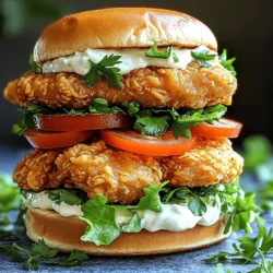 To make the Crispy Garlic Chicken Sandwich, you need a few key items. Here’s what you will need: - 2 boneless, skinless chicken breasts - 1 cup buttermilk - 3 cloves garlic, minced - 1 cup all-purpose flour - 1 teaspoon paprika - 1 teaspoon onion powder - ½ teaspoon salt - ½ teaspoon black pepper - ½ teaspoon cayenne pepper (optional for extra heat) - 1 cup breadcrumbs (panko for extra crunch) - Vegetable oil (for frying) - 4 hamburger buns - Lettuce leaves - Tomato slices - Mayonnaise or garlic aioli for spreading - Fresh parsley for garnish These ingredients create a flavorful, crispy chicken that is perfect for any meal. You can customize your sandwich with some fun extras. Here are a few ideas: - Sliced pickles for a tangy crunch - Avocado slices for creaminess - Jalapeños for some heat - Cheese slices for a rich flavor - Hot sauce for added spice Feel free to mix and match these toppings to make your sandwich special. Having the right tools makes cooking easier. Here’s what I suggest using: - A deep skillet to fry the chicken - Two mixing bowls for breading - A sharp knife for slicing ingredients - A cutting board for prep work - A meat thermometer to check chicken doneness - Paper towels for draining excess oil These tools will help you create the perfect Crispy Garlic Chicken Sandwich. You can find the full recipe to guide you through the steps. To start, you need to marinate the chicken. In a bowl, mix buttermilk, minced garlic, salt, and pepper. This mix adds flavor and keeps the chicken juicy. Place the chicken breasts into the bowl, making sure they soak well. Cover the bowl and refrigerate for at least 1 hour. For better taste, marinate overnight. Next, prepare the breading. Grab two bowls. In the first bowl, combine flour, paprika, onion powder, cayenne pepper, and a pinch of salt. This mix gives your chicken a nice kick. In the second bowl, pour in the breadcrumbs. I suggest using panko for an extra crunch. Now it’s time to fry the chicken. Heat vegetable oil in a deep skillet over medium-high heat. Once the oil is hot, take the marinated chicken out of the fridge. First, dredge each piece in the flour mix, shaking off the excess. Next, dip the chicken in the breadcrumbs. Press down to help them stick. Carefully add the breaded chicken to the hot oil. Fry for about 5-7 minutes on each side until golden brown and cooked through. The chicken should reach an internal temperature of 165°F. After frying, it's time to assemble the sandwich. Lightly toast your hamburger buns for extra flavor. Spread a good amount of mayonnaise or garlic aioli on the bottom half of each bun. Place a crispy chicken breast on top. Add some lettuce and tomato slices. Finally, cap it off with the other half of the bun. To make your sandwich look even better, sprinkle fresh parsley on top. Serve it hot with your favorite sides, like fries or a fresh salad. For more detailed steps, check the Full Recipe. Marinating chicken is key to flavor. Use buttermilk and garlic for great taste. Let the chicken soak for at least an hour. For best results, marinate overnight. This makes the chicken juicy and tender. Always cover the bowl to keep the chicken fresh. To get that perfect crunch, use panko breadcrumbs. They add a light, crispy texture. Coat the chicken in flour first. Then, dip it in the egg wash before using breadcrumbs. Press firmly to help the crumbs stick. Fry in hot oil for a golden finish. Heat the oil to the right temperature. It should be around 350°F (175°C). Always test the oil with a small piece of bread. If it bubbles, it's ready. Fry in small batches to avoid crowding. This helps the chicken cook evenly. Use a thermometer to check doneness. The chicken should reach 165°F (75°C). For a great finish, drain the fried chicken on paper towels. This keeps it crispy. For the full recipe, check out the detailed steps above. {{image_2}} If you want a kick, try a spicy garlic chicken sandwich. Just add cayenne pepper to the flour mix. This gives your chicken a nice heat. You can also mix hot sauce with the buttermilk for more flavor. This makes every bite a tasty surprise. Add jalapeños or spicy mayo to your sandwich for extra heat. You will love the blend of spice and garlic! Want a lighter option? You can bake the chicken instead of frying it. Simply coat the chicken as usual and place it on a baking sheet. Preheat your oven to 400°F (200°C) and bake for 20-25 minutes. Flip halfway through for even cooking. This method cuts down on oil and calories but keeps the crunch. Serve it with a side salad for a full meal. You can make a crispy cauliflower sandwich if you prefer veggies. Use cauliflower florets instead of chicken. First, coat the florets in the buttermilk mix. Then, bread them in the flour and breadcrumbs like you would the chicken. Fry or bake them until golden brown. This gives you a crunchy, flavorful sandwich that even meat lovers will enjoy. Add your favorite toppings for a tasty twist! For the full recipe, check out the Crispy Garlic Chicken Sandwich guide! To store leftover sandwiches, wrap them in plastic wrap or foil. Place them in an airtight container. This keeps them fresh and prevents them from drying out. Store them in the fridge for up to two days. If you want to keep them longer, consider freezing. When you're ready to eat your leftover sandwich, reheating it is easy. Preheat your oven to 350°F (175°C). Place the sandwich on a baking sheet. Heat for about 10-15 minutes until warm. This method keeps the bread crispy. You can also use a microwave, but it may make the bread soft. To freeze chicken breasts, let them cool completely first. Wrap each piece in plastic wrap. Then, place them in a freezer bag. Remove as much air as possible to avoid freezer burn. Frozen chicken can last up to three months. When you're ready to use it, thaw in the fridge overnight before cooking. For more details, check the full recipe. To make the chicken crispy, use panko breadcrumbs. They create a nice crunch. Use a good oil for frying. Heat the oil well before adding chicken. This helps the chicken fry evenly. You can use bone-in chicken, but it will take longer to cook. The cooking time increases because the bone holds heat. Keep an eye on the internal temperature. It should reach 165°F (75°C) for safety. I love serving this sandwich with crispy fries or a fresh salad. You can also pair it with coleslaw or sweet potato fries. They add great texture and flavor to the meal. To make this sandwich gluten-free, swap regular flour and breadcrumbs for gluten-free versions. You can find gluten-free all-purpose flour and panko at most stores. Ensure that all sauces used are also gluten-free. You can find the full recipe for the Crispy Garlic Chicken Sandwich above. It guides you through every step to make this delicious meal. Enjoy cooking! You learned how to make a crispy garlic chicken sandwich with easy steps. We covered important ingredients, cooking tips, and storage methods. You can personalize your sandwich with add-ins or variations, like spicy or vegetarian options. In the end, enjoy creating a delicious meal that suits your taste. Remember, practice makes perfect, so don't hesitate to try new ideas. Enjoy your cooking journey!