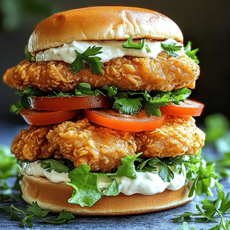 To make the Crispy Garlic Chicken Sandwich, you need a few key items. Here’s what you will need: - 2 boneless, skinless chicken breasts - 1 cup buttermilk - 3 cloves garlic, minced - 1 cup all-purpose flour - 1 teaspoon paprika - 1 teaspoon onion powder - ½ teaspoon salt - ½ teaspoon black pepper - ½ teaspoon cayenne pepper (optional for extra heat) - 1 cup breadcrumbs (panko for extra crunch) - Vegetable oil (for frying) - 4 hamburger buns - Lettuce leaves - Tomato slices - Mayonnaise or garlic aioli for spreading - Fresh parsley for garnish These ingredients create a flavorful, crispy chicken that is perfect for any meal. You can customize your sandwich with some fun extras. Here are a few ideas: - Sliced pickles for a tangy crunch - Avocado slices for creaminess - Jalapeños for some heat - Cheese slices for a rich flavor - Hot sauce for added spice Feel free to mix and match these toppings to make your sandwich special. Having the right tools makes cooking easier. Here’s what I suggest using: - A deep skillet to fry the chicken - Two mixing bowls for breading - A sharp knife for slicing ingredients - A cutting board for prep work - A meat thermometer to check chicken doneness - Paper towels for draining excess oil These tools will help you create the perfect Crispy Garlic Chicken Sandwich. You can find the full recipe to guide you through the steps. To start, you need to marinate the chicken. In a bowl, mix buttermilk, minced garlic, salt, and pepper. This mix adds flavor and keeps the chicken juicy. Place the chicken breasts into the bowl, making sure they soak well. Cover the bowl and refrigerate for at least 1 hour. For better taste, marinate overnight. Next, prepare the breading. Grab two bowls. In the first bowl, combine flour, paprika, onion powder, cayenne pepper, and a pinch of salt. This mix gives your chicken a nice kick. In the second bowl, pour in the breadcrumbs. I suggest using panko for an extra crunch. Now it’s time to fry the chicken. Heat vegetable oil in a deep skillet over medium-high heat. Once the oil is hot, take the marinated chicken out of the fridge. First, dredge each piece in the flour mix, shaking off the excess. Next, dip the chicken in the breadcrumbs. Press down to help them stick. Carefully add the breaded chicken to the hot oil. Fry for about 5-7 minutes on each side until golden brown and cooked through. The chicken should reach an internal temperature of 165°F. After frying, it's time to assemble the sandwich. Lightly toast your hamburger buns for extra flavor. Spread a good amount of mayonnaise or garlic aioli on the bottom half of each bun. Place a crispy chicken breast on top. Add some lettuce and tomato slices. Finally, cap it off with the other half of the bun. To make your sandwich look even better, sprinkle fresh parsley on top. Serve it hot with your favorite sides, like fries or a fresh salad. For more detailed steps, check the Full Recipe. Marinating chicken is key to flavor. Use buttermilk and garlic for great taste. Let the chicken soak for at least an hour. For best results, marinate overnight. This makes the chicken juicy and tender. Always cover the bowl to keep the chicken fresh. To get that perfect crunch, use panko breadcrumbs. They add a light, crispy texture. Coat the chicken in flour first. Then, dip it in the egg wash before using breadcrumbs. Press firmly to help the crumbs stick. Fry in hot oil for a golden finish. Heat the oil to the right temperature. It should be around 350°F (175°C). Always test the oil with a small piece of bread. If it bubbles, it's ready. Fry in small batches to avoid crowding. This helps the chicken cook evenly. Use a thermometer to check doneness. The chicken should reach 165°F (75°C). For a great finish, drain the fried chicken on paper towels. This keeps it crispy. For the full recipe, check out the detailed steps above. {{image_2}} If you want a kick, try a spicy garlic chicken sandwich. Just add cayenne pepper to the flour mix. This gives your chicken a nice heat. You can also mix hot sauce with the buttermilk for more flavor. This makes every bite a tasty surprise. Add jalapeños or spicy mayo to your sandwich for extra heat. You will love the blend of spice and garlic! Want a lighter option? You can bake the chicken instead of frying it. Simply coat the chicken as usual and place it on a baking sheet. Preheat your oven to 400°F (200°C) and bake for 20-25 minutes. Flip halfway through for even cooking. This method cuts down on oil and calories but keeps the crunch. Serve it with a side salad for a full meal. You can make a crispy cauliflower sandwich if you prefer veggies. Use cauliflower florets instead of chicken. First, coat the florets in the buttermilk mix. Then, bread them in the flour and breadcrumbs like you would the chicken. Fry or bake them until golden brown. This gives you a crunchy, flavorful sandwich that even meat lovers will enjoy. Add your favorite toppings for a tasty twist! For the full recipe, check out the Crispy Garlic Chicken Sandwich guide! To store leftover sandwiches, wrap them in plastic wrap or foil. Place them in an airtight container. This keeps them fresh and prevents them from drying out. Store them in the fridge for up to two days. If you want to keep them longer, consider freezing. When you're ready to eat your leftover sandwich, reheating it is easy. Preheat your oven to 350°F (175°C). Place the sandwich on a baking sheet. Heat for about 10-15 minutes until warm. This method keeps the bread crispy. You can also use a microwave, but it may make the bread soft. To freeze chicken breasts, let them cool completely first. Wrap each piece in plastic wrap. Then, place them in a freezer bag. Remove as much air as possible to avoid freezer burn. Frozen chicken can last up to three months. When you're ready to use it, thaw in the fridge overnight before cooking. For more details, check the full recipe. To make the chicken crispy, use panko breadcrumbs. They create a nice crunch. Use a good oil for frying. Heat the oil well before adding chicken. This helps the chicken fry evenly. You can use bone-in chicken, but it will take longer to cook. The cooking time increases because the bone holds heat. Keep an eye on the internal temperature. It should reach 165°F (75°C) for safety. I love serving this sandwich with crispy fries or a fresh salad. You can also pair it with coleslaw or sweet potato fries. They add great texture and flavor to the meal. To make this sandwich gluten-free, swap regular flour and breadcrumbs for gluten-free versions. You can find gluten-free all-purpose flour and panko at most stores. Ensure that all sauces used are also gluten-free. You can find the full recipe for the Crispy Garlic Chicken Sandwich above. It guides you through every step to make this delicious meal. Enjoy cooking! You learned how to make a crispy garlic chicken sandwich with easy steps. We covered important ingredients, cooking tips, and storage methods. You can personalize your sandwich with add-ins or variations, like spicy or vegetarian options. In the end, enjoy creating a delicious meal that suits your taste. Remember, practice makes perfect, so don't hesitate to try new ideas. Enjoy your cooking journey!