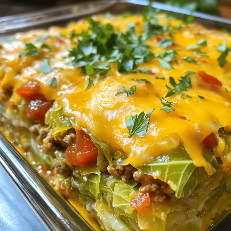 To make a delicious Cabbage Roll Casserole, gather these main ingredients: - 1 large head of green cabbage, chopped - 1 pound ground turkey or beef - 1 cup cooked rice (jasmine or basmati) - 1 onion, finely chopped - 2 cloves garlic, minced - 1 can (15 oz) tomato sauce - 1 can (14.5 oz) diced tomatoes, undrained - 1 tablespoon Worcestershire sauce - 1 teaspoon dried oregano - 1 teaspoon smoked paprika - 1/2 teaspoon salt - 1/4 teaspoon black pepper These items create a hearty base. The cabbage brings crunch, while the meat adds protein. The rice binds everything together, making it filling. You can customize your casserole with these optional ingredients: - 1 cup shredded cheddar cheese (optional) - Fresh parsley, chopped for garnish Adding cheese gives a nice, melty top. You can also use other cheeses, like mozzarella or Monterey Jack. For a fresh touch, parsley makes a great garnish. This casserole is not only tasty but also nutritious. Here’s a quick look at what you get per serving: - Calories: 350 - Protein: 25g - Carbohydrates: 30g - Fat: 15g It offers a balanced meal with protein and vegetables. Plus, it fits well into a healthy diet. Check the full recipe for more details on serving sizes and adjustments for dietary needs. Start by gathering all your ingredients. You will need: - 1 large head of green cabbage, chopped - 1 pound ground turkey or beef - 1 cup cooked rice (jasmine or basmati) - 1 onion, finely chopped - 2 cloves garlic, minced - 1 can (15 oz) tomato sauce - 1 can (14.5 oz) diced tomatoes, undrained - 1 tablespoon Worcestershire sauce - 1 teaspoon dried oregano - 1 teaspoon smoked paprika - 1/2 teaspoon salt - 1/4 teaspoon black pepper - 1 cup shredded cheddar cheese (optional) - Fresh parsley, chopped for garnish Next, preheat your oven to 350°F (175°C). This step warms the oven for baking later. In a large skillet, heat a little oil over medium heat. Add the chopped onion and minced garlic. Cook them until the onion turns soft and clear. This should take about 5 minutes. Then, add the ground turkey or beef to the skillet. Cook it until it turns brown. Drain any extra fat from the pan. Now, stir in the cooked rice, tomato sauce, diced tomatoes, Worcestershire sauce, oregano, smoked paprika, salt, and pepper. Mix these well until they are heated through. This mixture gives the casserole its rich flavor. In a 9x13 inch baking dish, spread half of the chopped cabbage on the bottom. Pour half of the meat and rice mix over the cabbage. Layer the rest of the cabbage on top, followed by the remaining meat mixture. Cover the dish with aluminum foil and bake it for 45 minutes. After that, take off the foil. If you want cheese, sprinkle it on top now. Bake it uncovered for another 15 minutes until the cheese is melted and bubbly. Finally, let the casserole cool for 10 minutes before you serve it. Garnish with fresh parsley if you like. This dish is a warm hug on a plate! For the full recipe, check it out [here](#). To make a great cabbage roll casserole, start with fresh cabbage. Choose a large head that feels heavy. This will give you enough leaves to layer. Cut the cabbage into even pieces for uniform cooking. Cooking the meat until it browns adds flavor. Mix the rice well with the meat. This helps each bite have the same taste. Be sure to season the layers with salt and pepper. This step is key for a tasty dish. For this recipe, you need a few basic tools. A large skillet helps with browning the meat. A 9x13 inch baking dish is perfect for layering. Use a sharp knife and a cutting board for chopping. A spoon or spatula is great for stirring. If you have one, a meat thermometer can help ensure the meat is cooked well. Cabbage roll casserole tastes great on its own. You can serve it with a side salad for freshness. Add some crusty bread to soak up the sauce. For a special touch, sprinkle fresh parsley on top before serving. If you want a twist, try adding hot sauce for heat. This dish is perfect for family dinners or meal prep. For the full recipe, check out the detailed steps above! {{image_2}} You can easily make a vegetarian version. Start with a mix of veggies. Use mushrooms, bell peppers, and zucchini for a hearty base. Replace the meat with lentils or beans for protein. You can use quinoa instead of rice for extra texture. The flavors will still shine through. Add your favorite spices for a boost. If you prefer different meats, go ahead! Ground chicken or pork works great. You can also try sausage for a spicy kick. Each meat adds its own flavor. Just ensure it is cooked well before mixing it with the other ingredients. This flexibility keeps the dish exciting. To enhance the flavor, consider adding fresh herbs. Chopped basil or cilantro can freshen up the layers. A sprinkle of crushed red pepper will add a nice heat. You can also mix in a splash of soy sauce for depth. Experimenting with spices can create new tastes. Each tweak makes this meal your own! For the full recipe, check out the detailed instructions. After you enjoy your Cabbage Roll Casserole, let it cool. Once cool, store it in an airtight container. Place it in the fridge. Leftovers can stay fresh for up to four days. I recommend dividing it into smaller portions. This way, it’s easy to heat up later. To reheat, place the casserole in the microwave. Heat it on medium power. This usually takes about 3 to 5 minutes. Stir it halfway through to warm it evenly. You can also reheat it in the oven. Set the oven to 350°F (175°C). Bake until it is hot, usually around 20 minutes. Cover it with foil to keep it moist. You can freeze Cabbage Roll Casserole for later. Make sure it is fully cooled first. Transfer it to a freezer-safe container. Seal it tightly to prevent freezer burn. It can last up to three months in the freezer. When ready to eat, let it thaw overnight in the fridge. Then, reheat as described above. For the best taste, eat it within a month. Enjoy the full recipe for more tips! Cabbage Roll Casserole lasts about 3 to 5 days in the fridge. Make sure to store it in an airtight container. This keeps it fresh and tasty for a few days. When you reheat it, ensure it reaches a safe temperature to enjoy it fully. Yes, you can make Cabbage Roll Casserole in advance. Prepare the dish up to the baking step. Cover it well and place it in the fridge for up to 24 hours. When you're ready to bake, just add a few extra minutes to the cooking time. This makes it a great option for busy weeknights. You can use quinoa or cauliflower rice as a rice substitute. Both options provide a great texture. Quinoa adds protein, while cauliflower rice keeps it low-carb. Adjust the cooking time to ensure they mix well with the other ingredients. Enjoy experimenting with these options in the full recipe! Cabbage roll casserole is easy to make and packed with flavor. We covered key ingredients, step-by-step cooking methods, and helpful tips. You can also explore tasty variations, from vegetarian options to flavor boosts. Plus, you learned how to store leftovers and how long they last. These insights help ensure a delicious meal every time. Enjoy creating your perfect casserole and make it your own!