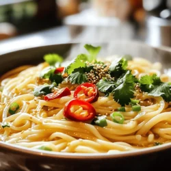 - Pasta options: linguine or spaghetti - Fresh vegetables and herbs: garlic, red chili pepper, ginger, green onions, cilantro - Essential sauces and oils: soy sauce, sesame oil, rice vinegar - Seasonings: salt, pepper, crushed red pepper flakes This dish shines with simple, fresh ingredients. You can choose either linguine or spaghetti as your pasta base. I love linguine for its flat shape, but spaghetti works just as well. Next, we need fresh vegetables and herbs. Garlic is a must for that rich, aromatic flavor. The red chili pepper adds spice; you can adjust this based on your taste. Ginger gives a sweet heat that balances the dish. Green onions and cilantro add freshness and color. For essential sauces and oils, grab soy sauce for saltiness, sesame oil for nuttiness, and rice vinegar for a touch of tang. Finally, the seasonings are key. Use salt and pepper to taste. If you want more heat, sprinkle in crushed red pepper flakes. These ingredients come together to create a simple yet flavorful dish. For the full recipe, check the section above. First, boil a big pot of water. Add a pinch of salt to the water. This helps the pasta taste better. Cook 8 oz of linguine or spaghetti until it is al dente. This means it should still be firm. Drain the pasta in a colander, but save about 1/2 cup of the cooking water. You will need this later. Next, grab a large skillet and heat 4 tablespoons of olive oil over medium heat. Once hot, add 6 cloves of minced garlic and 1 sliced red chili pepper. Sauté them for about 2-3 minutes. You want the garlic to smell nice and turn golden, but not burn. This step adds a lot of flavor! Now, add 1 tablespoon of grated ginger to the skillet. Stir for about a minute. Then, reduce the heat to low. Add the cooked noodles into the skillet. Pour in 2 tablespoons of soy sauce, 1 tablespoon of sesame oil, and 1 tablespoon of rice vinegar. Toss everything together. If the noodles feel dry, add a little bit of the reserved pasta water. Season with salt and pepper to taste. If you want more heat, sprinkle in some crushed red pepper flakes. Finally, toss in 2 chopped green onions and 1/4 cup of chopped cilantro. Mix gently until everything is well combined. Enjoy your spicy garlic noodles! For the complete recipe, check out the [Full Recipe]. To achieve al dente pasta, cook the linguine for 8-10 minutes. Test it two minutes before the time ends. It should be firm but not hard. When you drain the pasta, save half a cup of the cooking water. This water helps make the sauce creamy. Balancing flavors is key. The garlic must shine without overpowering. Start with the right amount of garlic and chili. If it’s too strong, add more noodles. A pinch of sugar can also help tone down heat. To adjust spice levels, start with one red chili pepper. You can always add more later. If you want it mild, remove the seeds. For extra heat, sprinkle crushed red pepper flakes at the end. Using reserved pasta water effectively makes your dish shine. After you add noodles to the skillet, pour in a little pasta water. This helps combine flavors and creates a lovely sauce. If your noodles seem dry, add more water until you reach the desired consistency. For the full recipe, check out the Spicy Garlic Noodles section. {{image_2}} You can easily make this dish vegan. Instead of soy sauce, use tamari for a gluten-free option. For added protein, try tofu or tempeh. Simply cube the tofu and sauté it until golden before mixing it with the noodles. You can also add vegetables like bell peppers or broccoli for extra color and nutrients. To make this recipe gluten-free, swap the soy sauce for a gluten-free soy sauce or coconut aminos. Use gluten-free pasta, like rice noodles, to keep the dish safe for those with gluten allergies. Spicy garlic noodles pair well with many proteins. Consider adding grilled chicken, shrimp, or beef for a heartier meal. If you prefer a vegetarian option, sautéed mushrooms or chickpeas work nicely too. To add crunch, sprinkle toasted nuts or seeds on top. Sesame seeds or crushed peanuts offer a delightful texture. You can also garnish with extra green onions or cilantro for freshness. Serve in large bowls for a cozy feel, or on individual plates for a more refined look. To keep your spicy garlic noodles fresh, store them in an airtight container. Make sure the noodles cool first to avoid condensation. Refrigerate them within two hours of cooking for safety. They will stay good for about 3 to 5 days. When reheating, use a skillet for the best results. Add a splash of water or oil to prevent sticking. Heat over medium-low heat until warm. You can also freeze spicy garlic noodles for later. First, let them cool completely. Then, place them in a freezer-safe container or bag. Remove as much air as possible to avoid freezer burn. They can last up to three months in the freezer. When you're ready to eat, thaw them in the fridge overnight. Reheat them in a skillet, adding a little water if needed. This helps keep the noodles moist and tasty. For a quick meal, I recommend using the Full Recipe to create fresh, flavorful noodles anytime! If you need a soy sauce substitute, you can use tamari. Tamari is gluten-free and tastes similar. You can also use coconut aminos for a sweeter flavor. Both options work well in this recipe. To reduce the spice in this dish, skip the red chili pepper. You can also use less garlic, as it adds some heat. Adding more green onions and cilantro can give flavor without the spice. Another option is to add a pinch of sugar, which can balance the heat. Yes, you can make this dish ahead of time! Cook the noodles and store them in the fridge. Prepare the sauce and keep it separate. Mix them just before serving to keep the noodles fresh. For the best taste, reheat gently in a skillet over low heat. For the complete recipe, check out the full recipe section. In this post, we covered how to make spicy garlic noodles using simple ingredients. You learned to cook pasta, sauté aromatics, and combine flavors. I shared tips for perfecting your dish, looking at vegan options and serving ideas. Lastly, we talked about storing leftovers and answered common questions. With this knowledge, you can create a tasty meal that's both fun and easy. Enjoy experimenting with this recipe!