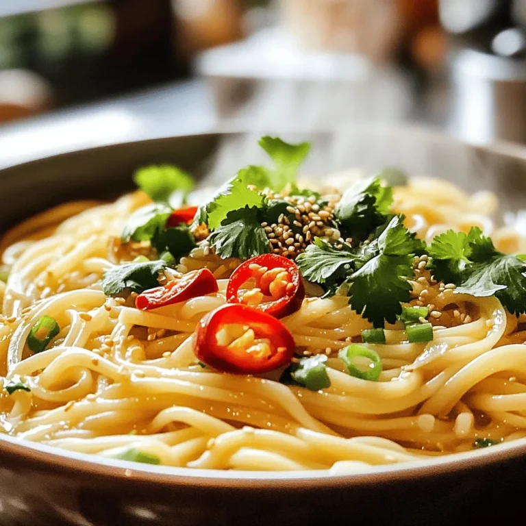 - Pasta options: linguine or spaghetti - Fresh vegetables and herbs: garlic, red chili pepper, ginger, green onions, cilantro - Essential sauces and oils: soy sauce, sesame oil, rice vinegar - Seasonings: salt, pepper, crushed red pepper flakes This dish shines with simple, fresh ingredients. You can choose either linguine or spaghetti as your pasta base. I love linguine for its flat shape, but spaghetti works just as well. Next, we need fresh vegetables and herbs. Garlic is a must for that rich, aromatic flavor. The red chili pepper adds spice; you can adjust this based on your taste. Ginger gives a sweet heat that balances the dish. Green onions and cilantro add freshness and color. For essential sauces and oils, grab soy sauce for saltiness, sesame oil for nuttiness, and rice vinegar for a touch of tang. Finally, the seasonings are key. Use salt and pepper to taste. If you want more heat, sprinkle in crushed red pepper flakes. These ingredients come together to create a simple yet flavorful dish. For the full recipe, check the section above. First, boil a big pot of water. Add a pinch of salt to the water. This helps the pasta taste better. Cook 8 oz of linguine or spaghetti until it is al dente. This means it should still be firm. Drain the pasta in a colander, but save about 1/2 cup of the cooking water. You will need this later. Next, grab a large skillet and heat 4 tablespoons of olive oil over medium heat. Once hot, add 6 cloves of minced garlic and 1 sliced red chili pepper. Sauté them for about 2-3 minutes. You want the garlic to smell nice and turn golden, but not burn. This step adds a lot of flavor! Now, add 1 tablespoon of grated ginger to the skillet. Stir for about a minute. Then, reduce the heat to low. Add the cooked noodles into the skillet. Pour in 2 tablespoons of soy sauce, 1 tablespoon of sesame oil, and 1 tablespoon of rice vinegar. Toss everything together. If the noodles feel dry, add a little bit of the reserved pasta water. Season with salt and pepper to taste. If you want more heat, sprinkle in some crushed red pepper flakes. Finally, toss in 2 chopped green onions and 1/4 cup of chopped cilantro. Mix gently until everything is well combined. Enjoy your spicy garlic noodles! For the complete recipe, check out the [Full Recipe]. To achieve al dente pasta, cook the linguine for 8-10 minutes. Test it two minutes before the time ends. It should be firm but not hard. When you drain the pasta, save half a cup of the cooking water. This water helps make the sauce creamy. Balancing flavors is key. The garlic must shine without overpowering. Start with the right amount of garlic and chili. If it’s too strong, add more noodles. A pinch of sugar can also help tone down heat. To adjust spice levels, start with one red chili pepper. You can always add more later. If you want it mild, remove the seeds. For extra heat, sprinkle crushed red pepper flakes at the end. Using reserved pasta water effectively makes your dish shine. After you add noodles to the skillet, pour in a little pasta water. This helps combine flavors and creates a lovely sauce. If your noodles seem dry, add more water until you reach the desired consistency. For the full recipe, check out the Spicy Garlic Noodles section. {{image_2}} You can easily make this dish vegan. Instead of soy sauce, use tamari for a gluten-free option. For added protein, try tofu or tempeh. Simply cube the tofu and sauté it until golden before mixing it with the noodles. You can also add vegetables like bell peppers or broccoli for extra color and nutrients. To make this recipe gluten-free, swap the soy sauce for a gluten-free soy sauce or coconut aminos. Use gluten-free pasta, like rice noodles, to keep the dish safe for those with gluten allergies. Spicy garlic noodles pair well with many proteins. Consider adding grilled chicken, shrimp, or beef for a heartier meal. If you prefer a vegetarian option, sautéed mushrooms or chickpeas work nicely too. To add crunch, sprinkle toasted nuts or seeds on top. Sesame seeds or crushed peanuts offer a delightful texture. You can also garnish with extra green onions or cilantro for freshness. Serve in large bowls for a cozy feel, or on individual plates for a more refined look. To keep your spicy garlic noodles fresh, store them in an airtight container. Make sure the noodles cool first to avoid condensation. Refrigerate them within two hours of cooking for safety. They will stay good for about 3 to 5 days. When reheating, use a skillet for the best results. Add a splash of water or oil to prevent sticking. Heat over medium-low heat until warm. You can also freeze spicy garlic noodles for later. First, let them cool completely. Then, place them in a freezer-safe container or bag. Remove as much air as possible to avoid freezer burn. They can last up to three months in the freezer. When you're ready to eat, thaw them in the fridge overnight. Reheat them in a skillet, adding a little water if needed. This helps keep the noodles moist and tasty. For a quick meal, I recommend using the Full Recipe to create fresh, flavorful noodles anytime! If you need a soy sauce substitute, you can use tamari. Tamari is gluten-free and tastes similar. You can also use coconut aminos for a sweeter flavor. Both options work well in this recipe. To reduce the spice in this dish, skip the red chili pepper. You can also use less garlic, as it adds some heat. Adding more green onions and cilantro can give flavor without the spice. Another option is to add a pinch of sugar, which can balance the heat. Yes, you can make this dish ahead of time! Cook the noodles and store them in the fridge. Prepare the sauce and keep it separate. Mix them just before serving to keep the noodles fresh. For the best taste, reheat gently in a skillet over low heat. For the complete recipe, check out the full recipe section. In this post, we covered how to make spicy garlic noodles using simple ingredients. You learned to cook pasta, sauté aromatics, and combine flavors. I shared tips for perfecting your dish, looking at vegan options and serving ideas. Lastly, we talked about storing leftovers and answered common questions. With this knowledge, you can create a tasty meal that's both fun and easy. Enjoy experimenting with this recipe!