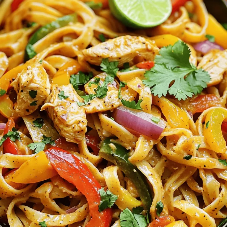 - 8 oz (225g) fettuccine pasta - 1 lb (450g) boneless, skinless chicken breast, sliced - 1 bell pepper (red or yellow), thinly sliced - 1 bell pepper (green), thinly sliced - 1 medium red onion, thinly sliced - 3 cloves garlic, minced - 1 tablespoon olive oil - 2 teaspoons chili powder - 1 teaspoon cumin - 1 teaspoon paprika - ½ teaspoon oregano - Salt and pepper to taste - 1 cup heavy cream - ½ cup grated Parmesan cheese - Fresh cilantro, chopped (for garnish) - Lime wedges (for serving) This Chicken Fajita Pasta recipe is simple and full of flavor. You need just a few ingredients to create a dish that tastes amazing. The combination of chicken, colorful peppers, and creamy sauce makes each bite special. You use fettuccine pasta as the base. The pasta holds the sauce well. The chicken brings protein, while the bell peppers add a sweet crunch. The red onion and garlic give a great depth of flavor. Spices like chili powder, cumin, and paprika give the dish a warm kick. You can adjust these spices to fit your taste. The heavy cream and Parmesan cheese make the sauce rich and creamy, adding a luxurious touch. This dish is not only tasty but also filling. You can serve it with lime wedges and fresh cilantro for a burst of freshness. It’s a complete meal that everyone will love. Enjoy making this delightful dish with the full recipe provided! - Calories: Approximately 650 per serving - Carbohydrates: 70g - Fats: 30g - Proteins: 30g This Chicken Fajita Pasta is a great way to enjoy a hearty meal with a tasty twist. First, boil water in a large pot. Add salt to the water to enhance the flavor. Cook the fettuccine pasta according to the package instructions, usually around 8-10 minutes. You want it al dente. Once done, drain the pasta and set it aside. Next, heat olive oil in a large skillet over medium heat. Season the sliced chicken breast with salt, pepper, chili powder, cumin, paprika, and oregano. Cook the chicken for about 6-8 minutes, until it is no longer pink. Remove the chicken from the skillet and set it aside on a plate. In that same skillet, add the sliced bell peppers and red onion. Sauté them for about 5 minutes until they become tender and slightly caramelized. This step brings out their natural sweetness. Then, add the minced garlic and cook for another minute to release its lovely aroma. Now, return the cooked chicken to the skillet. Pour in the heavy cream and sprinkle the grated Parmesan cheese over everything. Stir well until the cheese melts and the sauce becomes creamy. Taste and adjust the seasoning with salt and pepper if needed. Take the cooked fettuccine pasta and toss it into the skillet. Gently mix everything together to coat the pasta with the rich sauce and ingredients. Ensure every strand is covered with that delicious sauce. To serve, plate the Chicken Fajita Pasta warm. Garnish it with chopped fresh cilantro for a pop of color. Add a lime wedge on the side for a zesty touch. Enjoy this tasty and simple dish that brings joy to any meal! For the full recipe, check out the details above. To make the chicken juicy, slice it thinly. This helps it cook quickly and evenly. I like to season it with salt, pepper, chili powder, cumin, paprika, and oregano. These spices add great flavor. Heat olive oil in your skillet over medium heat. Cook the chicken until it turns golden and is no longer pink, about 6-8 minutes. This ensures it stays tender. For a smooth sauce, use heavy cream and grated Parmesan cheese. When you add the cream, turn the heat down to low. This helps avoid curdling. Stir well to mix everything. Keep stirring as the cheese melts. If you see the sauce getting too thick, add a splash of pasta water to loosen it. This keeps the sauce silky and rich. Serve Chicken Fajita Pasta warm. I like to pair it with a fresh salad or warm bread. For toppings, try chopped cilantro or a squeeze of lime. These add brightness to the dish. You can also serve it with a side of your favorite veggies. This makes a complete meal that feels special. For the full recipe, check out the link to make this easy dish at home. {{image_2}} You can easily boost the veggie factor in your Chicken Fajita Pasta. Adding zucchini or corn gives great texture. Slice zucchini into thin rounds and toss them in while cooking the peppers. Corn adds sweetness and crunch. Use fresh or frozen corn for this dish. You can also try adding mushrooms or spinach for extra flavor and nutrients. Just remember to adjust cooking time for each vegetable to keep them tender. Want more heat? You can add extra chili powder or even cayenne pepper. For a milder taste, skip the chili powder or use smoked paprika instead. You can also add a dash of hot sauce at the end. If your family prefers less spice, try adding more cream to balance the heat. Taste as you go to find the perfect mix for you. This recipe is flexible with proteins. If you want shrimp, cook them just until they turn pink. For beef, use thinly sliced flank steak and cook it until it's browned. Tofu is a great plant-based option too. Just make sure to press and cube the tofu before frying. These swaps keep the dish exciting while catering to different diets. Check out the Full Recipe for more ideas! To reheat Chicken Fajita Pasta, use a skillet. Heat it over medium-low heat. Add a splash of cream or broth to keep it moist. Stir gently until warm. This method keeps the pasta creamy and tasty. To freeze Chicken Fajita Pasta, let it cool completely first. Place it in an airtight container. Label it with the date. It can stay in the freezer for up to three months. To thaw, move it to the fridge overnight. Reheat as explained above. Chicken Fajita Pasta lasts about three to four days in the fridge. Make sure to store it in an airtight container. If you see any signs of spoilage, discard it. Always check for off smells or changes in texture. Yes, you can use many pasta types! Fettuccine works well, but you can try: - Penne - Bowtie - Spaghetti - Linguine Each pasta type gives a unique bite. Just adjust cooking time as needed. For example, penne might need a bit longer. Experiment and find your favorite! Absolutely! Chicken Fajita Pasta is great for meal prep. Here’s how: - Cook a large batch and store in airtight containers. - Keep it in the fridge for up to 4 days. - For longer storage, freeze it for up to 3 months. When you’re ready to eat, just reheat in the microwave or on the stove. It tastes great even after freezing! Yes, you can make this dish dairy-free! Here are some options: - Use coconut cream instead of heavy cream. - Substitute nutritional yeast for Parmesan cheese. - Almond or soy milk can also work well in the sauce. These swaps keep the creamy texture while cutting out dairy. Your taste buds won’t miss a thing! Pair your pasta with yummy sides and drinks! Here are some ideas: - Fresh garden salad with a light vinaigrette - Garlic bread for a crunchy side - Mexican corn on the cob - A refreshing margarita or iced tea These sides complement the flavors and make your meal even better! Enjoy your feast! In this blog post, I covered how to make Chicken Fajita Pasta from start to finish. We looked at the ingredients needed, cooking methods, and tasty variations. Choosing fresh chicken and veggies makes a big difference. Always remember to adjust seasonings to suit your taste. This dish is easy to prepare and perfect for meal prep. Enjoy making it your own by trying different proteins or spices. With the right tips, you’ll have a delicious meal every time.