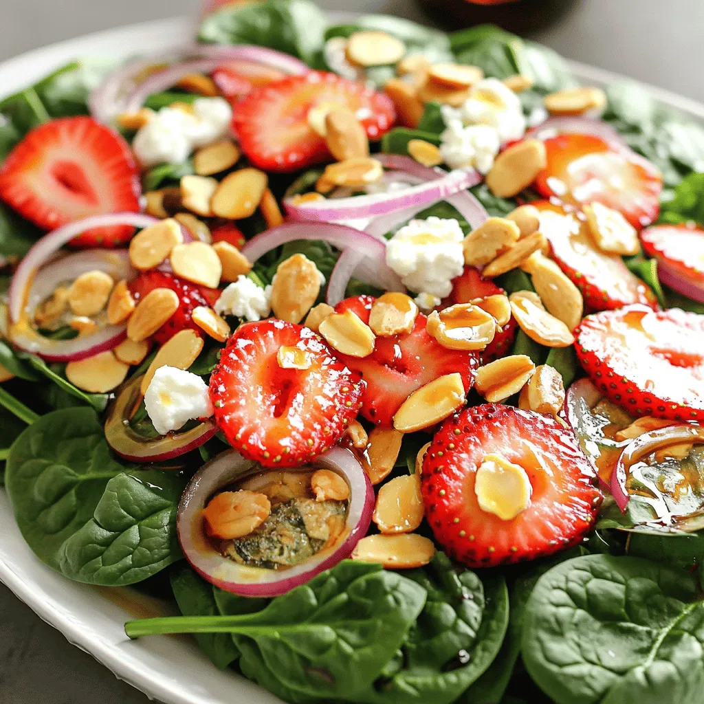 The main ingredients for the Spinach Strawberry Salad are simple and fresh. Here’s what you need: - 4 cups fresh spinach leaves, washed and dried - 1 cup strawberries, hulled and sliced - ½ cup goat cheese, crumbled - ¼ cup sliced almonds, toasted - ¼ red onion, thinly sliced Using fresh and ripe ingredients is key. Fresh spinach gives a nice crunch. Sweet strawberries add a burst of flavor. Goat cheese brings creaminess, while almonds add a nice crunch. The red onion adds a hint of sharpness. These flavors work well together, making the salad taste great. For the dressing, you will need: - 3 tablespoons balsamic vinegar - 2 tablespoons olive oil - 1 tablespoon honey - Salt and pepper to taste This dressing is easy to make. Just whisk the balsamic vinegar, olive oil, honey, salt, and pepper together. If you want to mix it up, try adding a squeeze of lemon juice or some Dijon mustard. You can also use different vinegars for a unique taste. You can find the Full Recipe for Spinach Strawberry Bliss Salad above. Enjoy your fresh and colorful dish! To start, wash the spinach. Place it in a large bowl and fill it with cold water. Swirl the leaves around gently. This helps remove dirt and grit. Then, lift the spinach out and place it on a clean kitchen towel or a salad spinner to dry. Make sure it is dry to keep the salad crisp. Next, slice the strawberries. First, hull the strawberries by removing the green tops. Then, cut them into thin slices. This lets their sweet flavor shine in the salad. For the red onion, take a sharp knife and slice it thinly. Thin slices help balance the onion's sharpness with the sweetness of the strawberries. Now, it’s time to layer the salad. In a large mixing bowl, add the washed spinach first. Then, add the sliced strawberries and red onion on top. Sprinkle the crumbled goat cheese and toasted almond slices over everything. This gives the salad great texture and flavor. For the dressing, whisk together the balsamic vinegar, olive oil, honey, salt, and pepper in a small bowl. Once it’s well mixed, drizzle the dressing over the salad. Gently toss everything together until the spinach and fruit are evenly coated. This step is key to blending all the flavors. When serving, presentation matters! Use a large white platter for a beautiful display. Arrange the spinach as a base and layer the strawberries and other toppings on top. For an extra touch, drizzle some balsamic glaze over the top before serving. For portion sizes, consider using small salad bowls for individual servings. This makes it easy for guests to enjoy their own. Just be sure to serve right away for the best taste and texture. For the Full Recipe, refer to the earlier section. Enjoy this fresh and colorful salad! To make this salad pop, add some extra ingredients. Here are some ideas: - Nuts: Try walnuts or pecans for a crunchy bite. - Seeds: Sprinkle pumpkin or sunflower seeds for added texture. - Fruits: Add blueberries or raspberries for a tangy twist. Balancing flavors is key. The sweetness of strawberries pairs well with the tang of goat cheese. Use a mix of sweet and savory in your toppings. This will keep each bite exciting. Preparing this salad in advance is easy. You can wash and dry the spinach the night before. Store it in a sealed bag with a paper towel to keep it fresh. Keep other ingredients separate. Slice the strawberries and onions, but store them in different containers. This way, they stay crisp and fresh. Mix everything right before serving. This keeps your salad bright and tasty. For the best flavor, remember to check out the Full Recipe for more tips and details! {{image_2}} You can swap ingredients to make this salad your own. Try using different nuts, like walnuts or pecans. They add a nice crunch and flavor. For cheese, feta or blue cheese can work well too. If you want a creamier texture, consider using ricotta. You can even use sunflower seeds if you're nut-free. Seasonal fruits and veggies can make this salad even better. In summer, add ripe peaches or blueberries. In fall, consider apples or pears. These fruits add a fresh taste and color. You can also use winter veggies like roasted beets. Their earthiness pairs nicely with the sweetness of strawberries. You can adapt this salad to fit your diet. For a vegan option, skip the cheese and use maple syrup instead of honey. To make it gluten-free, just ensure your nuts and dressing are gluten-free. If you want a low-calorie salad, reduce the nuts and cheese. You can also use a light vinaigrette for dressing. For the full recipe, check out the Spinach Strawberry Bliss Salad. To keep your leftover salad fresh, store it in an airtight container. This helps seal in moisture and keeps the flavors bright. Make sure to separate the dressing from the salad if you have leftovers. This keeps the spinach crisp and the strawberries firm. Store the salad in the fridge for up to two days. You can't freeze the whole salad, but you can freeze some parts. For example, wash and dry the spinach before freezing. Place it in a freezer bag and remove as much air as possible. This method keeps it fresh for up to three months. Strawberries can also freeze well. Slice them, then lay them on a baking sheet to freeze. Once frozen, transfer them to a bag for longer storage. For keeping the salad ingredients fresh longer, consider these tips: - Store goat cheese in its original packaging or wrap it tightly in foil. - Keep toasted almonds in a cool, dry place in a sealed jar. - Always check your ingredients before use. Fresh ingredients make the best salads. For the full recipe, refer to the Spinach Strawberry Bliss Salad. How can I make this salad more filling? You can add protein to your salad. Grilled chicken, shrimp, or chickpeas work well. You can also add quinoa or farro for extra fiber and nutrients. These additions will help make your meal more satisfying. Can I use frozen strawberries instead of fresh ones? Yes, you can use frozen strawberries. Just remember to thaw them first. Fresh strawberries taste better, but frozen ones are fine in a pinch. They may be a bit softer but will still add flavor. What are the health benefits of spinach and strawberries? Spinach is rich in vitamins A, C, and K. It is also full of iron and antioxidants. Strawberries provide vitamin C, fiber, and antioxidants too. Together, they support heart health and boost your immune system. How long does homemade dressing last in the fridge? Homemade dressing lasts about one week in the fridge. Store it in a sealed jar for freshness. If it separates, just shake it up before using it again. For detailed instructions, check out the Full Recipe for Spinach Strawberry Bliss Salad. In this article, we explored the fresh ingredients for a Spinach Strawberry Salad. We learned how to prepare and assemble it step by step. I shared tips to enhance flavor and ways to make it ahead. You also discovered variations for different diets and how to store leftovers. This salad is a simple way to enjoy healthy food. Use fresh, bright ingredients for the best taste. Tailor it to your needs, and enjoy every bite. Happy cooking!
