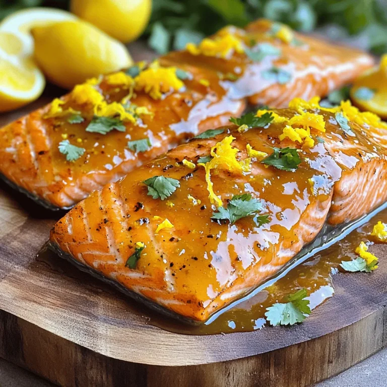 To make Citrus Grilled Salmon, you will need: - 4 salmon fillets (6 oz each) - 1 orange, zested and juiced - 1 lemon, zested and juiced - 2 tablespoons olive oil - 2 cloves garlic, minced - 1 tablespoon fresh ginger, grated - 1 tablespoon honey - Salt and pepper to taste - Fresh herbs (like cilantro or parsley) for garnish Salmon is not just tasty; it is very good for you. It has omega-3 fatty acids, which help your heart. These fats can lower bad cholesterol and reduce inflammation. Salmon is also packed with protein, which helps build muscles. Plus, it contains vitamins like B12, which gives you energy. Eating salmon regularly can help keep your brain sharp. Using fresh ingredients makes a big difference in flavor. Fresh salmon has a firm texture and rich taste. Fresh fruits, like oranges and lemons, bring out bright flavors in the dish. They also add vitamins and antioxidants that boost your health. When you use fresh herbs, they add a burst of freshness and aroma. Fresh ingredients make your meals not just healthy but also exciting and full of life. For the full recipe, check out the details provided. To start, gather all your ingredients. In a bowl, mix the orange zest, orange juice, lemon zest, lemon juice, olive oil, minced garlic, grated ginger, honey, salt, and pepper. Whisk this until it blends well. This is your marinade. Place the salmon fillets in a dish or a plastic bag. Pour the marinade over the salmon. Make sure each piece is coated well. Cover the dish or seal the bag. Let the salmon marinate in the fridge for at least 30 minutes. This step adds flavor and keeps the fish moist. Next, preheat your grill to medium-high heat. Take the salmon out of the marinade. Let the excess marinade drip off but save some for basting. Place the salmon skin-side down on the grill. Cook it for about 5 to 6 minutes without moving it. This helps get nice grill marks. Carefully flip the fillets over. Brush the reserved marinade on top. Grill for another 4 to 5 minutes. You’ll know it’s done when the salmon flakes easily with a fork. Remove the salmon from the grill and let it rest for a few minutes. Garnish your grilled salmon with fresh herbs. You can use cilantro or parsley for a pop of color. Serve the salmon with lemon wedges on the side. Adding a simple salad or some grilled veggies can make a great meal. You can find the full recipe for more details. Enjoy your Citrus Grilled Salmon! To make the best marinade, use fresh citrus. Fresh fruit gives a bright flavor. For this recipe, I love using orange and lemon. Their zest adds a nice touch. Mix the zest and juice with olive oil, garlic, ginger, and honey. This mix makes the salmon tasty and moist. Let the salmon soak for at least 30 minutes. If you have time, marinate for a few hours. The longer it sits, the more flavor it gets. Grilling salmon can be easy if you follow some tips. First, preheat your grill to medium-high heat. This step helps create those nice grill marks. Place the salmon skin-side down first. This helps keep the fish from falling apart. Cook for about 5-6 minutes without moving it. Then, flip it carefully and baste with the leftover marinade. This adds even more flavor. Grill for another 4-5 minutes. Salmon is done when it flakes easily with a fork. One common mistake is cooking salmon too long. Overcooked salmon becomes dry and tough. Always check for doneness a few minutes early. Another mistake is not letting the salmon rest. Resting for a few minutes helps the juices stay inside. Finally, avoid using frozen salmon without thawing it first. Frozen fish can cook unevenly. For the best results, use fresh salmon. Try these tips to make your citrus grilled salmon shine! For the full recipe, check the details above. {{image_2}} You can swap out citrus fruits for a fun twist. Try using lime instead of lemon. Lime adds a zesty kick that brightens the fish. You might also use grapefruit for a sweeter taste. The sweet and tangy mix makes the salmon shine. Each fruit gives a unique flavor, so feel free to experiment. Grilling gives salmon a nice smoky flavor. It creates those beautiful grill marks. You can also bake it in the oven. Baking is easy and keeps the salmon moist. Set your oven to 400°F and cook for about 12-15 minutes. You will get a tasty result either way. Just keep an eye on the fish to avoid overcooking. Pair your citrus grilled salmon with fresh sides. Steamed veggies work well, adding color and crunch. A light salad with greens and a citrus dressing complements the fish. You can also serve it with rice or quinoa for a filling meal. Feel free to mix and match sides to suit your taste. Each choice enhances the salmon's bright flavors. For the full recipe, check out the Citrus Grilled Salmon Delight. To store leftover Citrus Grilled Salmon, place it in an airtight container. Make sure it cools to room temperature first. This helps keep the salmon fresh for a few days. Store it in the fridge for up to three days. If you want to keep it longer, freezing is a great option. When you reheat the salmon, do it gently. Preheat your oven to 275°F (135°C). Place the salmon on a baking sheet and cover it with foil. Heat for about 15 minutes or until warmed through. This method helps keep the salmon moist. You can also use the microwave, but it may dry it out. If you choose this method, use low heat and a covered dish. If you want to freeze the salmon, wrap each fillet tightly in plastic wrap. Then, place them in a freezer bag. Remove as much air as possible before sealing. This helps prevent freezer burn. You can freeze the salmon for up to three months. When you’re ready to eat, thaw it in the fridge overnight before reheating. For the best taste, try to enjoy it as soon as you can! You should cook salmon on the grill for about 10 to 12 minutes. Cook it skin-side down first. After 5 to 6 minutes, flip the salmon carefully. It should flake easily when done. Yes, you can use frozen salmon. Just be sure to thaw it fully first. Place it in the fridge overnight or run it under cold water. Once it's thawed, you can follow the [Full Recipe]. Citrus grilled salmon pairs great with many sides. Here are some tasty options: - Steamed asparagus - Quinoa salad - Roasted vegetables - Fresh green salad - Garlic mashed potatoes These sides add flavor and color to your meal. Enjoy your cooking! In this post, we covered essential ingredients and their health perks. I shared how to prepare, grill, and serve salmon. We discussed tips to improve your meal and explored fun variations. I also offered storage advice and answered common questions about cooking salmon. Using fresh ingredients will make your dish shine. Enjoy experimenting with flavors and methods to find what you love best. Happy grilling!