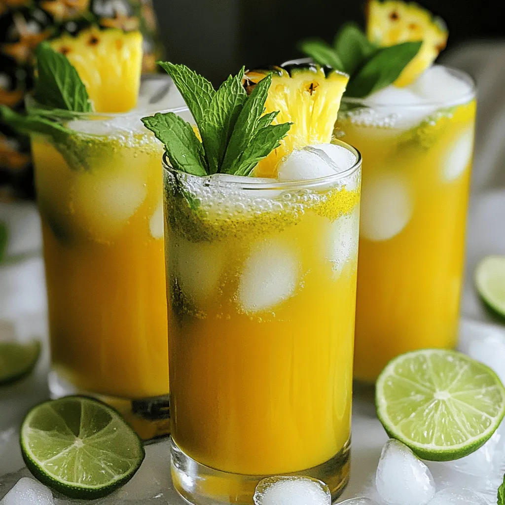 To make a refreshing Turmeric Pineapple Fizz, you need some simple and tasty ingredients. Here’s what you’ll gather for this vibrant drink: - Fresh pineapple juice - Ground turmeric - Honey or agave syrup - Fresh lime juice - Sparkling water - Ice cubes - Fresh mint leaves - Lime slices Fresh pineapple juice gives this drink a sweet and tropical flavor. The ground turmeric adds a warm, earthy taste and bright color. Honey or agave syrup sweetens the drink just right. Fresh lime juice brings a tangy kick that balances the sweetness. Sparkling water adds fizz and makes it extra refreshing. Ice cubes keep the drink cool and enjoyable. Fresh mint leaves give a lovely aroma and make it look pretty. Lastly, lime slices are perfect for garnish and extra flavor. You’ll love how easy it is to make this drink. Just gather all the ingredients, and you're ready to whip up a delicious Turmeric Pineapple Fizz. For the complete details on making it, check the Full Recipe. 1. Start by mixing the fresh pineapple juice, ground turmeric, honey, and lime juice in a bowl. Stir it well. Make sure the honey dissolves completely. This step is key for a smooth drink. 2. Next, fill your serving glasses halfway with ice cubes. Use plenty of ice. It keeps the drink cold and refreshing. 3. Now, pour the pineapple and turmeric mix over the ice. Fill each glass about two-thirds full. This helps balance the flavors with the sparkling water. 4. Top off each glass with sparkling water. Gently stir to combine everything. This adds the fizz that makes it fun to drink. 1. For a lovely touch, garnish each glass with fresh mint leaves and a slice of lime. This adds color and a burst of flavor. 2. Serve the drink immediately. Enjoy it fresh for the best taste. The fizz and tropical flavors will make it a hit! For the complete recipe, you can refer to the Full Recipe. You can make this drink just the way you like it. If you want it sweeter, add more honey or agave syrup. Start with one tablespoon and taste it. If you want more sweetness, add a little bit more. You can also try using fresh herbs like basil or cilantro. They can add a fun twist to your drink. Just muddle a few leaves in your glass before adding the ice and drink mixture. This adds a fresh and bright flavor. To ensure your turmeric mixes well, stir it in the pineapple juice fully. This helps it blend smoothly and gives you an even taste. If you see any lumps, just keep stirring until they disappear. For the best fizz, keep your sparkling water chilled. Make sure your drink is cold before serving. This keeps it refreshing on a hot day. Always serve it right after mixing. The fizz tastes best when fresh! For the full recipe, check the earlier section. {{image_2}} You can change the taste of your Turmeric Pineapple Fizz easily. Adding ginger gives it a spicy kick. Just grate a small piece and mix it in. Mint also adds a cool twist. You can muddle fresh mint leaves before adding the juice. If you want to try other fruit juices, you can use orange or mango juice. These juices add sweetness and change the flavor. Mixing different juices makes the drink fun and fresh. This drink pairs well with many snacks and light meals. Try it with shrimp tacos or a fresh salad. The fizz and flavors complement light dishes perfectly. In summer, enjoy it chilled by the pool. For winter, warm the pineapple juice and turmeric. This way, you can enjoy a cozy drink even when it’s cold outside. For the full recipe, refer to the earlier section. You can make the turmeric pineapple mixture ahead of time. This saves you effort when hosting friends or family. Simply mix the pineapple juice, turmeric, honey, and lime juice in a bowl. Store it in the fridge for up to three days. This way, your drink stays fresh and flavorful. Just remember to stir it again before serving. The ingredients can settle, especially the turmeric. Freezing is a great way to keep the flavors longer. You can freeze the pineapple juice in ice cube trays. Once frozen, pop the cubes into a bag. This lets you use them later for other drinks. You can also freeze any leftover mixture. Pour it into a container and seal it well. When you want a fizzy drink, just thaw it and mix with sparkling water. Making ice cubes from leftovers is simple. Pour the mixture into trays and freeze. These cubes will add a burst of flavor to your drinks. You can also use them in smoothies for a tasty twist. What are the health benefits of turmeric? Turmeric has many great health benefits. It can help reduce inflammation and boost your immune system. The active compound, curcumin, is known for its strong antioxidant properties. This means it helps fight free radicals in the body. Turmeric may also improve digestion and support joint health. Adding it to drinks, like our Turmeric Pineapple Fizz, makes it easy to enjoy these benefits. Can I use canned pineapple juice? Yes, you can use canned pineapple juice. However, fresh juice tastes better and has more nutrients. If you choose canned juice, pick one with no added sugar. This keeps your drink healthy and tasty. You may need to adjust the sweetness, as canned juice can be sweeter than fresh juice. How can I make this recipe vegan? Making this recipe vegan is simple. Just swap honey for agave syrup or maple syrup. Both options add sweetness without animal products. The rest of the ingredients in the Turmeric Pineapple Fizz are already vegan. This means you can enjoy this refreshing drink without worry. For the Full Recipe, check the main section of this article. You now have a simple recipe for a tasty Turmeric Pineapple Fizz. We covered the key ingredients like fresh pineapple juice and turmeric. I offered easy steps for making and serving your drink. Remember, you can customize it with different herbs and flavors. Always keep the drink cold for the best taste. Feel free to prepare it ahead of time or freeze extras. Enjoy sharing this refreshing drink with snacks or meals. With these tips, you can make it your own and impress your friends.