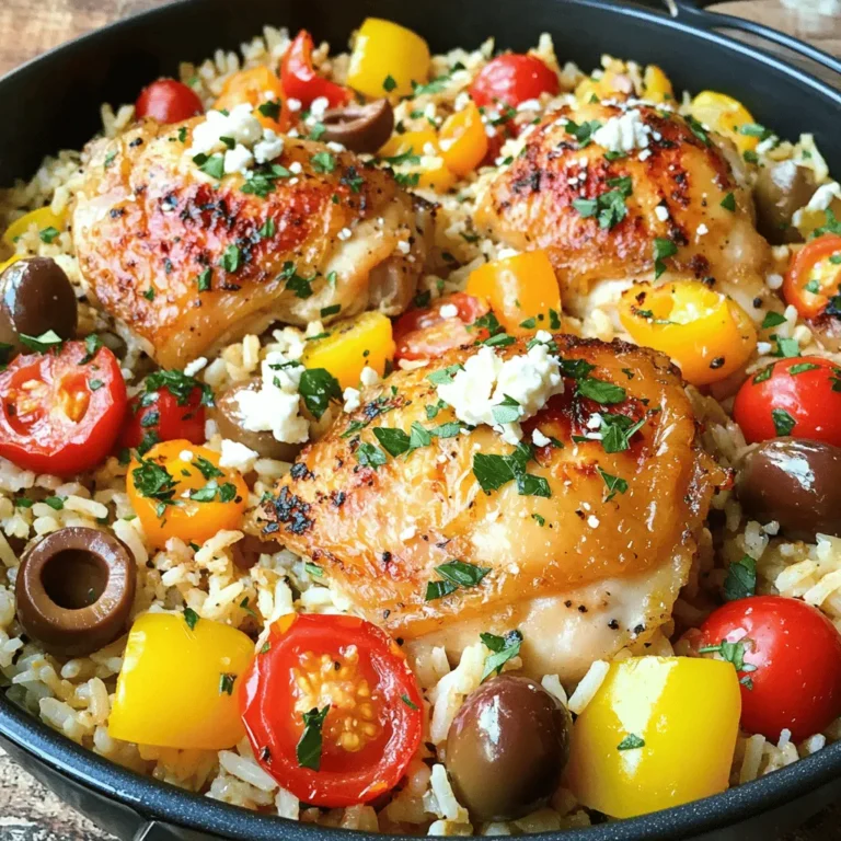- 4 boneless, skinless chicken thighs - 1 cup basmati rice - 1 medium onion, diced - 3 cloves garlic, minced - 1 bell pepper (red or yellow), diced - 1 cup cherry tomatoes, halved - 1½ cups chicken broth - 1 teaspoon dried oregano - 1 teaspoon dried thyme - Juice of 1 lemon - ¼ cup Kalamata olives, pitted and sliced - ¼ cup feta cheese, crumbled - 2 tablespoons olive oil - Salt and pepper to taste - Fresh parsley, chopped for garnish Each ingredient plays a key role in the flavor. The chicken thighs give rich taste and texture. Basmati rice adds a light and fluffy base. The onion and garlic bring depth with their savory notes. The bell pepper and tomatoes add sweetness and freshness. The chicken broth infuses the dish with flavor. Dried oregano and thyme enhance the Mediterranean essence. Fresh lemon juice adds a bright zing. Kalamata olives provide a briny contrast, while feta cheese offers creaminess. Lastly, fresh parsley brightens the dish. You can swap chicken thighs for breasts if you prefer leaner meat. Quinoa or jasmine rice works as a rice alternative. If you lack fresh tomatoes, use canned diced tomatoes. For a vegetarian option, replace chicken with chickpeas. Feel free to mix up the herbs. Basil or rosemary can replace oregano and thyme. Don’t have olives? Capers can add a similar salty kick. Each swap can change the dish's flavor, so choose what you love. For the full recipe, check out the link. Start by gathering all your ingredients. This makes cooking easier and fun. You need: - 4 boneless, skinless chicken thighs - 1 cup basmati rice - 1 medium onion, diced - 3 cloves garlic, minced - 1 bell pepper, diced - 1 cup cherry tomatoes, halved - 1½ cups chicken broth - 1 teaspoon dried oregano - 1 teaspoon dried thyme - Juice of 1 lemon - ¼ cup Kalamata olives, sliced - ¼ cup feta cheese, crumbled - 2 tablespoons olive oil - Salt and pepper to taste - Fresh parsley, chopped for garnish Make sure to wash your veggies. Dice the onion and bell pepper. Mince the garlic. Halve the cherry tomatoes. This prep helps flavors blend well. Heat the olive oil in a large pot over medium-high heat. Season the chicken thighs with salt and pepper. Add them to the pot and sear for 5-7 minutes per side. Look for a nice golden color. Remove the chicken and set it aside. In the same pot, add the onion and bell pepper. Sauté for 3-4 minutes until they soften. Then, add the garlic and cook for 1 minute until it smells great. Stir in the rice and toast it for 2 minutes. Next, pour in the chicken broth, oregano, thyme, and lemon juice. Mix well and bring to a simmer. Nestle the chicken back in the pot. Add the cherry tomatoes and olives. Cover and reduce the heat to low. Cook for about 20 minutes until the rice is tender and the chicken is cooked through. Once done, remove the pot from heat. Let it sit covered for an extra 5 minutes. Fluff the rice with a fork. Serve with crumbled feta and parsley on top. Keep an eye on the pot while it cooks. Set a timer for 20 minutes. This helps you avoid overcooking the rice or chicken. If the rice looks dry, add a bit more broth. Use a meat thermometer to check the chicken. It should reach 165°F for safe eating. Taste the rice before serving. If it needs more flavor, sprinkle a little salt or pepper. Enjoy this dish as a warm, comforting meal. Want to know more? Check out the Full Recipe for detailed steps! To boost the taste of One Pot Greek Chicken Rice, use fresh herbs. Fresh oregano or parsley will add a crisp note. You can also try adding a pinch of red pepper flakes for heat. Remember that quality chicken broth makes a big difference. It brings rich flavor to the rice. Don’t forget the squeeze of lemon juice; it brightens the dish. Add it right before serving for the best effect. One common mistake is not searing the chicken properly. Searing adds flavor and color. Avoid overcooking the rice; it should be tender, not mushy. Make sure to let the dish sit covered after cooking. This helps the flavors meld together. Also, don’t skip the feta cheese; it adds a creamy, salty finish. Lastly, be careful with salt. The olives and feta are salty, so taste first. A large pot or Dutch oven is best for this recipe. It allows for even cooking and helps build flavor. A wooden spoon is great for stirring. Use a sharp knife for chopping veggies. A cutting board will keep your workspace clean. Don’t forget a measuring cup for rice and broth. For serving, a large spoon or ladle works well. For the full recipe, check out Mediterranean Bliss: One Pot Greek Chicken Rice. {{image_2}} You can switch chicken for other proteins. Try using shrimp or fish for a lighter meal. For beef lovers, diced steak adds rich flavor. Just adjust cooking times to ensure they cook through. Each protein brings its own taste and texture, keeping your dish fresh and exciting. To make this dish vegetarian, skip the chicken and use chickpeas or tofu. Both options add protein and heartiness. For a vegan version, replace the feta cheese with a plant-based alternative. Use vegetable broth instead of chicken broth for a full flavor. These changes keep the dish tasty while catering to different diets. Feel free to play with flavors! Add spices like cumin or paprika for warmth. Throw in fresh herbs like dill or mint for a bright touch. You can also toss in vegetables like zucchini or spinach to boost nutrition. Try different olives or cheese types, like goat cheese, for a unique twist. Each small change can lead to a new favorite version of this dish. After you enjoy your One Pot Greek Chicken Rice, store any leftovers in an airtight container. Make sure the dish has cooled down first. This helps keep it fresh. Store it in the fridge for up to three days. If you want to keep it longer, freezing is a good option. When you’re ready to eat the leftovers, reheat them on the stove. Add a splash of chicken broth or water to keep the rice moist. Heat over medium-low heat, stirring often. You can also use the microwave. Place the rice in a microwave-safe dish, cover it with a damp paper towel, and heat in short bursts. Stir in between to warm it evenly. To freeze your One Pot Greek Chicken Rice, place it in a freezer-safe container. It will stay good for about three months. When you’re ready to enjoy it, thaw it overnight in the fridge. Reheat it as mentioned earlier. Freezing helps lock in flavors, so you can enjoy this dish later! For the full recipe, check out the Mediterranean Bliss: One Pot Greek Chicken Rice. This dish takes about 40 minutes to cook. You start with prep, which takes about 10 minutes. Then, cooking the chicken and rice takes around 30 minutes. You want the rice to be tender and the chicken cooked through. This timing makes it a quick and tasty meal for any night. Yes, you can use brown rice. However, brown rice takes longer to cook. It usually needs about 45-50 minutes. You must also adjust the liquid. Use about 2 cups of broth for every cup of brown rice. This change will keep the rice moist and flavorful. You can serve this dish with a fresh salad. A Greek salad with cucumbers, tomatoes, and olives pairs well. You might also enjoy tzatziki sauce on the side. It adds a cool and creamy touch. For something warm, try crusty bread or pita. These sides enhance the meal and make it even more delightful. For the full recipe, check out the [Full Recipe]. This guide covered the key ingredients and step-by-step instructions for making One Pot Greek Chicken Rice. You learned about ingredient substitutes and tips to enhance flavor. Remember to avoid common mistakes for better results. Explore variations for added excitement and find ideal storage methods for leftovers. With practice, you'll master this dish. Each time you cook, you'll gain confidence and skill. Enjoy the journey of making and sharing this tasty meal. Your cooking will shine with each experience.