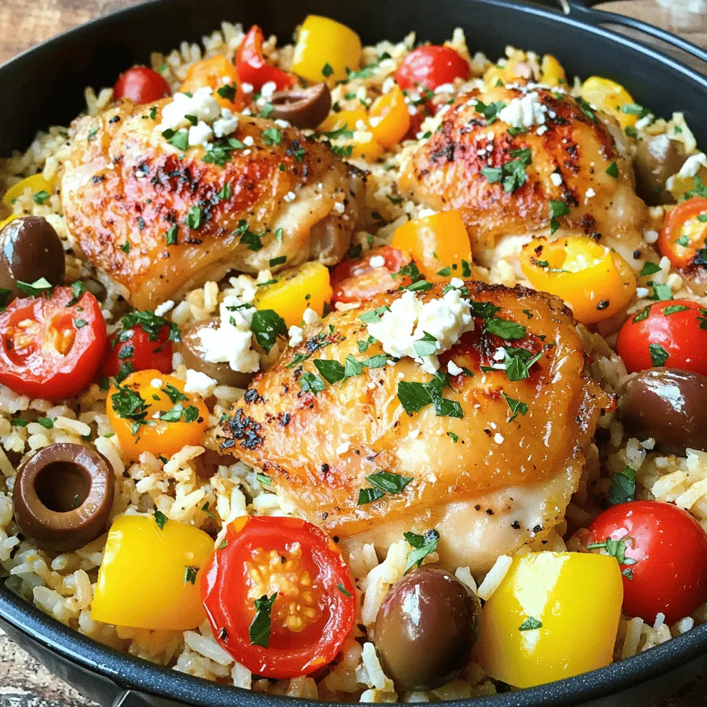 - 4 boneless, skinless chicken thighs - 1 cup basmati rice - 1 medium onion, diced - 3 cloves garlic, minced - 1 bell pepper (red or yellow), diced - 1 cup cherry tomatoes, halved - 1½ cups chicken broth - 1 teaspoon dried oregano - 1 teaspoon dried thyme - Juice of 1 lemon - ¼ cup Kalamata olives, pitted and sliced - ¼ cup feta cheese, crumbled - 2 tablespoons olive oil - Salt and pepper to taste - Fresh parsley, chopped for garnish Each ingredient plays a key role in the flavor. The chicken thighs give rich taste and texture. Basmati rice adds a light and fluffy base. The onion and garlic bring depth with their savory notes. The bell pepper and tomatoes add sweetness and freshness. The chicken broth infuses the dish with flavor. Dried oregano and thyme enhance the Mediterranean essence. Fresh lemon juice adds a bright zing. Kalamata olives provide a briny contrast, while feta cheese offers creaminess. Lastly, fresh parsley brightens the dish. You can swap chicken thighs for breasts if you prefer leaner meat. Quinoa or jasmine rice works as a rice alternative. If you lack fresh tomatoes, use canned diced tomatoes. For a vegetarian option, replace chicken with chickpeas. Feel free to mix up the herbs. Basil or rosemary can replace oregano and thyme. Don’t have olives? Capers can add a similar salty kick. Each swap can change the dish's flavor, so choose what you love. For the full recipe, check out the link. Start by gathering all your ingredients. This makes cooking easier and fun. You need: - 4 boneless, skinless chicken thighs - 1 cup basmati rice - 1 medium onion, diced - 3 cloves garlic, minced - 1 bell pepper, diced - 1 cup cherry tomatoes, halved - 1½ cups chicken broth - 1 teaspoon dried oregano - 1 teaspoon dried thyme - Juice of 1 lemon - ¼ cup Kalamata olives, sliced - ¼ cup feta cheese, crumbled - 2 tablespoons olive oil - Salt and pepper to taste - Fresh parsley, chopped for garnish Make sure to wash your veggies. Dice the onion and bell pepper. Mince the garlic. Halve the cherry tomatoes. This prep helps flavors blend well. Heat the olive oil in a large pot over medium-high heat. Season the chicken thighs with salt and pepper. Add them to the pot and sear for 5-7 minutes per side. Look for a nice golden color. Remove the chicken and set it aside. In the same pot, add the onion and bell pepper. Sauté for 3-4 minutes until they soften. Then, add the garlic and cook for 1 minute until it smells great. Stir in the rice and toast it for 2 minutes. Next, pour in the chicken broth, oregano, thyme, and lemon juice. Mix well and bring to a simmer. Nestle the chicken back in the pot. Add the cherry tomatoes and olives. Cover and reduce the heat to low. Cook for about 20 minutes until the rice is tender and the chicken is cooked through. Once done, remove the pot from heat. Let it sit covered for an extra 5 minutes. Fluff the rice with a fork. Serve with crumbled feta and parsley on top. Keep an eye on the pot while it cooks. Set a timer for 20 minutes. This helps you avoid overcooking the rice or chicken. If the rice looks dry, add a bit more broth. Use a meat thermometer to check the chicken. It should reach 165°F for safe eating. Taste the rice before serving. If it needs more flavor, sprinkle a little salt or pepper. Enjoy this dish as a warm, comforting meal. Want to know more? Check out the Full Recipe for detailed steps! To boost the taste of One Pot Greek Chicken Rice, use fresh herbs. Fresh oregano or parsley will add a crisp note. You can also try adding a pinch of red pepper flakes for heat. Remember that quality chicken broth makes a big difference. It brings rich flavor to the rice. Don’t forget the squeeze of lemon juice; it brightens the dish. Add it right before serving for the best effect. One common mistake is not searing the chicken properly. Searing adds flavor and color. Avoid overcooking the rice; it should be tender, not mushy. Make sure to let the dish sit covered after cooking. This helps the flavors meld together. Also, don’t skip the feta cheese; it adds a creamy, salty finish. Lastly, be careful with salt. The olives and feta are salty, so taste first. A large pot or Dutch oven is best for this recipe. It allows for even cooking and helps build flavor. A wooden spoon is great for stirring. Use a sharp knife for chopping veggies. A cutting board will keep your workspace clean. Don’t forget a measuring cup for rice and broth. For serving, a large spoon or ladle works well. For the full recipe, check out Mediterranean Bliss: One Pot Greek Chicken Rice. {{image_2}} You can switch chicken for other proteins. Try using shrimp or fish for a lighter meal. For beef lovers, diced steak adds rich flavor. Just adjust cooking times to ensure they cook through. Each protein brings its own taste and texture, keeping your dish fresh and exciting. To make this dish vegetarian, skip the chicken and use chickpeas or tofu. Both options add protein and heartiness. For a vegan version, replace the feta cheese with a plant-based alternative. Use vegetable broth instead of chicken broth for a full flavor. These changes keep the dish tasty while catering to different diets. Feel free to play with flavors! Add spices like cumin or paprika for warmth. Throw in fresh herbs like dill or mint for a bright touch. You can also toss in vegetables like zucchini or spinach to boost nutrition. Try different olives or cheese types, like goat cheese, for a unique twist. Each small change can lead to a new favorite version of this dish. After you enjoy your One Pot Greek Chicken Rice, store any leftovers in an airtight container. Make sure the dish has cooled down first. This helps keep it fresh. Store it in the fridge for up to three days. If you want to keep it longer, freezing is a good option. When you’re ready to eat the leftovers, reheat them on the stove. Add a splash of chicken broth or water to keep the rice moist. Heat over medium-low heat, stirring often. You can also use the microwave. Place the rice in a microwave-safe dish, cover it with a damp paper towel, and heat in short bursts. Stir in between to warm it evenly. To freeze your One Pot Greek Chicken Rice, place it in a freezer-safe container. It will stay good for about three months. When you’re ready to enjoy it, thaw it overnight in the fridge. Reheat it as mentioned earlier. Freezing helps lock in flavors, so you can enjoy this dish later! For the full recipe, check out the Mediterranean Bliss: One Pot Greek Chicken Rice. This dish takes about 40 minutes to cook. You start with prep, which takes about 10 minutes. Then, cooking the chicken and rice takes around 30 minutes. You want the rice to be tender and the chicken cooked through. This timing makes it a quick and tasty meal for any night. Yes, you can use brown rice. However, brown rice takes longer to cook. It usually needs about 45-50 minutes. You must also adjust the liquid. Use about 2 cups of broth for every cup of brown rice. This change will keep the rice moist and flavorful. You can serve this dish with a fresh salad. A Greek salad with cucumbers, tomatoes, and olives pairs well. You might also enjoy tzatziki sauce on the side. It adds a cool and creamy touch. For something warm, try crusty bread or pita. These sides enhance the meal and make it even more delightful. For the full recipe, check out the [Full Recipe]. This guide covered the key ingredients and step-by-step instructions for making One Pot Greek Chicken Rice. You learned about ingredient substitutes and tips to enhance flavor. Remember to avoid common mistakes for better results. Explore variations for added excitement and find ideal storage methods for leftovers. With practice, you'll master this dish. Each time you cook, you'll gain confidence and skill. Enjoy the journey of making and sharing this tasty meal. Your cooking will shine with each experience.