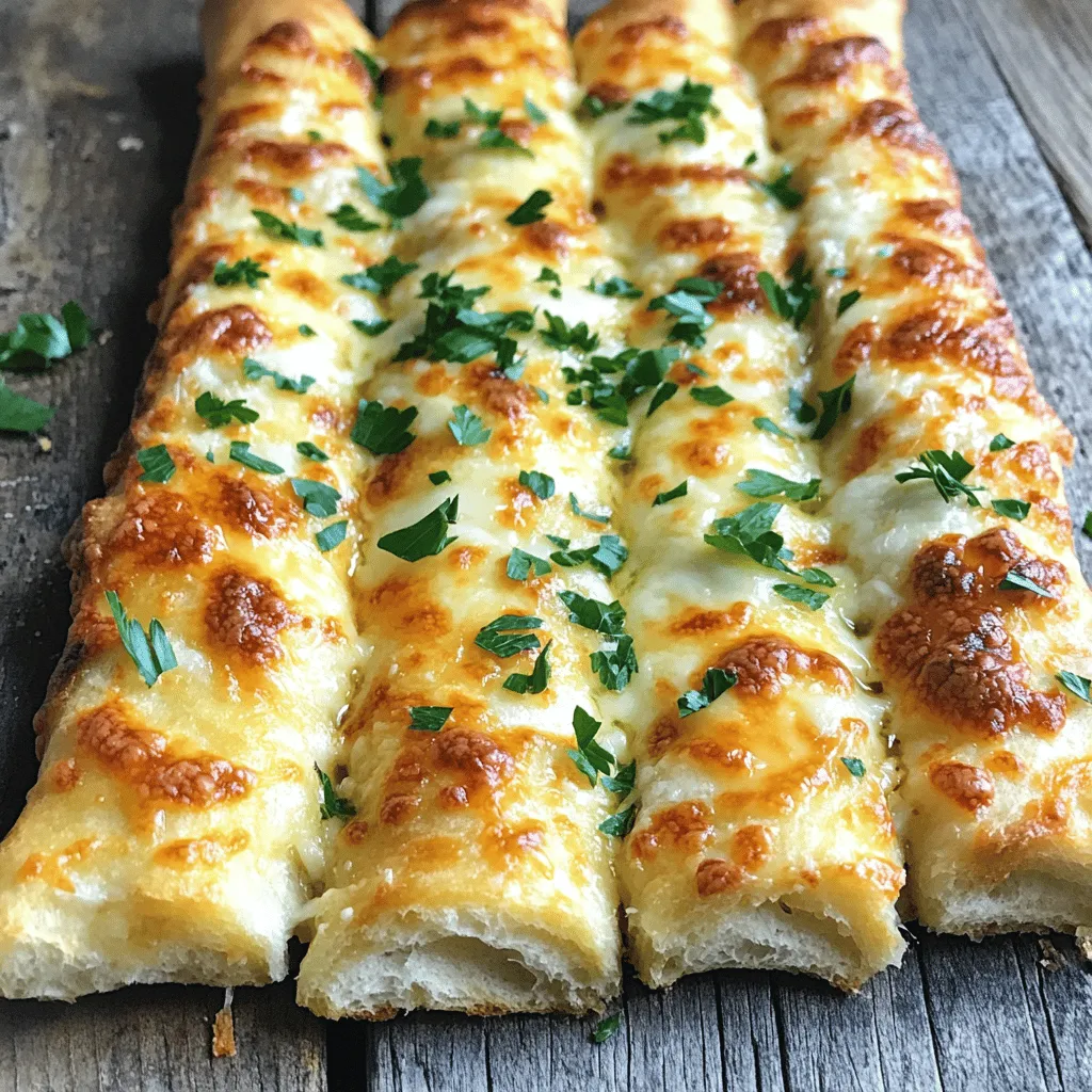 To make cheesy garlic breadsticks, you need simple ingredients. Here’s what you will need: - 2 cups all-purpose flour - 1 tsp baking powder - 1/2 tsp salt - 3/4 cup warm water - 1 tbsp olive oil - 2 cloves garlic, minced - 1 cup shredded mozzarella cheese - 1/2 cup grated Parmesan cheese - 1 tsp dried oregano - 1/2 tsp red pepper flakes (optional) - Fresh parsley, chopped (for garnish) These ingredients combine to create a soft, cheesy treat. The flour gives the bread its structure, while the cheese adds creaminess and flavor. You can get creative with your breadsticks. Here are some add-ins and seasonings that work well: - Chopped green onions for a fresh touch - Italian seasoning for a flavor boost - Garlic powder if you want more garlic flavor - Cooked bacon bits for a savory crunch Feel free to experiment with what you have at home. These extras can help make your breadsticks even more tasty. While mozzarella and Parmesan are classic choices, you can mix it up. Consider these cheeses for extra flavor: - Cheddar for a sharp kick - Gouda for a rich, creamy taste - Fontina for a melty texture Using different cheeses can change the flavor profile of your breadsticks. Choose what you like best, and enjoy the cheesy goodness! For the full recipe, check out the recipe section above. To start, gather your ingredients. In a large mixing bowl, add the flour, baking powder, and salt. Mix these dry ingredients well. Next, slowly pour in the warm water and olive oil. Stir until the dough forms. If it's too dry, add a little more water. If it's too wet, add a bit of flour. Once combined, transfer the dough to a floured surface. Knead it for about 2-3 minutes until it feels soft and elastic. This step is key for a nice texture. Now, let's make the cheesy topping. In a small bowl, combine the minced garlic, mozzarella cheese, Parmesan cheese, oregano, and red pepper flakes if you like some heat. Mix well to ensure every bite is cheesy and flavorful. This topping will make your breadsticks shine. Before you bake, preheat your oven to 400°F (200°C). Roll the dough into a rectangle about 1/2 inch thick. Place it on a baking sheet lined with parchment paper. Next, sprinkle the cheesy mixture evenly over the dough. Use a pizza cutter to slice the dough into strips, cutting almost all the way through. This keeps the breadsticks together. Bake for 15-20 minutes until the edges are golden and the cheese bubbles. Once done, take them out and let them cool a bit. Garnish with chopped parsley for a fresh touch. Enjoy your delicious cheesy garlic breadsticks! For more details, check out the Full Recipe. To get the best texture, focus on kneading the dough. Knead for about 2-3 minutes. This helps the dough become soft and elastic. If it feels sticky, add a bit more flour. If it’s too dry, add a touch of water. Rolling the dough to the right thickness is key. Aim for about 1/2 inch thick. This thickness allows for a nice rise and keeps the breadsticks soft. One common mistake is not measuring the ingredients correctly. Use measuring cups for the flour and water. Too much flour makes the dough dry. Not enough flour makes it too wet. Another mistake is not cutting the dough properly. Cut it almost all the way through but leave it intact. This helps the breadsticks pull apart easily after baking. To amp up the flavor, try adding more garlic! Mix in some minced garlic with the cheese. You can also use fresh herbs like basil or thyme. These add a fresh taste. For a bit of heat, sprinkle in some red pepper flakes. This adds a nice kick. You can also swap out the cheeses for different flavors. Try using cheddar or a blend of cheeses for variety. {{image_2}} You can enjoy cheesy garlic breadsticks even if you need gluten-free options. Use a gluten-free flour blend instead of all-purpose flour. Make sure the blend has a good structure for baking. You might also want to add a bit of xanthan gum. This will help bind the dough. Follow the same steps in the recipe, and you’ll have tasty breadsticks for everyone. Herbs can make your cheesy garlic breadsticks even better. Try adding fresh or dried herbs to the dough. Basil, thyme, or rosemary work well. You can mix them into the dough or sprinkle them on top with the garlic and cheese. This adds a nice flavor that pairs well with the cheese. Experiment with different herbs to find your favorite mix. Dipping sauces can take your cheesy garlic breadsticks to the next level. A classic marinara sauce is always a hit. You can also try garlic butter for an extra garlic punch. For something different, make a ranch dip or a spicy aioli. Pair your breadsticks with a fresh salad or a hearty soup for a complete meal. These options keep your meal fun and exciting. For the full recipe, check out the recipe section and get started on your cheesy garlic breadsticks today! After you enjoy your cheesy garlic breadsticks, store any leftovers in an airtight container. This keeps them fresh for about 2-3 days. If you want to save them longer, consider freezing instead. To freeze cheesy garlic breadsticks, first let them cool completely. Then, wrap each stick tightly in plastic wrap. Place them in a freezer-safe bag or container. They can last up to 2 months in the freezer. This way, you can enjoy them whenever you want! For the best taste, reheat your breadsticks in the oven. Preheat your oven to 350°F (175°C). Place the breadsticks on a baking sheet. Heat them for about 10-15 minutes or until warm and crispy. You can also microwave them, but they may get soft. Enjoy your cheesy garlic breadsticks just like fresh! You can make cheesy garlic breadsticks without yeast by using baking powder instead. Baking powder helps the dough rise without the need for yeast. This method is quick and easy. Just mix your dry ingredients, add water and olive oil, then knead. It will create a soft dough that bakes well. If you want to substitute mozzarella cheese, you have several options. Cheddar cheese adds a sharp flavor. Monterey Jack gives a creamy texture. You can also use a blend of cheeses for more taste. Just make sure to use a cheese that melts well for the best results. Yes, you can prepare the dough ahead of time. Make the dough and wrap it tightly in plastic wrap. Store it in the fridge for up to 24 hours. When you’re ready to bake, let it sit at room temperature for about 30 minutes. This way, you'll have fresh breadsticks ready to go when you need them. You learned how to make perfect cheesy garlic breadsticks. We covered key ingredients, optional add-ins, and the best cheeses. The step-by-step instructions guide you through dough prep, topping creation, and baking. I've shared tips for texture and common mistakes. You can explore variations for gluten-free options and tasty dips. Lastly, proper storage tips ensure your breadsticks last. Enjoy your cheesy creation!