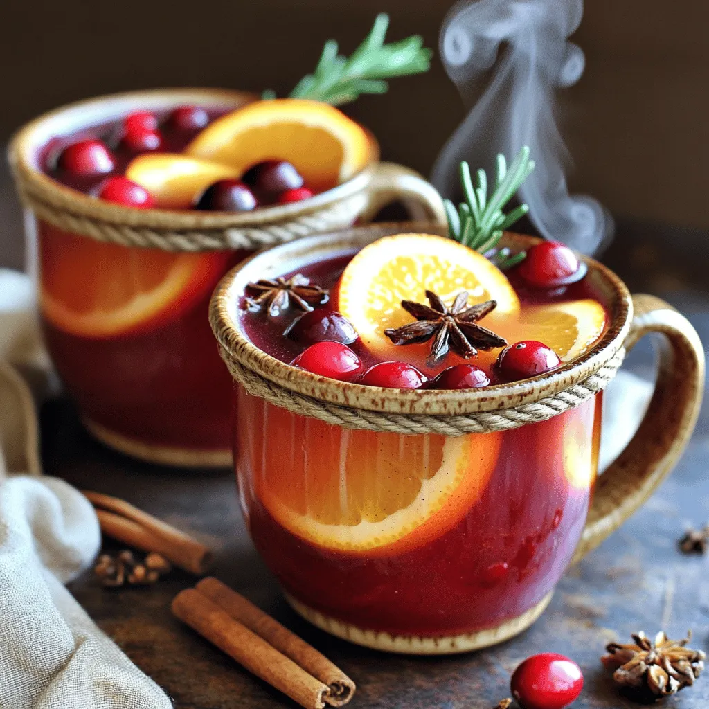 To create a cozy Spiced Cranberry Apple Cider, gather these key ingredients: - 4 cups apple cider - 2 cups cranberry juice (100% juice, no added sugars) - 1/2 cup fresh cranberries (optional, for garnish) - 2 oranges, sliced Apple cider brings a sweet base, while cranberry juice adds a tart kick. Fresh cranberries and orange slices give a vibrant touch and extra flavor. The magic in this drink comes from spices and flavor enhancers: - 1 tablespoon whole cloves - 1 tablespoon cinnamon sticks (about 2-3 sticks) - 1/2 tablespoon allspice berries - 1/4 cup brown sugar (adjust to taste) - 1 teaspoon vanilla extract Whole cloves and cinnamon sticks add warmth and depth. Allspice berries bring in a hint of nutmeg and pepper. Brown sugar sweetens the mix, while vanilla gives a smooth finish. For a little flair, consider these optional garnishes: - Fresh rosemary sprigs - Additional fruit options Fresh rosemary adds a lovely aroma. You can also use other fruits like apple slices or additional citrus for a fun twist. This recipe is perfect for gatherings or a quiet evening at home. Enjoy crafting this delightful drink with the Full Recipe. First, gather your ingredients. You need apple cider, cranberry juice, oranges, and spices. I love using whole cloves, cinnamon sticks, and allspice berries. They add a warm flavor. In a large pot, mix the apple cider and cranberry juice. Pour in the water and stir it well. Next, toss in orange slices, cloves, cinnamon sticks, allspice berries, brown sugar, and vanilla extract. This mix gives a great taste. Now, bring the mix to a gentle boil over medium heat. Once it boils, reduce the heat to low. Let it simmer for 15 to 20 minutes. This step lets the spices infuse their flavors into the cider. While it simmers, you can mash the fresh cranberries a bit. This helps release their juices and adds more flavor. After simmering, taste the cider. If you want it sweeter, stir in more brown sugar. Adjust it to your liking. Once the cider smells amazing, it’s time to strain it. Use a fine mesh sieve to remove the spices. This step ensures a smooth drink. Now, serve the hot cider in mugs. You can garnish it with fresh cranberries and a sprig of rosemary if you like. For the full recipe, check out the complete guide. Enjoy your warm drink! To achieve the best flavor and aroma in your spiced cranberry apple cider, focus on the spice infusion. Start by adding the whole spices early in the cooking process. Let them simmer well. This allows their flavors to release fully into the cider. If you want a stronger spice taste, consider adding more cloves or cinnamon sticks. Adjusting sweetness is also key. The brown sugar adds a lovely depth. However, not everyone likes their cider sweet. After simmering, taste the cider. If it needs more sweetness, add a little more brown sugar until you find the right balance. When serving your cider, think about your drinkware. Mugs are classic and keep your drink warm. Glasses can add a nice touch for guests. Whichever you choose, serve the cider hot for the best experience. A warm drink on a chilly day feels comforting and festive. Pair your cider with snacks or meals for a full experience. Think about spiced nuts or cheese platters. These bites complement the drink's flavors. For gatherings, get creative! Serve cider in a big pot where guests can help themselves. Add garnishes like fresh cranberries or rosemary sprigs for a festive touch. This makes the drink look inviting and adds extra flavor. Try these tips to elevate your spiced cranberry apple cider. Enjoy the rich flavors and the warmth it brings! For the complete guide, check out the Full Recipe. {{image_2}} You can make Spiced Cranberry Apple Cider even more exciting. Adding alcohol gives it a fun twist. Try mixing in rum or whiskey. Both pair well with the spices. If you want a lighter drink, consider adding fruit blends. Pears or berries can add a fresh taste. These fruits enhance the cider's flavor and aroma, making it unique. For those watching their sugar, you can use substitutes. Stevia or honey can replace brown sugar. This keeps the drink sweet without extra calories. If you prefer a non-alcoholic version, simply skip the spirits. The cider will still taste great and is perfect for all ages. You can also give your cider a festive flair. Try adding holiday spices like nutmeg or ginger. These will bring warmth to your drink. Think about using cinnamon sticks as stirrers for a cozy touch. You might even add a splash of pomegranate juice for a pop of color and flavor. For the full recipe, refer to the Spiced Cranberry Apple Cider section. Enjoy crafting your own special variations! After you enjoy your spiced cranberry apple cider, store any leftovers in the fridge. Place the cider in an airtight container. This helps keep the flavors fresh for up to five days. When you want to drink it again, just reheat it on the stove. Stir it well to mix any settled spices. If you want to save cider for later, freezing is a great choice. Pour the cider into freezer-safe containers, leaving some space at the top. This is important as liquids expand when frozen. Label each container with the date. You can freeze cider for up to three months. To enjoy frozen cider, move it to the fridge overnight to thaw. If you need it sooner, run the container under warm water. Once thawed, heat it on the stove, stirring well. Leftover cider can be more than just a drink. You can use it in recipes to add flavor. Try making a cranberry glaze for meats or a sauce for desserts. You can also use it in marinades or salad dressings. These ideas help reduce waste and keep your meals exciting. For more ideas, check out the full recipe for spiced cranberry apple cider. To make spiced cranberry apple cider from scratch, follow these steps: 1. Mix the liquids: Start by mixing 4 cups of apple cider and 2 cups of cranberry juice in a large pot. 2. Add water: Pour in 2 cups of water and stir well. 3. Incorporate flavors: Toss in sliced oranges, whole cloves, cinnamon sticks, allspice berries, brown sugar, and vanilla extract. 4. Heat: Bring the mixture to a gentle boil over medium heat. 5. Simmer: Lower the heat and let it simmer for 15-20 minutes. This helps the spices infuse their flavors. 6. Mash cranberries: If using fresh cranberries, mash them slightly as you stir. This releases their juices. 7. Taste and adjust: Taste the cider and add more brown sugar if you want it sweeter. 8. Strain: Once it smells amazing, strain out the spices using a fine mesh sieve. 9. Serve: Pour the hot cider into mugs. Add garnishes like fresh cranberries and rosemary if you like. You can find the full recipe in earlier sections of this article. Yes, you can easily make this drink in a slow cooker. Here’s how: 1. Combine ingredients: Place all the ingredients in the slow cooker. This includes apple cider, cranberry juice, water, orange slices, spices, and sugar. 2. Set the heat: Cook on low for 4-6 hours or on high for 2-3 hours. This allows the flavors to blend well. 3. Adjust sweetness: Taste the cider and add more sugar if needed. 4. Serve: Once done, serve it hot, just like you would from a pot. Spiced cranberry apple cider has several health benefits: - Cranberries: They are high in antioxidants and may support urinary health. - Apples: These are a good source of fiber and vitamin C, promoting heart health. - Spices: Cinnamon and cloves can help with digestion and may have anti-inflammatory effects. - Low in added sugars: This recipe uses brown sugar and can be adjusted to your taste, making it a healthier choice. Enjoying this drink not only warms you up but also adds some health benefits to your holiday gatherings! Spiced cranberry apple cider is a warm, flavorful drink perfect for any occasion. We covered the main ingredients, spices, and how to mix them for maximum taste. You learned tips for serving and variations to keep it fresh. Incorporate your favorite fruits or spices to personalize the recipe. Remember to store leftovers properly to enjoy later. This cider is not just a drink; it’s a cozy experience that can brighten any gathering. Enjoy making it your own!
