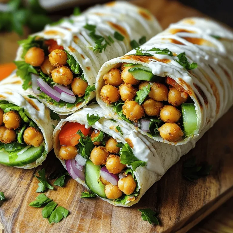 Chickpea Shawarma Wraps are packed with flavor and freshness. To make these wraps, you need simple and tasty ingredients. Here’s what you’ll need: - Chickpeas and Spices - 1 can (15 oz) chickpeas, drained and rinsed - 2 tablespoons olive oil - 2 teaspoons ground cumin - 2 teaspoons ground coriander - 1 teaspoon smoked paprika - 1 teaspoon garlic powder - 1/2 teaspoon cayenne pepper (adjust to taste) - Salt and pepper to taste - Fresh Vegetables - 1 cup mixed greens (spinach, arugula, etc.) - 1/2 cucumber, sliced - 1 medium tomato, diced - 1/4 red onion, thinly sliced - Fresh parsley, chopped (for garnish) - Flatbread or Pita Bread - 4 large whole wheat wraps or pita bread - Tahini Sauce - 1/2 cup tahini sauce (store-bought or homemade) These ingredients blend to create a delicious meal. The chickpeas add protein and flavor. The spices make them taste like shawarma. Fresh vegetables bring crunch and color. The tahini sauce ties it all together. You can find the full recipe above to guide you through each step. Enjoy making these wraps! Oven Preheating and Chickpea Preparation Start by preheating your oven to 400°F (200°C). This high heat helps make the chickpeas crispy. While the oven heats, drain and rinse one can of chickpeas. Pat them dry with a paper towel. Dry chickpeas roast better. Roasting Process Details In a bowl, mix the chickpeas with olive oil, cumin, coriander, smoked paprika, garlic powder, cayenne pepper, salt, and pepper. Stir until all the chickpeas are well coated. Spread them on a baking sheet in a single layer. Roast for 25-30 minutes, shaking the pan halfway through. They should turn golden brown and crispy. Vegetable Preparation Tips While the chickpeas roast, prepare your veggies. Slice half a cucumber, dice one medium tomato, and thinly slice a quarter of a red onion. Fresh, crisp veggies add great taste and texture. Layering for Best Flavor Be sure to layer your ingredients right. Start with a handful of mixed greens as your base. Then, add a generous scoop of crispy chickpeas. Next, add the cucumber, tomato, and red onion. This order keeps everything fresh and tasty. Step-by-Step Assembly Process To assemble, take a large whole wheat wrap or pita. Place it flat on a clean surface. Layer the mixed greens, chickpeas, and veggies as mentioned. Drizzle some tahini sauce on top for richness. Folding Techniques Fold the sides of the wrap in first, then roll tightly from the bottom up. This keeps all the delicious fillings inside. Repeat this process until you use all your ingredients. Your wraps are now ready to enjoy! For the full recipe, check out the ingredients and steps provided earlier. To get crispy chickpeas, you need to roast them well. Here are some simple tips: - Oven Tips for Optimal Roasting: Preheat your oven to 400°F (200°C). Spread the seasoned chickpeas in one layer on a baking sheet. This helps them cook evenly. Shake the pan halfway through to ensure they crisp up all around. Roast for about 25-30 minutes. Look for a golden brown color for the best texture. - Spice Adjustments for Personal Preference: You can change the spices based on your taste. For more heat, add extra cayenne pepper. If you prefer milder flavors, cut back on the spices. Feel free to experiment with other spices, like paprika or turmeric, to find your perfect mix. How you present your wraps can make a big difference. Here are some ideas to make them look great: - Serving Suggestions: Serve the wraps on a wooden board or slate. It adds a rustic feel. Cut them in half to showcase the colorful filling. You can also place some extra tahini sauce in a small bowl for dipping. - Garnishing for Appeal: Sprinkle fresh parsley on top of your wraps for a pop of color. You can also add a few slices of lemon on the side. This not only looks nice but also adds a fresh zing when squeezed over the wrap. For the full recipe, check the details above! {{image_2}} You can easily make Chickpea Shawarma Wraps gluten-free. Choose gluten-free wraps or lettuce leaves. These options work well and add a fresh touch. You can also use rice paper for a different texture. If you want to change the recipe, swap traditional tahini sauce. Try hummus or yogurt as a creamy spread. These will taste great and keep your meal light. To boost the nutrition in your wraps, add protein. Grilled chicken, shrimp, or tofu can make these wraps heartier. Each option gives a unique flavor and texture. For sauce ideas, think beyond tahini. You could use garlic sauce, spicy harissa, or a yogurt sauce. Each sauce changes the flavor and makes the wrap special. Mix and match based on what you like! For the full experience, check out the Full Recipe. To keep your leftover wraps fresh, place them in an airtight container. You can store them in the fridge for up to three days. This helps keep the flavors intact. If you want to reheat them, use a skillet. Heat it over medium heat and warm each wrap for about 2-3 minutes on each side. This method keeps the wrap soft and the filling warm. You can also use a microwave. Just heat for 30 seconds at a time until warm, but the wrap may get a bit soggy. If you want to save the chickpea mixture for later, freezing works great. First, let the chickpeas cool completely after roasting. Then, place the chickpeas in a freezer-safe bag. Remove as much air as possible before sealing. This helps prevent freezer burn. You can freeze the chickpea mixture for up to three months. To thaw, move the bag to the fridge overnight. For reheating, spread the chickpeas on a baking sheet and warm them in a preheated oven at 400°F for about 10-15 minutes. This makes them crispy again and ready for your wraps. For the full recipe, check the complete guide to making these Chickpea Shawarma Wraps. If you want to swap tahini, try these options: - Hummus: Use plain or flavored hummus for a creamy texture. - Nut Butters: Almond or cashew butter can work well. - Greek Yogurt: It adds creaminess and tanginess. - Sunflower Seed Butter: A nut-free choice with a similar texture. These substitutes can change the flavor a bit but will still taste great! This recipe is already vegan. Just ensure: - Chickpeas: They should be canned or cooked from scratch. - Wraps: Use whole wheat wraps that are free from animal products. - Tahini Sauce: Ensure it's made without honey or dairy. You can easily enjoy this meal while staying plant-based. If you want to eat out, look for places like: - Middle Eastern Restaurants: They often serve shawarma wraps. - Vegan Cafés: Many have creative wraps on their menu. - Food Trucks: Some specialize in Mediterranean or vegan cuisine. Search for local spots online or on food apps to find tasty options. Yes, you can make this recipe ahead! Here’s how: - Chickpeas: Roast them a day early and store in the fridge. - Wraps: Prepare all veggies in advance and keep them fresh. - Assembly: Wrap them right before eating for the best taste. This makes meal prepping easy and convenient! For the full recipe, check out the earlier section. You learned how to make delicious chickpea shawarma wraps. We covered the key ingredients, like chickpeas, spices, and fresh veggies. You also got step-by-step instructions for prepping and roasting. The tips helped you achieve crispy chickpeas and present your wraps well. You now know about variations, storage, and even FAQs. Enjoy making this tasty meal. The recipe is simple, fun, and perfect for friends or family. Get ready to dig in and share your creations!