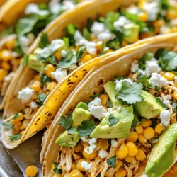 - 2 cups cooked and shredded chicken - 1 cup corn kernels (fresh or frozen) - 1/2 cup mayonnaise - 1/4 cup sour cream - 1/2 teaspoon chili powder - 1/4 teaspoon cayenne pepper (adjust to taste) - Juice of 1 lime - Salt and pepper to taste These ingredients create a tasty mix for the tacos. The chicken gives a nice base. The corn adds sweetness and texture. Mayonnaise and sour cream make the dish creamy. The spices, like chili powder and cayenne pepper, add heat and flavor. Lime juice brings freshness. - 1/2 cup crumbled feta cheese - 2 tablespoons fresh cilantro, chopped - 1 avocado, sliced Adding toppings can boost the taste. Feta cheese adds saltiness. Fresh cilantro brings a bright flavor. Avocado slices add creaminess. You can mix and match toppings based on your taste. For the full recipe, check out the complete guide. Enjoy making these tacos! To make the street corn dressing, grab a bowl. Combine 1/2 cup mayonnaise, 1/4 cup sour cream, 1/2 teaspoon chili powder, and 1/4 teaspoon cayenne pepper. Mix well until smooth. Squeeze in the juice of one lime. Taste it and season with salt and pepper. Adjust as needed until it feels just right. Heat a skillet over medium-high heat. Add 1 cup of corn kernels. If you use fresh corn, cut it off the cob. If you use frozen corn, make sure it’s thawed and dry. Cook for about 5 minutes until the corn gets nice char marks. This gives it a great flavor. In a big mixing bowl, toss together 2 cups of cooked and shredded chicken and the charred corn. Pour in half of your creamy dressing. Stir it all together until the chicken is evenly coated in the dressing. You want every bite to be packed with flavor. Next, take a separate skillet and warm your corn tortillas. Heat them for about 30 seconds on each side. This makes them soft and easy to fold. If you want to keep them warm, wrap them in a clean kitchen towel. Now it’s time to put it all together. On each warmed tortilla, add a good scoop of the chicken and corn mix. Sprinkle crumbled feta cheese, chopped cilantro, and avocado slices on top. Drizzle the remaining dressing over everything for that extra kick. Serve these tacos right away for the best taste. They go well with simple sides like chips and salsa or a fresh salad. These tacos are perfect for casual gatherings or any fun meal at home. Enjoy the flavors and impress your friends! Choosing the right chicken makes a big difference. I prefer using cooked and shredded rotisserie chicken. It saves time and adds great flavor. If you want to cook it yourself, grill or bake it with simple spices. To achieve the best flavor, marinate the chicken. Use lime juice, salt, and a little chili powder. Let it sit for at least 30 minutes. This adds depth to each bite. Experiment with spices and herbs to make your tacos unique. Try adding smoked paprika for a smoky flavor. You can also add garlic powder for an extra kick. Recommended add-ins include black beans or diced jalapeños. These ingredients boost flavor and add texture. Consider topping your tacos with pickled onions for a tangy crunch. The best tools for taco preparation are simple. You need a large skillet or grill. A skillet allows you to cook corn and chicken evenly. If you use a grill, you can get a nice char on the corn, which adds flavor. For warming tortillas, a non-stick skillet works well. Heat them for 30 seconds on each side. This method makes them soft and easy to fold. You can also wrap them in foil and warm them in the oven. If you want the full details on making these tacos, check out the Full Recipe. {{image_2}} For a vegetarian option, you can easily swap out the chicken. You can use grilled vegetables like zucchini, bell peppers, and mushrooms. These veggies add great flavor and texture. Try marinating the vegetables in lime juice and spices for extra taste. Grilling gives them a nice char that mimics the smoky flavor of the taco. You can change the flavor of your tacos by using different seasonings. Instead of chili powder, try a Southwest seasoning blend. This will give your dish a different kick. Adding fruits like mango or pineapple can also add a sweet twist. These fruits balance the spices and give a refreshing touch. You can serve your tacos in two main ways: street-style or plated. Street-style tacos are simple and fun. Just fold them and enjoy. Plated options allow for more garnishing. You can stack them high and add extra toppings for a beautiful presentation. Fresh cilantro, lime wedges, or crumbled cheese work great for garnishing. To keep your chicken and corn mixture fresh, place it in an airtight container. Make sure to cool it down before sealing it. This will help avoid extra moisture. The mixture will last in the fridge for about 3 to 4 days. If you want to enjoy it later, consider freezing it. For the best taste, reheat the mixture in a skillet over medium heat. Stir it gently to keep the flavors intact. You can also microwave it in short bursts, stirring in between. To avoid soggy tortillas, reheat them separately on a hot skillet for about 30 seconds on each side. Yes, you can freeze the taco filling! To freeze, let the mixture cool completely. Then, place it in a freezer-safe bag or container. Squeeze out as much air as possible. When you're ready to eat, thaw it in the fridge overnight. Reheat it in a skillet or microwave before serving. For this recipe, cooked and shredded chicken works best. You can use rotisserie chicken for quick prep. Grilling chicken breasts adds a nice smoky flavor. Just be sure to cook it fully to keep it safe to eat. Yes, you can make these tacos gluten-free! Look for corn tortillas that are labeled gluten-free. Many brands provide good options made from corn or other gluten-free grains. Ensure to check the packaging for certifications. To add heat, use more cayenne pepper in the dressing. You can also mix in some chopped jalapeños. Another option is to add a hot sauce of your choice to the chicken mixture. Adjust the spice level based on your taste. Pair these tacos with a fresh salad for a light meal. Mexican rice and black beans are great sides. For drinks, try serving them with a cold beer or a refreshing agua fresca. This recipe makes about 4 to 6 servings. Each serving includes two tacos, depending on how hungry you are. Adjust the amounts if you have more guests to feed! To find these tacos, check local food trucks or Mexican restaurants. Many places offer street corn chicken tacos on their menus. Using apps like Yelp can help you locate nearby spots that serve this tasty dish. You can create delicious Street Corn Chicken Tacos with simple ingredients and steps. We covered the main ingredients, optional toppings, and how to prepare the dressing and corn. You learned about cooking, assembling, and serving your tacos. Remember, you can customize them with spices and toppings. Store any leftovers properly, and enjoy them later. Get creative with variations to suit your taste. These tacos can be a hit at any meal. Dive into this tasty dish and enjoy every bite!
