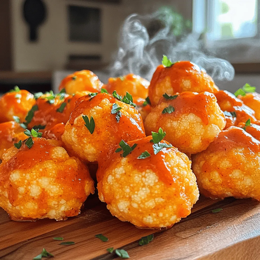 To make Buffalo Cauliflower Bites, you need a few simple ingredients. Here’s what you'll need: - 1 large head of cauliflower - 1 cup all-purpose flour (or gluten-free flour) - 1 cup almond milk (or any non-dairy milk) - Spices: garlic powder, onion powder, smoked paprika, salt, black pepper - 1 cup buffalo hot sauce - 2 tablespoons coconut oil - Fresh parsley (for garnish) Each ingredient plays a key role in making these bites tasty and healthy. The cauliflower gives a great texture, while the flour and almond milk create a light batter. The spices bring a burst of flavor that pairs perfectly with the hot sauce. Using coconut oil helps the sauce stick and adds a nice richness. This recipe is flexible. You can swap in gluten-free flour or any non-dairy milk to fit your needs. The full recipe provides all the details you need to create this delicious snack. Enjoy experimenting with these ingredients! First, preheat your oven to 450°F (230°C). This high heat makes the cauliflower crispy. While the oven heats, prepare your baking sheet by lining it with parchment paper. This helps the bites cook evenly and makes cleanup easy. Next, you’ll make the batter. In a large mixing bowl, combine the dry and wet ingredients. Add 1 cup of all-purpose flour (or gluten-free flour) to the bowl. Pour in 1 cup of almond milk (or any non-dairy milk). Then, mix in 1 teaspoon each of garlic powder, onion powder, and smoked paprika. Add 1/2 teaspoon of salt and 1/4 teaspoon of black pepper. Whisk everything together until the batter is smooth and creamy. Now, it’s time to coat the cauliflower. Take your large head of cauliflower and cut it into bite-sized florets. Toss the florets in the batter until each piece is well coated. Make sure they are evenly covered for the best flavor. Then, arrange the coated cauliflower bites on your prepared baking sheet in a single layer. Keep space between each piece so they can crisp up nicely. For the initial baking, place the baking sheet in the preheated oven. Bake the cauliflower bites for 20 to 25 minutes. Flip them halfway through to ensure they cook evenly. While the cauliflower is baking, mix 1 cup of buffalo hot sauce with 2 tablespoons of melted coconut oil in a separate bowl. Once the cauliflower is golden and crispy, take it out of the oven. Toss the hot bites in the buffalo sauce mixture until they are fully coated. Return the coated cauliflower bites to the baking sheet. Bake them again for 10 more minutes to set the sauce. Now, your Buffalo Cauliflower Bites are almost ready to enjoy! For the full recipe, you can refer to the detailed instructions above and get ready to serve a tasty, healthy snack. Baking gives your Buffalo Cauliflower Bites a great crunch. Avoid frying; it adds extra fat. When you bake, use high heat. This helps the cauliflower get crispy all over. Flipping the bites halfway through cooking is key. This ensures every side turns golden and crunchy. Pair your bites with tasty dips. Ranch dressing works well. Blue cheese is a classic choice too. You can also serve them with celery sticks for a fresh crunch. Try adding a side of carrot sticks for color. If you need gluten-free options, swap the all-purpose flour. Use gluten-free flour instead. For a dairy-free recipe, stick with almond milk or any non-dairy milk. These swaps keep the dish light and tasty. You can still enjoy full flavor with these simple changes. For the complete recipe, check out the [Full Recipe]. {{image_2}} You can change the flavor of your Buffalo cauliflower bites easily. Try different spice blends like Cajun or lemon pepper. These will give your bites a unique twist. You can also make them sweet and spicy. Just add some honey to the buffalo sauce. This adds a nice balance of flavors. Want to change how you cook these bites? The air fryer is a great option. It makes the bites crispy without extra oil. Preheat the air fryer to 400°F (204°C). Cook the bites for about 15 minutes, flipping halfway through. You can also grill them for a smoky flavor. Just toss the coated cauliflower on a medium grill. Cook for about 10-12 minutes, turning often. Buffalo cauliflower bites are easy to adapt for special diets. For vegan options, use almond milk and gluten-free flour. This keeps the recipe plant-based and friendly for all. If you follow a keto diet, swap the flour with almond flour. This lowers the carbs and keeps it tasty. You can enjoy these bites while sticking to your diet. For the full recipe, check out the complete details. To keep your Buffalo Cauliflower Bites fresh, store them in the fridge. Place them in an airtight container. They can last for up to three days. Make sure they cool down before sealing the container. This helps prevent sogginess. If you want to save them for longer, try freezing them. First, let the bites cool completely. Then, spread them out on a baking sheet. Freeze them for about an hour. After that, transfer them to a freezer-safe bag or container. They can last for up to two months in the freezer. To keep your bites crispy, the oven is your best friend. Preheat your oven to 375°F (190°C). Place the cauliflower bites on a baking sheet. Bake them for about 10-15 minutes. This makes them hot and crispy again. If you're in a hurry, you can use a microwave. However, this method can make them a bit soft. Heat them in short bursts of 30 seconds. Check to see if they are warm enough. If you want a quick snack, this works, but the oven method is best for crispiness. To amp up the heat, add more buffalo sauce. You can also mix in cayenne pepper for extra kick. Start with a little. Taste as you go. This way, you find your perfect level of spice. Yes, you can! Prep the cauliflower and batter a day before. Keep them in the fridge. When you’re ready, just bake them fresh. This saves time and keeps them tasty. You have several tasty options. Classic ranch or blue cheese dressing works great. For a twist, try a yogurt dip or even avocado sauce. These flavors complement the spicy cauliflower well. You can swap the flour for almond flour or chickpea flour. Use less buffalo sauce or a lighter version. Also, try air frying instead of baking for fewer calories. These simple swaps keep the flavor while cutting calories. This recipe is very flexible. It’s vegan since it uses almond milk. You can make it gluten-free by using gluten-free flour. For keto, swap the flour for a low-carb option. Everyone can enjoy these delicious bites! This blog post covered a simple recipe for Buffalo Cauliflower Bites. You learned about the ingredients, step-by-step instructions, and tips for perfect results. I shared flavor variations and storage info to enhance your cooking experience. You can enjoy this dish while adapting it to different diets. Remember, cooking should be fun and creative. Try out these tips to make your Buffalo Cauliflower the best it can be! Enjoy making and sharing these bites with friends and family.