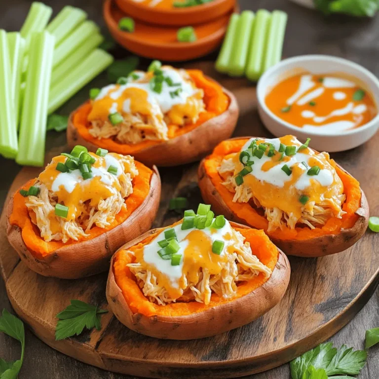To make Buffalo Chicken Stuffed Sweet Potatoes, you need: - 4 medium sweet potatoes - 2 cups shredded cooked chicken - ½ cup buffalo sauce (adjust to taste) - 1 cup shredded cheddar cheese - ½ cup Greek yogurt (or sour cream) - 2 green onions, sliced - 1 tablespoon olive oil - Salt and pepper to taste - Optional: celery sticks and additional blue cheese for garnish These ingredients work together to create a tasty and hearty meal. The sweet potatoes give a nice balance to the spicy buffalo chicken. If you want to boost the taste, consider adding: - Crumbled blue cheese for a tangy kick - Fresh herbs like cilantro or parsley for freshness - Diced celery for crunch - A squeeze of lime or lemon juice for brightness These optional ingredients let you customize your dish to fit your taste. Not every ingredient may be on hand. Here are some easy swaps: - Use leftover rotisserie chicken instead of cooking your own. - Swap buffalo sauce for BBQ sauce if you prefer a milder taste. - Use mozzarella or pepper jack cheese instead of cheddar for a different flavor. - Greek yogurt can be replaced with sour cream, or even avocado for a creamy touch. These substitutions allow you to adapt the recipe based on what you have. You can enjoy a great meal without any stress! For the full recipe, check out the complete cooking instructions. To start, preheat your oven to 400°F (200°C). Next, wash the sweet potatoes under running water and dry them with a towel. Use a fork to poke a few holes in each potato. This helps the steam escape while they cook. Now, place the sweet potatoes on a baking sheet. Drizzle them with olive oil and sprinkle with salt and pepper. Bake them for about 45 to 60 minutes. They are done when they feel soft when you poke them with a fork. While the sweet potatoes bake, let’s make the buffalo chicken mixture. In a mixing bowl, add 2 cups of shredded cooked chicken. Pour in ½ cup of buffalo sauce. Mix the chicken and sauce well until the chicken is fully coated. You can adjust the buffalo sauce to your taste. If you like it spicy, add more sauce! Once your sweet potatoes are ready, take them out of the oven and let them cool for a few minutes. Cut each potato down the middle. Use a fork to gently mash the insides for a creamy texture. Now, fill each sweet potato with the buffalo chicken mixture. Pack it in generously to make it tasty. Top each stuffed potato with shredded cheddar cheese. Return the baking sheet to the oven and bake for another 10 minutes. You want the cheese to be melted and bubbly. After that, let them cool briefly. Drizzle Greek yogurt on top and sprinkle with sliced green onions. If you want, add celery sticks and blue cheese for a nice touch. Enjoy your Buffalo Chicken Stuffed Sweet Potatoes! For the full recipe, check out the section above. To cook sweet potatoes just right, start by choosing medium-sized ones. Wash them well under running water. Use a fork to poke holes in each potato. This helps steam escape as they cook. Place them on a baking sheet, drizzle with olive oil, and season with salt and pepper. Bake at 400°F for 45 to 60 minutes. Check for doneness by piercing with a fork; they should feel soft inside. This method gives you a fluffy texture every time. For more flavor, mix in spices with your buffalo sauce. Add some garlic powder, onion powder, or smoked paprika. You can also toss in chopped celery for crunch. If you like it spicy, try adding a dash of cayenne pepper. Using high-quality buffalo sauce makes a big difference. Choose one with bold flavor. The cheese on top should be sharp cheddar for a great melt and taste. Serve your stuffed sweet potatoes on a rustic platter for a nice touch. You can place small bowls of extra buffalo sauce and Greek yogurt on the side. This lets everyone add more sauce as they like. Garnish with sliced green onions and, if you want, a few celery sticks. For a fun twist, consider serving with a side salad or fresh veggies. This adds color and freshness to your meal. You can find the full recipe for Buffalo Chicken Stuffed Sweet Potatoes to guide you through every step! {{image_2}} You can make this dish meatless. Replace chicken with cooked quinoa or chickpeas. Both options add protein and texture. Use a robust buffalo sauce to keep the flavors bold. You can also add sautéed veggies like bell peppers or mushrooms. They bring great taste and nutrients to the meal. Buffalo sauce is classic, but you have options. Try barbecue sauce for a sweet twist. A spicy ranch dressing can also add a creamy kick. If you like bold flavors, use a spicy Sriracha sauce. Each sauce will change the dish's flavor profile, so experiment to find your favorite. Toppings can elevate your sweet potatoes. Add crumbled blue cheese or feta for richness. Chopped cilantro or parsley adds a fresh touch. You can even sprinkle crushed tortilla chips for crunch. Don't forget a drizzle of extra buffalo sauce for those who love heat. These small touches make a big difference in taste and presentation. For detailed instructions, check the Full Recipe. After enjoying Buffalo Chicken Stuffed Sweet Potatoes, let leftovers cool. Place them in an airtight container. Store in the fridge for up to four days. Make sure they are sealed well to keep them fresh. To reheat, you can use the oven or microwave. For the oven, preheat it to 350°F (175°C). Place the stuffed sweet potatoes on a baking sheet. Heat for about 15-20 minutes, or until they are warm throughout. If using a microwave, place the potatoes on a microwave-safe plate. Heat for about 2-3 minutes, checking to avoid overheating. You can freeze these stuffed sweet potatoes for later. Wrap each one tightly in plastic wrap or foil. Place them in a freezer-safe bag or container. They will keep well for up to three months. When ready to eat, thaw them overnight in the fridge before reheating. Yes, you can prepare these sweet potatoes in advance. Cook the sweet potatoes and the buffalo chicken mixture separately. Store them in airtight containers in the fridge for up to two days. When you're ready to eat, just reheat and stuff the sweet potatoes. This makes meal prep easy and quick. You can serve many things with these stuffed sweet potatoes. Try a fresh salad with crisp greens. Carrot and celery sticks with ranch dip work well too. You might like some corn on the side for extra color and crunch. Buffalo chicken dip is also a fun addition for more flavor. To adjust the spice level, change the amount of buffalo sauce you use. Start with less sauce and add more if you want more heat. You can also add diced jalapeños or hot sauce to the chicken mixture. For a milder option, use a less spicy sauce or mix in some honey. This lets you control the spice to fit your taste. Buffalo Chicken Stuffed Sweet Potatoes are tasty and easy to make. We covered the essential ingredients, preparation steps, and tips to help you succeed. I shared variations for different diets and how to store leftovers. Remember, you can customize this dish to fit your taste. Use your favorite sauces and toppings for extra flavor. This recipe is perfect for meal prep or a quick weeknight dinner. Dive in and enjoy making this meal that is both fun and healthy!