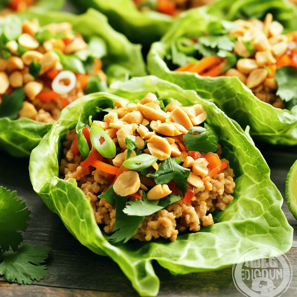 To create these tasty Thai peanut chicken lettuce wraps, you need: - 1 lb ground chicken - 1 tablespoon vegetable oil - 3 cloves garlic, minced - 1 tablespoon fresh ginger, grated - 1 red bell pepper, diced - 1 carrot, shredded - 1 cup green onions, sliced - ½ cup roasted peanuts, chopped - ¼ cup fresh cilantro, chopped - 3 tablespoons soy sauce - 2 tablespoons peanut butter - 1 tablespoon lime juice - 1 tablespoon honey - 1 teaspoon sriracha (optional, for heat) - 12 large lettuce leaves (butter or romaine) These ingredients work together to bring out bold flavors and fresh textures. In addition to the main ingredients, having some kitchen staples helps. You'll need: - A large skillet for cooking - A spatula for stirring - A small bowl for mixing the sauce These tools make your cooking smooth and fun. To make your wraps pop, consider adding: - Extra chopped peanuts for crunch - More cilantro for freshness - Lime wedges for a zesty kick These toppings enhance the taste and look of your dish, making it even more appealing. For the complete cooking process, check out the Full Recipe. First, gather all your ingredients. This makes cooking easier and quicker. You will need: - 1 lb ground chicken - 1 tablespoon vegetable oil - 3 cloves garlic, minced - 1 tablespoon fresh ginger, grated - 1 red bell pepper, diced - 1 carrot, shredded - 1 cup green onions, sliced - ½ cup roasted peanuts, chopped - ¼ cup fresh cilantro, chopped - 3 tablespoons soy sauce - 2 tablespoons peanut butter - 1 tablespoon lime juice - 1 tablespoon honey - 1 teaspoon sriracha (optional) - 12 large lettuce leaves Wash and chop the vegetables. This makes them ready to cook. Heat the vegetable oil in a large skillet over medium heat. Add the minced garlic and grated ginger. Sauté for about 1 minute. You want to smell that great aroma! Next, add the ground chicken to the skillet. Break it apart with a spatula. Cook it until it turns brown and is fully cooked. This will take about 5 to 7 minutes. Now, stir in the diced red bell pepper, shredded carrot, and half of the green onions. Cook this for another 3 to 4 minutes. The veggies should be tender but still crisp. In a small bowl, whisk together the soy sauce, peanut butter, lime juice, honey, and sriracha (if using). Pour this sauce over the chicken mixture. Stir well to combine. Heat it through for another 2 to 3 minutes. Remove the skillet from heat. Stir in the chopped roasted peanuts and fresh cilantro. This adds great flavor and crunch! To serve, spoon a generous amount of the chicken mixture onto each lettuce leaf. Top it with the remaining green onions. For a beautiful presentation, arrange the filled lettuce wraps on a platter. Add more chopped peanuts and cilantro on top. Serve with lime wedges on the side. This adds a fresh squeeze before eating. Enjoy your Thai Peanut Chicken Lettuce Wraps! To cook chicken well, use medium heat. This helps the meat cook evenly. Break the ground chicken apart with a spatula. This ensures it cooks all the way through. Cook until it turns brown, about 5 to 7 minutes. Stir often to prevent sticking. If you want extra flavor, add garlic and ginger at the start. This step fills your kitchen with a nice aroma. To boost the taste, think about adding spices. Try a pinch of salt and pepper. You can also add a dash of paprika for a smoky flavor. If you like heat, use red pepper flakes or sriracha. Mix these spices into your sauce. This will make each bite exciting and tasty. Make your dish look great by arranging the wraps nicely. Lay the filled lettuce leaves on a colorful platter. Sprinkle chopped peanuts and cilantro on top for color. Add lime wedges on the side for a fresh touch. This small detail makes the meal more inviting. Your guests will love the look as much as the taste! For the complete recipe, check out the Full Recipe. {{image_2}} You can make these wraps vegetarian or vegan easily. Swap the ground chicken for cooked lentils or chopped mushrooms. Both options give a nice texture. Use tofu for a protein boost. Just sauté it until golden. For the sauce, replace honey with maple syrup for vegan wraps. These simple swaps will keep your wraps tasty and satisfying. You can adjust this recipe for specific diets. If you need gluten-free wraps, use tamari instead of soy sauce. Check the peanut butter label to ensure it’s gluten-free, too. For nut allergies, use sunflower seed butter. You can also skip the nuts altogether or use seeds. This way, everyone can enjoy these wraps without worry. While butter or romaine lettuce works best, you can try other greens. Iceberg lettuce offers a nice crunch. Green leaf lettuce adds a soft texture. You can even use collard greens for a sturdy wrap. Each type gives a unique taste and feel. Experiment to find your favorite! To keep your Thai Peanut Chicken Lettuce Wraps fresh, first let them cool. Place the chicken mixture in an airtight container. Store it in the fridge for up to three days. Keep the lettuce leaves separate to avoid sogginess. This way, you can enjoy crisp wraps later. When you're ready to eat, reheat the chicken mixture in a pan over low heat. Stir gently until it's warm. You can also use the microwave if you're short on time. Just heat in short bursts, stirring between each burst. This keeps the flavor intact. If you want to save the wraps for later, freezing works great. Place the chicken mixture in a freezer-safe container. It can last up to three months. Thaw it in the fridge overnight before reheating. I recommend avoiding freezing the lettuce leaves, as they do not thaw well. For the full recipe, just check out the recipe section! Yes, you can prepare the filling ahead of time. Cook the chicken mixture and store it in an airtight container. Keep it in the fridge for up to three days. When ready to eat, warm it in a skillet. Serve it fresh in lettuce leaves for best taste. You can use ground turkey, pork, or beef. If you prefer a meat-free option, try crumbled tofu or tempeh. Both options work well with the sauce and flavors in this recipe. The spice level depends on your use of sriracha. If you like it mild, skip the sriracha. For more heat, add more sriracha to taste. You can always adjust the spiciness to fit your preference. For the complete recipe, check out the Full Recipe section. It includes all the tasty details and steps to make this dish come alive. Enjoy the fun of cooking! Thai Peanut Chicken Lettuce Wraps are fun and easy to make. We covered key ingredients and cooking steps. I shared tips for the best flavors and how to present your dish. You can also customize it for different diets. Plus, I explained how to store and reheat leftovers. Now you have all the know-how to create a tasty meal. Enjoy making these wraps and impressing your friends!