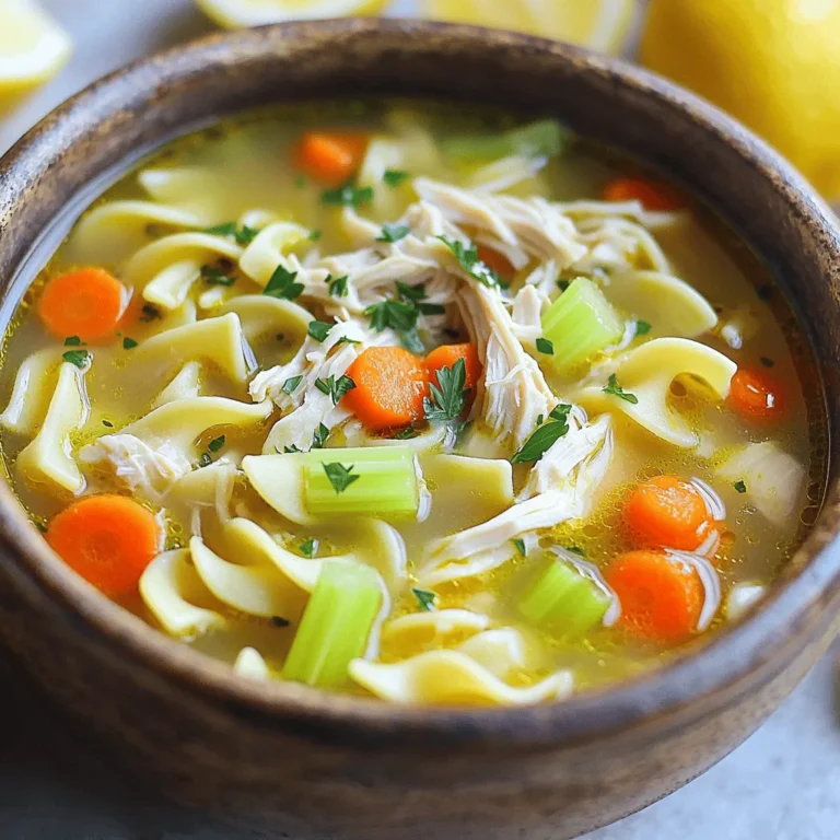 To make Classic Chicken Noodle Soup, gather simple and fresh ingredients. This recipe is easy to follow and takes about 30 minutes. It serves 4 to 6 people. You will enjoy every warm spoonful of this hearty soup. - Olive oil: This helps sauté the veggies and adds flavor. - Onion: Diced onion gives a sweet base to the soup. - Carrots: Sliced carrots add color and natural sweetness. - Celery: Sliced celery provides a nice crunch and flavor. - Garlic: Minced garlic brings a rich taste to the broth. - Chicken broth: Low-sodium broth keeps the soup light and tasty. - Dried thyme and oregano: These herbs enhance the soup's flavor. - Bay leaf: A bay leaf adds depth to the broth. - Cooked chicken: Shredded chicken gives the soup its heartiness. - Egg noodles: These noodles absorb the broth well. - Salt and pepper: These season the soup to taste. - Fresh parsley: Chopped parsley is a lovely garnish. - Lemon wedges: Optional, but they add a bright flavor when served. You might want to try some extra ingredients. They can boost the soup's flavor. Consider adding: - Fresh herbs: Thyme or dill can add a fresh touch. - Peas: Frozen peas add color and sweetness. - Corn: This adds a nice pop of sweetness. - Spinach or kale: Leafy greens make it more nutritious. - Chili flakes: For a little heat, add some chili flakes. Each of these options can make your soup special and uniquely yours. Enjoy experimenting! First, gather your ingredients. This makes it easier to cook. I love using fresh veggies for taste. Start by heating two tablespoons of olive oil in a large pot over medium heat. Add the diced onion, sliced carrots, and sliced celery. Sauté these for about 5 to 7 minutes. You want them to soften. Then, stir in three minced garlic cloves. Cook for one more minute until you smell that garlic goodness. Next, pour in six cups of low-sodium chicken broth. This is where the magic begins. Add one teaspoon each of dried thyme and dried oregano, plus one bay leaf. Bring the mixture to a simmer. Once it simmers, add two cups of shredded chicken. You can use rotisserie chicken for ease. Now, toss in two cups of egg noodles. Cook according to the package, usually 8 to 10 minutes. Stir occasionally until the noodles are tender. After cooking, remove the bay leaf. This step is key for the best flavor. Season your soup with salt and pepper to taste. Adjust it to your liking. Serve the soup hot, garnished with fresh chopped parsley. For a zesty touch, offer lemon wedges on the side. This adds a bright flavor that pairs well with the soup. For the complete cooking process, you can check out the Full Recipe. Enjoy this comforting dish! To boost the flavor of your chicken noodle soup, focus on the broth. Use low-sodium chicken broth as a base. This lets you control the saltiness. Adding fresh herbs like parsley or thyme at the end brightens the taste. You can also add a splash of lemon juice for a zesty kick. One common mistake is overcooking the noodles. Follow the package instructions closely. If you cook them too long, they turn mushy. Another mistake is skipping the seasoning. Taste your soup and adjust salt and pepper as needed. Using fresh garlic instead of powdered garlic gives a stronger flavor. Serve your chicken noodle soup in a deep bowl. Top it with fresh parsley for color. A slice of crusty bread on the side complements the soup well. For extra fun, add a simple salad with mixed greens. This balances the meal and adds crunch. You can find the full recipe to guide your cooking journey too! {{image_2}} You can make this soup healthier by choosing low-sodium broth. This helps you control the salt. If you're gluten-free, swap out egg noodles for gluten-free pasta. Just check the package for cooking times. You can also add more veggies. Spinach or kale adds nutrients without many calories. Feel free to mix up the veggies! Zucchini, bell peppers, or peas can add different tastes. If you want to change the protein, try turkey or tofu. Both work well in this soup. You can even use beans for a vegetarian twist. They add protein and fiber too. To give your soup a new twist, add spices like cumin or paprika. A dash of soy sauce can bring a nice umami flavor. For a fresh taste, add lemon juice or zest before serving. You can also throw in some fresh herbs like cilantro or dill for extra brightness. These small changes can make your soup feel new and exciting. You can store leftover chicken noodle soup in an airtight container. Let the soup cool first. Then, cover it tightly and keep it in the fridge. It stays fresh for about three to four days. If you want to keep it longer, consider freezing. To freeze chicken noodle soup, use freezer-safe containers. Pour the soup in, leaving some space at the top. This space lets the soup expand as it freezes. Label the containers with the date. You can freeze it for up to three months. When ready to eat, thaw in the fridge overnight. When reheating, add a little water or broth. This keeps the noodles from getting too soft. Heat on the stove over low to medium heat. Stir often until hot. You can also use the microwave. Heat in short bursts, stirring in between. Enjoy your warm, comforting soup! For the full recipe, check out the section above. Yes, you can use rotisserie chicken in this recipe. It saves time and adds flavor. Just shred about two cups of the chicken. This option makes the soup easy and quick to prepare. You won’t lose any taste; it will still be hearty and comforting. You can make this soup ahead of time with ease. Just follow the recipe, but stop before adding the noodles. Let the soup cool, then store it in an airtight container. When ready to serve, heat the soup and add the noodles. This keeps the noodles from getting mushy. You can enjoy your meal later without losing quality. If the soup is too salty, there are ways to fix it. You can add more water or low-sodium broth to balance the salt. Another trick is to add diced potatoes. They absorb salt as they cook. Let them simmer until soft, then remove them before serving. This way, you can enjoy your soup without the extra saltiness. In this blog post, we covered everything you need for a great chicken noodle soup. You learned about key ingredients and optional ones to boost flavor. We shared step-by-step instructions to guide your cooking. Plus, we included tips to avoid mistakes and enhance your soup. Variations showed you how to make it healthier and add global flair. Finally, we discussed storage and reheating for the best taste. With these insights, you can create a delicious, comforting dish anytime. Enjoy cooking!