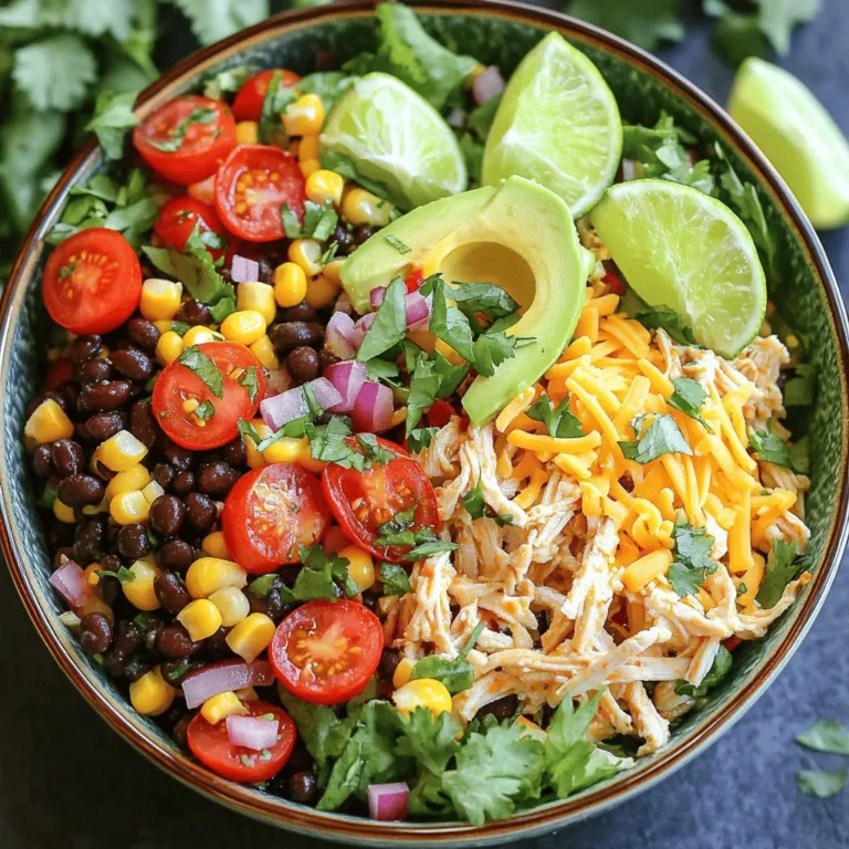 - 2 cups cooked chicken breast, shredded - 1 cup black beans, rinsed and drained - 1 cup corn kernels, fresh or frozen - 1 red bell pepper, diced - ½ red onion, finely chopped - 1 avocado, diced - 1 cup cherry tomatoes, halved - ½ cup shredded cheddar cheese - ¼ cup fresh cilantro, chopped - 3 tablespoons olive oil - 2 tablespoons lime juice - 1 teaspoon cumin - 1 teaspoon chili powder - Salt and pepper to taste Gathering fresh ingredients is key to a great salad. Start with cooked chicken breast. Shred it using your hands or two forks. This makes it easy to mix. Next, grab your black beans. Rinse and drain them well. This helps remove excess sodium. Then, add corn kernels. Fresh corn is great, but frozen works just as well. Chop your red bell pepper into small pieces. This adds a nice crunch. Finely chop the red onion for a bit of bite. Dice up the avocado carefully. You want creamy goodness without mush. Halve cherry tomatoes for a fresh burst. Shred your cheddar cheese. It adds richness to the salad. Finally, chop fresh cilantro for a bright flavor. Now, for the dressing. In a small bowl, whisk together olive oil and lime juice. Add cumin and chili powder for a kick. Season with salt and pepper to taste. For a full recipe with detailed steps, check out the [Full Recipe]. - Combine all solid ingredients in a large mixing bowl. This includes cooked chicken, black beans, corn, red bell pepper, red onion, avocado, and cherry tomatoes. Mixing these together gives you a colorful base for your salad. - Whisk together dressing ingredients in a small bowl. Use olive oil, lime juice, cumin, chili powder, salt, and pepper for a zesty flavor. Whisk until everything is well combined. - Toss salad and dressing together gently. Make sure all ingredients are coated well. This step is key for a balanced taste in each bite. - Add cheese and cilantro, folding them in carefully. This adds creaminess and fresh flavor. Be gentle to keep the avocado intact. - Let sit to allow flavors to meld. This resting time makes a big difference. It helps all the tastes blend together nicely. For the full recipe, check out the details above. To keep avocado from browning, use lime juice. The acid slows oxidation. Cut the avocado right before serving. If you must cut it early, coat all sides with lime juice. This method works wonders! For shredding chicken, start with warm meat. Use two forks to pull apart the chicken. This gives you nice, even shreds. You can also use a stand mixer with a paddle attachment. Just mix on low speed for a few seconds! For a beautiful presentation, use large bowls or a platter. Lay the salad in layers to show off the colors. You can also serve it in clear jars for a fun look. Garnish with cilantro and lime wedges for flair. Pair this salad with grilled corn or tortilla chips. For a complete meal, serve with a side of rice or quinoa. This adds flavor and makes it filling! Check the Full Recipe to see how to make this dish shine. {{image_2}} You can change the chicken in this salad for tofu or beans. Tofu gives a nice texture and absorbs flavors well. Beans, like black or pinto, add protein and fiber. Feel free to swap the cheddar cheese too. Try crumbled feta for a tangy flavor or pepper jack for a spicy kick. Each cheese brings its own special taste. Adding fruits can brighten your salad. Chopped mango or diced peaches work great in summer. They add sweetness and make the salad fun. You can also mix in seasonal veggies like zucchini or bell peppers for extra crunch. You can adjust the spice level based on your taste. If you like it spicy, use more chili powder. For a milder salad, cut back on the spice. This lets everyone enjoy their perfect bowl of Southwest Chicken Salad. For the full recipe, check the earlier section! To keep your Southwest Chicken Salad fresh, store it in an airtight container. This helps keep air out and prevents sogginess. Make sure to place it in the fridge right after serving. It stays fresh for about 3 days. After that, the flavors may weaken and the ingredients may wilt. You can freeze the salad, but do this with care. Avoid freezing the avocado and tomatoes, as they don’t freeze well. Instead, freeze the chicken, beans, corn, and peppers mix. Pack it in a freezer-safe bag or container. When you’re ready to eat, let it thaw in the fridge overnight. Then, add fresh avocado and tomatoes before serving. This way, you enjoy all the flavors and textures! For the full recipe, check out the details above. What can I use instead of chicken? You can use tofu, beans, or shrimp. Tofu is a great plant-based choice. Beans add protein and fiber. Shrimp brings a nice seafood twist. Can I make this salad in advance? Yes, you can! Prepare the salad a few hours ahead. Just keep the dressing separate until you are ready to serve. This will keep it fresh and crisp. Is Southwest Chicken Salad healthy? Absolutely! This salad packs nutrients. It offers lean protein, healthy fats, and fiber. The veggies add vitamins and minerals. It's a balanced meal choice. Where to find pre-made Southwest Chicken Salad. You can find pre-made options at grocery stores. Look in the deli section or salad bar. Some local cafes also serve this tasty salad. Restaurant recommendations for the best Southwest Chicken Salad. Try local diners or cafes. Many have their own take on this dish. Check online reviews for top spots near you. Average calories and macronutrient breakdown per serving. One serving has about 350 calories. It contains 30 grams of protein, 15 grams of fat, and 30 grams of carbs. This makes it a filling and nutritious meal. This blog post covered the vibrant Southwest Chicken Salad, from its main ingredients to helpful tips. You learned how to blend flavors and textures for a delicious meal. Remember to avoid browning your avocado and experiment with ingredient swaps. This salad is not only easy to make but also fun to customize. Enjoying it fresh or saved for later is a breeze. By following these steps and tips, you'll create a dish that everyone will love, making mealtime a joy.