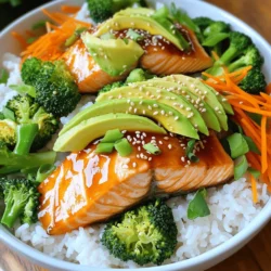 To make the best teriyaki salmon bowls, you need fresh and tasty ingredients. Here’s a list: - Salmon fillets - Soy sauce - Honey - Rice vinegar - Fresh ginger - Garlic - Sesame oil - Cooked jasmine or brown rice - Steamed broccoli florets - Shredded carrots - Avocado - Garnishes (sesame seeds, green onions) These ingredients come together to create a dish that is both flavorful and healthy. The salmon gives you protein and healthy fats. The veggies add crunch and nutrients. The rice acts as a great base. Using fresh ginger and garlic in the sauce makes a big difference. They bring warmth and depth to the flavors. Honey balances the saltiness of the soy sauce. This makes the teriyaki sauce sweet and savory. You can find the full recipe [here](#) to see how these ingredients work together. To start, gather your ingredients for the teriyaki sauce. You will need soy sauce, honey, rice vinegar, grated fresh ginger, and minced garlic. In a small bowl, whisk these together until smooth. This tasty blend gives your salmon a sweet and savory flavor. Using fresh ginger and garlic makes a big difference in taste. Trust me, your taste buds will thank you! Next, heat sesame oil in a non-stick skillet over medium heat. Place your salmon fillets skin-side down in the skillet. Cook for about 4 to 5 minutes. This helps the skin get nice and crispy. After that, gently flip the fillets. Pour half of the teriyaki sauce over the salmon. Cook for another 3 to 4 minutes. Spoon some sauce over the salmon to keep it moist. When done, the salmon should flake easily with a fork. Now it’s time to put everything together! Start by adding a serving of rice to each bowl. I recommend using jasmine or brown rice for a nice touch. Next, add steamed broccoli, shredded carrots, and slices of avocado on top. Place the cooked salmon over the veggies and rice. Drizzle the remaining teriyaki sauce on everything. Finish by garnishing each bowl with sesame seeds and chopped green onions. This will make your dish look and taste amazing! For the full recipe, check out the section above. To cook salmon well, start with fresh fillets. Fresh salmon tastes better and is healthier. Always check for bright, shiny skin. When you cook, heat your pan before adding oil. Use medium heat for even cooking. Cook the salmon skin-side down for a nice crisp. Flip it gently to avoid breaking the fillets. Cook until it flakes easily with a fork. This usually takes about 8 to 10 minutes in total. To make your teriyaki salmon shine, think about layers of flavor. The teriyaki sauce is key; it’s sweet and salty. Add ginger and garlic for warmth and depth. You can also sprinkle a little chili flakes for heat. If you enjoy citrus, a squeeze of lime or lemon brightens the dish. Try using fresh herbs like cilantro or basil for a fresh twist. A beautiful plate makes the meal more enjoyable. Start with a base of rice in each bowl. Layer on the colorful veggies like broccoli and carrots. Place the salmon on top, then drizzle with extra teriyaki sauce. Garnish with sesame seeds and green onions for a nice touch. Use a small side of avocado for creaminess. This not only adds flavor but also makes your bowl look vibrant and inviting. For the full recipe, check the complete instructions above. {{image_2}} You can easily change some ingredients in your teriyaki salmon bowls. If you want a gluten-free option, try tamari instead of soy sauce. If honey is not your thing, maple syrup works well as a sweetener. You can also use coconut aminos for a lighter soy sauce alternative. For a tangy twist, swap rice vinegar for apple cider vinegar. Salmon is tasty, but you can use other proteins too. Chicken breast or thighs make great substitutes. They absorb flavors like salmon. Tofu is perfect for a vegetarian choice. Just press it to remove extra water, then marinate it in the teriyaki sauce. Shrimp is another fun option; it cooks quickly and adds a nice texture. The veggies in your bowl can change based on what you like. Instead of broccoli, use snap peas or bell peppers for crunch. Zucchini or squash will add a nice flavor and texture. You can even toss in some edamame for protein. Just remember to pick colorful veggies to make your bowl vibrant and tasty! For the full recipe, check out the [Full Recipe]. To store your leftover teriyaki salmon bowls, let them cool first. Place the bowls in airtight containers. Make sure to separate the salmon from the rice and veggies. This helps keep everything fresh. You can store them in the fridge for up to three days. When you're ready to eat, reheat the bowls gently. You can use a microwave or stovetop. If using a microwave, cover the bowl with a damp paper towel. Heat for 1-2 minutes, checking often to avoid overcooking. On the stovetop, warm them in a skillet over low heat. Add a splash of water if needed to steam the veggies. You can freeze the salmon and veggies for longer storage. Place them in freezer-safe bags or containers. Remove as much air as possible to prevent freezer burn. The teriyaki sauce can also be frozen. Just be aware that the texture of the veggies might change when thawed. For best quality, eat within one month. You can serve many sides with teriyaki salmon bowls. Some great options include: - Steamed edamame - Cucumber salad - Pickled vegetables - Seaweed salad - Miso soup These sides add fresh flavors and textures. They also balance the meal. Cooked salmon can last up to three days in the fridge. Make sure to store it in an airtight container. This keeps it fresh and safe to eat. If you want to keep it longer, freeze it. Frozen cooked salmon can last for about two to three months. Yes, you can make teriyaki sauce ahead of time. Store it in the fridge for up to a week. Just keep it in a sealed container. If you want to store it longer, you can freeze it. Thaw it before using it in your dishes. Absolutely! You can use any firm fish like tuna or halibut. These fish work well with teriyaki sauce. They also cook similarly to salmon. Just adjust the cooking time based on the thickness of the fillets. You can add many healthy toppings to your teriyaki salmon bowls. Consider these options: - Sliced radishes - Chopped cilantro - Sliced jalapeños - Sprouts These toppings boost flavor and nutrition. They also add a colorful touch to your meal. Yes, you can make a vegetarian version. Use tofu instead of salmon for protein. Tofu absorbs the teriyaki flavor well. You can also use grilled tempeh or seitan as alternatives. Just ensure to adjust cooking times for each option. Salmon is cooked when it flakes easily with a fork. The inside should be opaque and no longer translucent. You can also use a food thermometer. The internal temperature should reach 145°F. Yes! Meal prepping teriyaki salmon bowls is easy and convenient. Cook the salmon and veggies, then store them separately. Assemble the bowls when ready to eat. This keeps everything fresh and tasty. Jasmine and brown rice are both great options. Jasmine rice is fluffy and fragrant. Brown rice is nutty and whole grain. Both pair well with the teriyaki sauce and salmon. Choose based on your taste and health goals. Yes! You can add any veggies you like. Try bell peppers, snap peas, or zucchini. You can even add leafy greens like spinach or kale. More vegetables boost nutrition and flavor. They also make your bowl more colorful and fun. This article covered how to make delicious teriyaki salmon bowls. We looked at the ingredients, instructions, tips, and variations. You can easily customize these bowls to suit your taste. Remember to store leftovers properly for future meals. Cooking can be fun and creative. Enjoy your tasty creation and share it with friends and family. Simple dishes like this can bring joy to your table. Keep experimenting with flavors and ingredients. Happy cooking!
