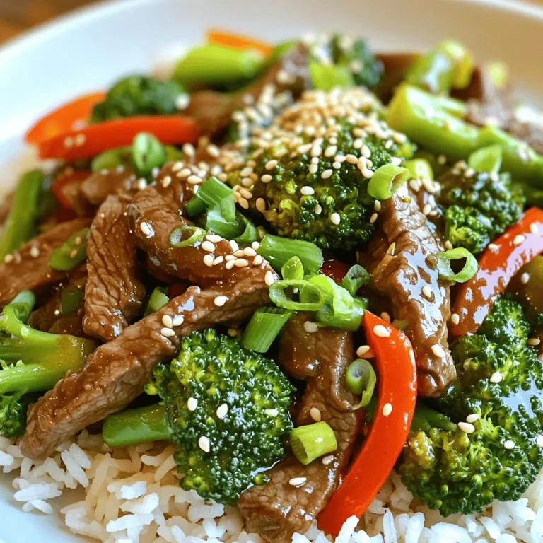 For a tasty Beef and Broccoli Stir Fry, you need key ingredients. Here’s what you will use: - 1 lb flank steak, thinly sliced against the grain - 2 cups broccoli florets - 1 red bell pepper, sliced - 3 cloves garlic, minced - 1 tablespoon ginger, minced - 1/4 cup soy sauce (low sodium preferred) - 2 tablespoons oyster sauce - 1 tablespoon cornstarch - 2 tablespoons vegetable oil (divided) - 1 tablespoon sesame oil - 1 teaspoon crushed red pepper flakes (optional) - Cooked jasmine rice or noodles for serving - Sesame seeds for garnish - Green onions, chopped for garnish You likely have some of the pantry staples at home. Here are the essentials: - Soy sauce - Oyster sauce - Cornstarch - Vegetable oil - Sesame oil These items enhance the flavor of your dish. They are easy to find and affordable. Feel free to make this dish your own! Here are optional ingredients to try: - Other vegetables like carrots or snap peas - Different types of sauces, such as teriyaki or hoisin - More spices like black pepper or garlic powder These options let you tailor the stir fry to your taste. You can mix and match to create something unique! For the full recipe, check the link above. Start with the flank steak. Slice it thin against the grain. This helps it stay tender. In a medium bowl, mix the beef with soy sauce, oyster sauce, and cornstarch. Toss everything well to coat. Let it marinate for about 15-20 minutes. This step adds flavor and tenderness to the beef. Next, let’s cook the broccoli. Bring a pot of water to a boil. Add the broccoli florets and blanch them for just 2 minutes. This keeps the color bright and the crunch intact. After blanching, quickly place the broccoli in an ice bath. This shocks the veggies and helps them stay green. Drain the broccoli and set it aside. Now it’s time to cook the beef. Heat 1 tablespoon of vegetable oil in a large skillet or wok. Use medium-high heat for the best results. Add the marinated beef and cook for about 3-4 minutes. You want it browned and just cooked through. Once done, remove the beef and set it aside. In the same skillet, add the remaining tablespoon of vegetable oil. Toss in minced garlic, ginger, and sliced red bell pepper. Stir-fry for 1-2 minutes until fragrant. The pepper should be tender-crisp at this point. Return the cooked beef to the skillet. Add the blanched broccoli and mix well. Drizzle sesame oil over everything. If you like some heat, sprinkle crushed red pepper flakes. Stir-fry for another 2-3 minutes until everything is heated through. Taste and adjust the seasonings if needed. Serve the stir fry hot over jasmine rice or noodles. For that final touch, garnish with sesame seeds and chopped green onions. Enjoy this full recipe for a quick and flavorful meal! To make a great beef and broccoli stir fry, start with fresh ingredients. Use flank steak for a tender bite. Slice it thinly against the grain. This helps the beef stay juicy and flavorful. Marinate the meat in soy sauce and oyster sauce for 15-20 minutes. This adds depth to your dish. Blanch the broccoli for just two minutes. This keeps it bright and crisp. Cook the beef quickly over high heat. This gives it a nice sear and locks in moisture. One common mistake is overcooking the beef. It should be browned but not dry. If you cook too long, it will become tough. Another mistake is not using enough oil. The oil helps prevent sticking and adds flavor. Avoid overcrowding the pan. If the pan is too full, your beef will steam instead of sauté. Lastly, don’t skip the garnishes. Sesame seeds and green onions add a nice touch and extra taste. Using the right tools can make cooking easier. A large skillet or wok is essential for stir frying. It allows for quick cooking and even heat. A sharp knife is key for slicing the beef thinly. A cutting board with a non-slip surface makes prep safer. Use measuring spoons for accurate sauce portions. Having a spatula helps with tossing and mixing ingredients. These tools will speed up your cooking and improve your dish. If you want to see the full recipe, you can check it out for more details. {{image_2}} You can change the beef and broccoli stir fry by adding more veggies. Carrots, snap peas, or bell peppers work well. Slice them thin. This makes them cook fast. You can even toss in mushrooms for a tasty touch. The more colors, the better it looks and tastes! Not a beef fan? You can use chicken, shrimp, or tofu. Chicken breast works great if you slice it thin. Shrimp cooks fast and adds a nice flavor. Tofu is perfect for a veggie twist. Just make sure to press it first. This removes excess water and helps it soak in flavors. You can play with flavors by trying new sauces. Add hoisin sauce for a sweet kick. Try garlic or chili sauce for heat. Experiment with fresh herbs like basil or cilantro. Each change makes the dish unique. You can keep it fun and fresh every time you cook! For the full recipe, click [Full Recipe]. To keep your Beef and Broccoli Stir Fry fresh, cool it quickly. Place leftovers in a shallow dish. Cover it with plastic wrap or a lid. Store in the fridge for up to three days. Make sure the stir fry is at room temperature before sealing. This helps prevent condensation. When you are ready to eat leftovers, reheat them on the stove. Use a non-stick pan for easy cooking. Add a splash of water or broth to keep things moist. Heat on medium until hot. Stir often to avoid burning. The microwave works too, but stir halfway through to heat evenly. If you want to store your stir fry longer, freezing is a great option. Use an airtight container or freezer bag. Portion out servings for easy meals later. Squeeze out as much air as possible before sealing. This helps prevent freezer burn. Beef and Broccoli can last up to three months in the freezer. When ready to eat, thaw it overnight in the fridge before reheating. To make Beef and Broccoli Stir Fry, start with flank steak. Cut it thin. Mix soy sauce, oyster sauce, and cornstarch in a bowl. Add the steak and let it soak. Next, boil water and blanch broccoli for two minutes. After that, heat oil in a skillet. Cook the beef until brown, then remove it. In the same pan, add garlic, ginger, and bell pepper. Stir-fry for a few minutes. Add the beef back along with broccoli. Drizzle with sesame oil and mix. Serve it hot over rice or noodles. For the full recipe, check the detailed steps above. Yes, you can use frozen broccoli. Just make sure to thaw it first. You can also blanch it briefly in hot water. This keeps the color bright and the texture nice. Frozen broccoli works well and saves time. It is a good choice if fresh broccoli isn’t available. Serve Beef and Broccoli Stir Fry with jasmine rice or noodles. Both pair well with the savory sauce. You can also add a side of egg rolls or spring rolls for crunch. Another option is to serve a simple salad for freshness. This adds color and texture to your meal. In this post, I covered how to make beef and broccoli stir fry. We explored ingredients, step-by-step instructions, and helpful tips. I shared ways to customize the dish with different veggies and proteins. I also highlighted storage and reheating methods to keep your leftovers fresh. With these tips, you can create a delicious stir fry every time. Enjoy experimenting with flavors and make this dish your own. Happy cooking!