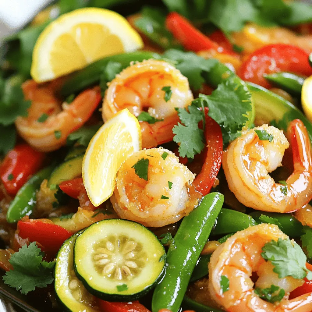 - 1 pound large shrimp, peeled and deveined - 2 tablespoons olive oil - 4 cloves garlic, minced - 1 red bell pepper, sliced - 1 cup snap peas - 1 medium zucchini, sliced into half-moons - 1 tablespoon cornstarch - 2 tablespoons soy sauce - 1 tablespoon fresh lemon juice - Zest of 1 lemon - Salt and pepper to taste - Fresh cilantro or parsley, for garnish - Lemon wedges, for serving When making Lemon Garlic Shrimp Stir Fry, start with fresh shrimp. Look for large shrimp that are peeled and deveined. This saves time and makes cooking easy. The shrimp should be plump and have a slight sheen. Next, gather your veggies. The red bell pepper adds sweetness and color. Snap peas give a nice crunch, while zucchini offers a soft texture. These veggies pair well with shrimp and absorb the flavors beautifully. For seasoning, cornstarch is key. It gives the shrimp a nice crust and helps the sauce stick. Soy sauce adds saltiness, while lemon juice and zest add brightness. Don’t forget to taste! Adjust the salt and pepper to your liking for perfect balance. Finally, for garnishing, fresh herbs like cilantro or parsley brighten the dish. Lemon wedges on the side add a zesty kick when served. This simple yet tasty preparation makes the dish visually appealing and delightful to eat. For the full recipe, be sure to check the detailed instructions! First, grab a medium bowl. Toss the shrimp with cornstarch, salt, and pepper. This helps the shrimp get a nice outer layer. Make sure each shrimp is coated well. This step adds texture and keeps them juicy. Next, heat 1 tablespoon of olive oil in a large skillet over medium-high heat. Once hot, add the shrimp. Stir-fry them for about 2-3 minutes. Watch for the shrimp to turn pink. When they do, they are ready. Remove them from the skillet and set them aside. Now, add the rest of the olive oil to the same skillet. Toss in the minced garlic and stir it for about 30 seconds. This step fills your kitchen with a great smell. Then, add the sliced bell pepper, snap peas, and zucchini. Stir-fry these veggies for 4-5 minutes. You want them tender but still crisp. Return the cooked shrimp to the skillet. Pour in the soy sauce, lemon juice, and lemon zest. Stir everything together. Cook for an additional 1-2 minutes. Make sure the shrimp and veggies get well-coated in the sauce. Finally, taste and adjust the seasoning. Add more salt and pepper if needed. Once done, remove the skillet from heat. Garnish with fresh cilantro or parsley before serving. For a bright touch, add lemon wedges on the side. For the complete guide, check out the Full Recipe. To get shrimp just right, watch the cooking time. Cook them for 2-3 minutes. Remove them as soon as they turn pink. Overcooked shrimp can become tough and rubbery. Trust me, you want them tender! You can make this dish healthier by using low-sodium soy sauce. This helps cut down on salt. Add extra veggies like carrots or broccoli for more nutrients. They add color and crunch, making the dish even better! For a beautiful plate, serve the stir-fry over rice or quinoa. This adds a nice base. Garnish with fresh herbs like cilantro or parsley. A few lemon wedges on the side give a pop of color and flavor. Check out the Full Recipe for more ideas! {{image_2}} I love adding a kick to my lemon garlic shrimp stir fry. You can easily spice things up. Just toss in some red pepper flakes or a dash of sriracha. Start with a pinch of red pepper flakes when cooking the garlic. If you want more heat, add more! Sriracha can also add flavor and heat. Just a spoonful will do the trick. Adjust it to your taste for a perfect blend. If shrimp isn't your thing, you can switch proteins. Chicken or tofu works great, too. For chicken, use boneless, skinless pieces. Cut them into bite-sized chunks. Cook them just like the shrimp. For tofu, use firm tofu and cut it into cubes. Sauté it until golden brown before adding the veggies. This keeps your meal diverse and fun. Feel free to tweak the veggies based on what's in season. Spring brings fresh asparagus and peas. In summer, you can use bell peppers or corn. Fall is perfect for adding squash or mushrooms. Winter veggies like broccoli or Brussels sprouts add a hearty touch. Mixing seasonal veggies not only boosts flavor but also keeps your dish fresh and healthy. To keep your Lemon Garlic Shrimp Stir Fry fresh, store leftovers in an airtight container. This helps keep the flavors and moisture locked in. Place the container in the fridge within two hours of cooking. Your stir fry will last up to three days. When you're ready to enjoy it again, make sure to check for any changes in color or smell. Reheating shrimp can be tricky. You want to avoid overcooking them. To reheat, use a skillet over low heat. Add a splash of water or broth to keep it moist. Heat for about three to five minutes, stirring gently. This keeps the shrimp juicy and tender. You can also microwave it, but use short bursts of 30 seconds to prevent rubbery shrimp. Yes, you can freeze the stir fry! Pack it in a freezer-safe bag or container. Try to remove as much air as possible. This helps prevent freezer burn. It will stay fresh for up to three months. To thaw, place it in the fridge overnight. Reheat it in a skillet when you’re ready to eat. Enjoy your delicious meal again! Yes, you can make this dish ahead of time. To meal prep, cook the shrimp and veggies as usual. Let them cool, then store in airtight containers. You can keep them in the fridge for up to three days. When ready to eat, just reheat in a pan until warm. This stir-fry pairs well with many side dishes. Here are some great options: - Steamed rice - Quinoa - Noodles - Cauliflower rice - A fresh salad Yes, it is great for meal prep. Store the stir-fry in an airtight container in the fridge. It will stay fresh for three days. To reheat, just warm it in a skillet over low heat. Stir gently to keep the shrimp tender. Shrimp is low in calories and high in protein. It is a good source of key vitamins and minerals. Here are some benefits: - Rich in omega-3 fatty acids - Contains antioxidants - Supports heart health - Low in saturated fat You can easily scale up the recipe for more people. To do this, just multiply each ingredient by the number of servings you want. For example, for eight servings, use two pounds of shrimp and double the veggies. This way, everyone can enjoy a delicious meal. For the full recipe, check the earlier section. In this blog post, we explored a delicious lemon garlic shrimp stir fry. We covered the key ingredients, cooking steps, and tips for the best results. You learned how to mix flavors and achieve perfect texture. I shared ways to make it healthier and variations to try. Finally, we discussed storage and meal prep options. Enjoy creating this easy dish that’s tasty and versatile. With just a few tweaks, you can make it your own. Happy cooking!