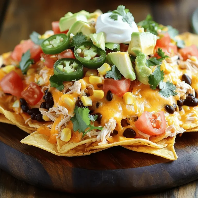- 2 cups cooked chicken, shredded - 1 bag (12 oz) tortilla chips - 1 cup black beans, drained and rinsed - 1 cup corn kernels (fresh or canned) - 1 cup diced tomatoes - 1 cup shredded cheddar cheese - 1 cup shredded Monterey Jack cheese These ingredients form the base of your loaded chicken nachos. The shredded chicken adds protein and flavor. Tortilla chips provide the crunchy base. Black beans and corn add texture and nutrition. The cheese varieties melt beautifully, creating a gooey topping. - 1 jalapeño, sliced (optional) - 1 avocado, diced - ½ cup sour cream - ¼ cup fresh cilantro, chopped These toppings elevate your nachos. Jalapeños give heat, while avocado adds creaminess. Sour cream offers a cool contrast to the spices. Cilantro brings freshness and color. - Spices: 1 tablespoon olive oil, 1 teaspoon cumin, 1 teaspoon chili powder, salt and pepper to taste Adding spices makes a big difference. Olive oil helps cook the chicken mixture. Cumin and chili powder enhance the overall flavor. Adjust salt and pepper to your taste, making your nachos truly yours. - Calories per Serving: Approximately 400-500 - Protein: About 25 grams - Fiber: Around 6 grams - Allergen Information: Contains dairy and may have gluten This dish is filling and tasty, making it a great game day snack. The protein and fiber help keep you satisfied. Just be mindful of allergens if you're serving guests with dietary restrictions. For the full recipe, check out the [Full Recipe]. - Cooking the Chicken Start by heating olive oil in a skillet over medium heat. Add 2 cups of shredded chicken, along with 1 cup of black beans and 1 cup of corn. Sprinkle in 1 teaspoon of cumin and 1 teaspoon of chili powder. Add salt and pepper to taste. Stir the mixture for about 5 minutes. Cook until everything is hot and well mixed. This step builds the tasty base for your nachos. - Blending in Other Ingredients Next, mix in 1 cup of diced tomatoes. This adds freshness and color to the chicken mixture. Stir gently to avoid breaking the tomatoes. Be sure to blend all the ingredients well. This step is key to ensuring every bite of nachos is full of flavor. - Layering Chips and Chicken Take a large baking sheet and spread out 1 bag (12 oz) of tortilla chips in an even layer. This gives a good base. Next, evenly distribute the chicken mixture over the chips. Make sure every chip gets some chicken. This ensures every bite is loaded with goodness. - Cheese Distribution Now comes the fun part! Sprinkle 1 cup of shredded cheddar cheese and 1 cup of Monterey Jack cheese over the chicken. This melty goodness is what makes nachos irresistible. Do not hold back on the cheese; it’s a star player in this dish. - Oven Temperature and Timing Preheat your oven to 350°F (175°C). Once your nachos are assembled, place the baking sheet in the oven. Bake for 10-15 minutes. You want the cheese to melt and get bubbly. Keep an eye on them to avoid burning. - Checking for Doneness After about 10 minutes, check the nachos. The cheese should look melted and slightly golden. If it looks good, remove the baking sheet from the oven. This is where the magic happens; the whole kitchen will smell amazing! Now you can add your favorite toppings like diced avocado, sour cream, and cilantro, and enjoy your cheesy fiesta! For full details on the recipe, check the Full Recipe. Preventing Sogginess To keep your nachos crispy, layer them right. Start with a base of chips. Spread the chicken mixture evenly over them. This helps the chips stay dry. Add cheese last to create a barrier. It melts and protects the chips from moisture. Ensuring Even Melting For even melting, use a mix of cheeses. I like using cheddar and Monterey Jack. They melt well together. Spread the cheese in a thin, even layer. This way, every bite has cheese goodness. Ideal Sides and Accompaniments Pair your nachos with fresh sides. I recommend guacamole and salsa. They add great flavor. You can also serve them with a side of beans. This makes your meal even heartier. Presentation Tips For a nice look, use a large, colorful platter. Scatter fresh cilantro on top for a pop of green. Place the sour cream in a bowl on the side. This makes it easy for everyone to dip. Overloading Toppings Less is often more. Avoid piling on too many toppings. This can make your nachos soggy and hard to eat. Focus on a few key toppings for best flavor and texture. Skipping the Broiling Step Don’t skip the broiling step! This is key for melting the cheese. Broil for a few minutes at the end. Watch closely to prevent burning. Broiling gives you that perfect, gooey texture. For the full recipe, check out the Cheesy Fiesta Loaded Chicken Nachos. {{image_2}} Substituting Protein If you want a meat-free option, swap the chicken for black beans or lentils. These add protein and taste great. You can also use tofu or tempeh for a hearty bite. Alternative Cheese Options Try different cheeses like pepper jack or smoked gouda for a fun twist. Vegan cheese can work well too. Look for options that melt nicely to keep your nachos creamy. Southwest Style Add some roasted corn, diced red onion, and a sprinkle of lime juice for a fresh twist. You can also mix in some salsa verde for a zesty kick. This gives your nachos a bright, vibrant taste. BBQ Chicken Nachos Use BBQ sauce instead of spices for a sweet and tangy flavor. Mix shredded chicken with the sauce before layering it on your chips. Top with coleslaw for crunch and extra flavor. Taco Night Variation Load your nachos with taco toppings like seasoned ground beef, pico de gallo, and guacamole. This makes a perfect taco night meal and is easy to share. Game Day Loaded Nachos For game day, add extra toppings like sliced olives, pickled jalapeños, or even a drizzle of ranch dressing. This creates a fun, crowd-pleasing snack everyone will love. Feel free to explore these variations to create your own loaded chicken nachos masterpiece! For a full recipe, check out the details above. To keep your loaded chicken nachos fresh, store them in an airtight container. Make sure to cover them tightly to avoid air exposure. You can keep them in the fridge for up to three days. After that, the chips may become too soggy. When reheating nachos, I recommend using an oven. Preheat it to 350°F (175°C). Place the nachos on a baking sheet for about 10 minutes. This helps restore their crispiness. If you use a microwave, they may turn soft. If you have no other choice, heat them for 30 seconds at a time until warm. You can prep some ingredients ahead of time. Cook and shred your chicken a day before. Store it in the fridge. You can also chop your veggies and mix the spices in advance. Just assemble the nachos right before serving for the best taste. Store any assembled nachos in the fridge for up to two days. For the freshest crunch, it’s best to add chips just before serving. For the complete journey to flavor, refer to the Full Recipe. You can make Loaded Chicken Nachos healthier with simple swaps. Try these ingredient substitutions: - Use whole grain tortilla chips for more fiber. - Swap regular cheese for low-fat cheese options. - Add more veggies like bell peppers or spinach. - Use Greek yogurt instead of sour cream. - Opt for grilled chicken instead of fried. These changes help cut calories and boost nutrition without losing flavor. Yes, you can freeze Loaded Chicken Nachos. Follow these best practices: - Assemble the nachos without toppings like avocado and sour cream. - Wrap them tightly in plastic wrap and place in a freezer bag. - Label the bag with the date for easy tracking. - To thaw, move them to the fridge overnight. When ready to eat, bake them until hot and add fresh toppings. Loaded Chicken Nachos pair well with many dishes and drinks. Here are some ideas: - Serve with a side of fresh salsa or guacamole. - Pair with a chilled beer or a fruity mocktail. - Offer a light salad to balance the meal. - Try a bowl of chili for a hearty combo. These sides enhance your nacho experience and keep the game day fun! You now have all the tools to make perfect loaded chicken nachos. We covered essential ingredients, cooking steps, and best practices. Remember to balance toppings to keep your nachos crispy. Try not to overload them, and follow our serving tips for a standout dish. Get creative with variations like vegetarian options and fun themes. With these tips, you can impress everyone at your next gathering. Enjoy every bite and share your nacho journey with friends!