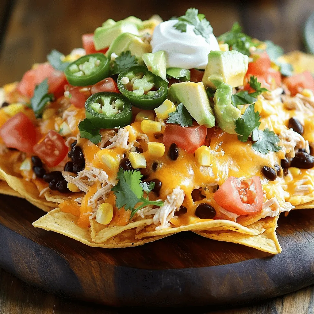 - 2 cups cooked chicken, shredded - 1 bag (12 oz) tortilla chips - 1 cup black beans, drained and rinsed - 1 cup corn kernels (fresh or canned) - 1 cup diced tomatoes - 1 cup shredded cheddar cheese - 1 cup shredded Monterey Jack cheese These ingredients form the base of your loaded chicken nachos. The shredded chicken adds protein and flavor. Tortilla chips provide the crunchy base. Black beans and corn add texture and nutrition. The cheese varieties melt beautifully, creating a gooey topping. - 1 jalapeño, sliced (optional) - 1 avocado, diced - ½ cup sour cream - ¼ cup fresh cilantro, chopped These toppings elevate your nachos. Jalapeños give heat, while avocado adds creaminess. Sour cream offers a cool contrast to the spices. Cilantro brings freshness and color. - Spices: 1 tablespoon olive oil, 1 teaspoon cumin, 1 teaspoon chili powder, salt and pepper to taste Adding spices makes a big difference. Olive oil helps cook the chicken mixture. Cumin and chili powder enhance the overall flavor. Adjust salt and pepper to your taste, making your nachos truly yours. - Calories per Serving: Approximately 400-500 - Protein: About 25 grams - Fiber: Around 6 grams - Allergen Information: Contains dairy and may have gluten This dish is filling and tasty, making it a great game day snack. The protein and fiber help keep you satisfied. Just be mindful of allergens if you're serving guests with dietary restrictions. For the full recipe, check out the [Full Recipe]. - Cooking the Chicken Start by heating olive oil in a skillet over medium heat. Add 2 cups of shredded chicken, along with 1 cup of black beans and 1 cup of corn. Sprinkle in 1 teaspoon of cumin and 1 teaspoon of chili powder. Add salt and pepper to taste. Stir the mixture for about 5 minutes. Cook until everything is hot and well mixed. This step builds the tasty base for your nachos. - Blending in Other Ingredients Next, mix in 1 cup of diced tomatoes. This adds freshness and color to the chicken mixture. Stir gently to avoid breaking the tomatoes. Be sure to blend all the ingredients well. This step is key to ensuring every bite of nachos is full of flavor. - Layering Chips and Chicken Take a large baking sheet and spread out 1 bag (12 oz) of tortilla chips in an even layer. This gives a good base. Next, evenly distribute the chicken mixture over the chips. Make sure every chip gets some chicken. This ensures every bite is loaded with goodness. - Cheese Distribution Now comes the fun part! Sprinkle 1 cup of shredded cheddar cheese and 1 cup of Monterey Jack cheese over the chicken. This melty goodness is what makes nachos irresistible. Do not hold back on the cheese; it’s a star player in this dish. - Oven Temperature and Timing Preheat your oven to 350°F (175°C). Once your nachos are assembled, place the baking sheet in the oven. Bake for 10-15 minutes. You want the cheese to melt and get bubbly. Keep an eye on them to avoid burning. - Checking for Doneness After about 10 minutes, check the nachos. The cheese should look melted and slightly golden. If it looks good, remove the baking sheet from the oven. This is where the magic happens; the whole kitchen will smell amazing! Now you can add your favorite toppings like diced avocado, sour cream, and cilantro, and enjoy your cheesy fiesta! For full details on the recipe, check the Full Recipe. Preventing Sogginess To keep your nachos crispy, layer them right. Start with a base of chips. Spread the chicken mixture evenly over them. This helps the chips stay dry. Add cheese last to create a barrier. It melts and protects the chips from moisture. Ensuring Even Melting For even melting, use a mix of cheeses. I like using cheddar and Monterey Jack. They melt well together. Spread the cheese in a thin, even layer. This way, every bite has cheese goodness. Ideal Sides and Accompaniments Pair your nachos with fresh sides. I recommend guacamole and salsa. They add great flavor. You can also serve them with a side of beans. This makes your meal even heartier. Presentation Tips For a nice look, use a large, colorful platter. Scatter fresh cilantro on top for a pop of green. Place the sour cream in a bowl on the side. This makes it easy for everyone to dip. Overloading Toppings Less is often more. Avoid piling on too many toppings. This can make your nachos soggy and hard to eat. Focus on a few key toppings for best flavor and texture. Skipping the Broiling Step Don’t skip the broiling step! This is key for melting the cheese. Broil for a few minutes at the end. Watch closely to prevent burning. Broiling gives you that perfect, gooey texture. For the full recipe, check out the Cheesy Fiesta Loaded Chicken Nachos. {{image_2}} Substituting Protein If you want a meat-free option, swap the chicken for black beans or lentils. These add protein and taste great. You can also use tofu or tempeh for a hearty bite. Alternative Cheese Options Try different cheeses like pepper jack or smoked gouda for a fun twist. Vegan cheese can work well too. Look for options that melt nicely to keep your nachos creamy. Southwest Style Add some roasted corn, diced red onion, and a sprinkle of lime juice for a fresh twist. You can also mix in some salsa verde for a zesty kick. This gives your nachos a bright, vibrant taste. BBQ Chicken Nachos Use BBQ sauce instead of spices for a sweet and tangy flavor. Mix shredded chicken with the sauce before layering it on your chips. Top with coleslaw for crunch and extra flavor. Taco Night Variation Load your nachos with taco toppings like seasoned ground beef, pico de gallo, and guacamole. This makes a perfect taco night meal and is easy to share. Game Day Loaded Nachos For game day, add extra toppings like sliced olives, pickled jalapeños, or even a drizzle of ranch dressing. This creates a fun, crowd-pleasing snack everyone will love. Feel free to explore these variations to create your own loaded chicken nachos masterpiece! For a full recipe, check out the details above. To keep your loaded chicken nachos fresh, store them in an airtight container. Make sure to cover them tightly to avoid air exposure. You can keep them in the fridge for up to three days. After that, the chips may become too soggy. When reheating nachos, I recommend using an oven. Preheat it to 350°F (175°C). Place the nachos on a baking sheet for about 10 minutes. This helps restore their crispiness. If you use a microwave, they may turn soft. If you have no other choice, heat them for 30 seconds at a time until warm. You can prep some ingredients ahead of time. Cook and shred your chicken a day before. Store it in the fridge. You can also chop your veggies and mix the spices in advance. Just assemble the nachos right before serving for the best taste. Store any assembled nachos in the fridge for up to two days. For the freshest crunch, it’s best to add chips just before serving. For the complete journey to flavor, refer to the Full Recipe. You can make Loaded Chicken Nachos healthier with simple swaps. Try these ingredient substitutions: - Use whole grain tortilla chips for more fiber. - Swap regular cheese for low-fat cheese options. - Add more veggies like bell peppers or spinach. - Use Greek yogurt instead of sour cream. - Opt for grilled chicken instead of fried. These changes help cut calories and boost nutrition without losing flavor. Yes, you can freeze Loaded Chicken Nachos. Follow these best practices: - Assemble the nachos without toppings like avocado and sour cream. - Wrap them tightly in plastic wrap and place in a freezer bag. - Label the bag with the date for easy tracking. - To thaw, move them to the fridge overnight. When ready to eat, bake them until hot and add fresh toppings. Loaded Chicken Nachos pair well with many dishes and drinks. Here are some ideas: - Serve with a side of fresh salsa or guacamole. - Pair with a chilled beer or a fruity mocktail. - Offer a light salad to balance the meal. - Try a bowl of chili for a hearty combo. These sides enhance your nacho experience and keep the game day fun! You now have all the tools to make perfect loaded chicken nachos. We covered essential ingredients, cooking steps, and best practices. Remember to balance toppings to keep your nachos crispy. Try not to overload them, and follow our serving tips for a standout dish. Get creative with variations like vegetarian options and fun themes. With these tips, you can impress everyone at your next gathering. Enjoy every bite and share your nacho journey with friends!