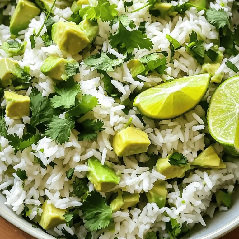 To make Avocado Cilantro Lime Rice, you need a few simple ingredients. Each one plays a key role in creating bright flavors. - Jasmine rice and cooking liquid options - 1 cup jasmine rice - 2 cups vegetable broth (or water) Jasmine rice gives this dish a light, fluffy texture. You can use vegetable broth for extra taste or plain water if you prefer. - Fresh produce components - 1 ripe avocado, diced - 1/4 cup fresh cilantro, chopped - Juice of 1 lime The avocado adds creaminess, while cilantro brings freshness. Lime juice brightens everything up. - Flavor enhancers and spices - 2 tablespoons olive oil - 1 clove garlic, minced - 1/2 teaspoon cumin - Salt and pepper to taste Olive oil adds richness. Garlic gives depth, and cumin adds warmth. Adjust salt and pepper to fit your taste. With these ingredients ready, you can create a dish full of flavor and freshness. For the full recipe, check the complete instructions. To make the best avocado cilantro lime rice, start by rinsing the rice. Rinse the jasmine rice under cold water. This step is key. It removes excess starch and makes your rice fluffy. Rinse until the water runs clear. Next, use a medium saucepan for cooking. Bring 2 cups of vegetable broth or water to a boil. Add the rinsed rice and a pinch of salt. Stir once to mix it well. Cover the pot, then reduce the heat to low. Cook for 15 to 20 minutes. The rice should be tender and all liquid absorbed. Fluff the rice with a fork once done. While the rice cooks, you can prepare the avocado mixture. In a large bowl, combine the diced avocado, chopped cilantro, lime juice, olive oil, minced garlic, cumin, and a pinch of salt and pepper. This mix adds vibrant flavor to your rice. When mashing the avocado, be gentle. Use a fork to mash just enough to combine. You want some small chunks for texture. Over-mashing can make it too creamy. Keep it fresh and bright! Once the rice is ready, it's time to mix it in. Gently fold the rice into the avocado mixture. Use a spatula to combine everything without breaking the avocado too much. Stir until well mixed. Now, taste your dish and adjust the seasoning. You can add more salt, pepper, or lime juice based on your preference. This step is crucial for the perfect flavor. Serve the rice in a large bowl, garnished with extra cilantro leaves and lime wedges. Enjoy this fresh and delightful dish! For the complete recipe, check out the Full Recipe. To ensure fluffy rice every time, rinse the jasmine rice well. Rinsing removes the starch. This makes the rice light and airy. After rinsing, cook the rice in boiling vegetable broth or water. This adds more flavor. For extra flavor, try adding spices. Cumin enhances the taste of the rice. You can also add a pinch of lime zest for a fresh kick. Make sure to taste as you go. Adjust salt and lime juice to your liking. Garnishing ideas for visual appeal include fresh cilantro leaves. They add vibrant color and freshness. You can also use lime wedges on the side. They look great and add to the flavor. For serving, think about occasions. This rice pairs well with grilled chicken for a summer BBQ. It also works as a side for taco night. Serve it in a large bowl or platter for a fun look. For a final touch, sprinkle some toasted sesame seeds on top. This adds a nice crunch and elevates the dish even more. For the full recipe, check out the detailed instructions. {{image_2}} You can easily make Avocado Cilantro Lime Rice vegan. Just use vegetable broth instead of water. If you want it gluten-free, ensure your broth is certified gluten-free. You can swap out cilantro for other fresh herbs. Try parsley or basil for a different taste. If you like heat, add a pinch of chili flakes or some diced jalapeños. Experimenting with spices can create unique flavors. This rice pairs well with many proteins. Serve it alongside grilled chicken or fish for a complete meal. You can also enjoy it with black beans or lentils for a plant-based option. If you have leftovers, get creative! Use the rice in burritos, tacos, or as a base for a salad. It’s great for meal prep too. Just store it in the fridge for quick meals during the week. For the full recipe, check out Avocado Cilantro Lime Rice 🥑. To keep your avocado cilantro lime rice fresh, store it in an airtight container. Make sure to let it cool to room temperature before sealing. This helps prevent moisture buildup, which can lead to soggy rice. When you want to reheat, take out only what you need. For reheating, I recommend using the microwave. Place the rice in a bowl, add a splash of water, and cover it loosely. Heat it in short bursts, stirring in between, until warmed through. This keeps the rice fluffy and avoids drying it out. In the fridge, this dish lasts about three to four days. If you want to store it longer, consider freezing it. In the freezer, avocado cilantro lime rice can last up to three months. However, the texture may change slightly upon thawing. To thaw, place it in the fridge overnight or use the microwave. Just remember, fresh avocado does not freeze well, so enjoy the dish soon after making it for the best flavor. For the full recipe, check out the details above! How to make Avocado Cilantro Lime Rice vegan? To make this dish vegan, use vegetable broth instead of chicken broth. All other ingredients are already plant-based. Enjoy the creamy avocado, fresh cilantro, and zesty lime. Can I use brown rice instead of jasmine rice? Yes, you can use brown rice. Just note that it takes longer to cook. Use the same liquid ratio but increase cooking time to about 40-50 minutes. What are the nutritional benefits of Avocado Cilantro Lime Rice? This dish offers healthy fats from the avocado. It's rich in fiber and vitamins. Cilantro adds antioxidants, while lime boosts your immune system. Overall, it’s a tasty and healthy option. How to tell when the rice is perfectly cooked? The rice is done when it’s tender and all the liquid is absorbed. Fluff it with a fork for the best texture. If it’s mushy, it may have been overcooked. Can I add other vegetables to the recipe? Absolutely! You can add cooked corn, diced bell peppers, or peas. These veggies add color and extra flavor. Just mix them in with the avocado mixture. What dishes pair well with Avocado Cilantro Lime Rice? This rice pairs nicely with grilled chicken or fish. It also works well with tacos or burrito bowls. You can serve it alongside a fresh salad for a complete meal. How to serve this dish cold or at room temperature? To serve cold, chill the rice after cooking. Mix in the avocado mixture when ready to eat. For room temperature, let it sit out for about 30 minutes after mixing. Enjoy it at your leisure! In this guide, we explored how to make Avocado Cilantro Lime Rice. We covered key ingredients and easy step-by-step cooking tips. We also shared ways to enhance flavor and ensure the perfect texture. Remember, you can customize this dish with various ingredients, making it fit your needs. Don’t forget about storage and serving tips for later enjoyment. Use this recipe to impress friends and enjoy delicious meals. Trust me, with practice, you'll master this dish!