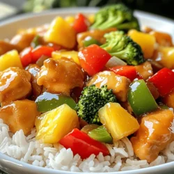 To make sweet and sour chicken, gather these items: - 1 lb chicken breast, diced - 1 red bell pepper, chopped - 1 green bell pepper, chopped - 1 cup pineapple chunks (fresh or canned) - 1 cup broccoli florets - 1/2 cup onion, sliced - 2 cloves garlic, minced - 1 tablespoon ginger, grated - 1/4 cup ketchup - 1/4 cup apple cider vinegar - 1/4 cup honey - 2 tablespoons soy sauce (low sodium) - 1 tablespoon cornstarch - 2 tablespoons water - 3 tablespoons vegetable oil - Salt and pepper to taste - Cooked rice, for serving If you need to swap some items, try these options: - Chicken breast can be replaced with tofu or shrimp. - Use any color bell pepper, like yellow or orange. - Swap pineapple with mango or peach for a different taste. - Broccoli can be replaced with snap peas or green beans. - Use agave syrup instead of honey for a vegan option. - For the sauce, you can use rice vinegar instead of apple cider vinegar. Sweet and sour chicken offers a balanced meal. Each serving has: - Calories: Approximately 350 - Protein: About 30g - Carbohydrates: Roughly 40g - Fat: Around 10g - Fiber: 3g This dish is high in protein and can be a tasty part of a healthy meal plan. To make the sweet and sour sauce, gather your ingredients first. You need ketchup, apple cider vinegar, honey, soy sauce, salt, and pepper. In a bowl, mix these ingredients well. The sauce combines sweet and tangy flavors that make this dish special. Set the sauce aside for later use. Next, heat 2 tablespoons of vegetable oil in a large skillet. Use medium-high heat for this step. Add the diced chicken breast to the pan. Cook the chicken for about 5 to 7 minutes until it turns golden brown. Make sure to stir occasionally so it cooks evenly. Once done, remove the chicken from the skillet and set it aside. In the same skillet, add the last tablespoon of oil. Sauté minced garlic and grated ginger for about 30 seconds. Then add the sliced onion and broccoli florets. Cook these for 2 to 3 minutes until they soften. Next, toss in the chopped red and green bell peppers and the pineapple chunks. Cook everything for another 2 minutes. After that, return the cooked chicken to the skillet. Pour the sweet and sour sauce over the mixture and stir well. To thicken the sauce, mix cornstarch and water in a small bowl. Add this slurry to the skillet while stirring gently. Cook for another 2 to 3 minutes, allowing the sauce to coat the chicken and veggies nicely. Serve hot over cooked rice. Enjoy your meal! To get the right flavor, balance is key. The sweet and sour sauce needs a mix of sweet and tangy. Use good-quality ketchup and apple cider vinegar. Honey adds sweetness without being too overpowering. Adjust the honey if you want it less sweet. You can also add a splash of hot sauce for a kick. This gives the dish a nice depth of flavor. For the best texture, use fresh chicken breast. Cut the chicken into small, even pieces. This helps it cook evenly. Sear the chicken in hot oil to get a nice golden crust. Do not overcrowd the pan; this can make it steam instead of sear. Once the chicken is cooked, remove it from the pan. This keeps it juicy and tender. Serve sweet and sour chicken over fluffy cooked rice. The rice soaks up the sauce well. You can add a sprinkle of sesame seeds for crunch. Fresh herbs like cilantro or green onions add color and flavor. Pair it with a side of steamed vegetables for a balanced meal. This dish is best enjoyed hot, right after cooking. For a fun twist, try it in a wrap or lettuce cup. {{image_2}} You can change the veggies in sweet and sour chicken. Try using snap peas, carrots, or zucchini. Each option adds a new taste and texture. I often swap out the broccoli for snap peas. They give a nice crunch. You can also add mushrooms for an earthy flavor. Feel free to mix and match your favorites. If you want a twist, switch the chicken for shrimp or tofu. Shrimp cooks quickly and adds a seafood touch. Tofu is great for a vegetarian option. Just make sure to press and dry it first. You can also use beef or pork. Each protein will bring its own flavor to the dish. You can make the sauce your own by changing some ingredients. Use orange juice instead of vinegar for a citrusy kick. Add chili sauce for some heat. If you want less sugar, try using less honey. You could also replace honey with agave nectar or maple syrup. Each change gives a fresh spin on the classic sauce. For the full recipe, check out the details above. After you make Sweet and Sour Chicken, let it cool down. Store it in an airtight container. Keep it in the fridge. It will stay fresh for up to three days. If you want the best taste, eat it within two days. You can freeze Sweet and Sour Chicken too! Place it in a freezer-safe container. Make sure to leave some space at the top. The sauce might expand. It will last for up to three months in the freezer. When you are ready to eat, thaw it in the fridge overnight. To reheat your sweet and sour chicken, use a skillet. Heat it over medium heat. Stir it often to prevent sticking. You can also use a microwave. Place it in a microwave-safe bowl. Heat for one to two minutes, stirring halfway. Add a splash of water if it seems dry. Enjoy your delicious meal! Sweet and Sour Chicken comes from Chinese cuisine. It blends sweet and tangy flavors. This dish has roots in Cantonese cooking. Many people enjoy it worldwide. Yes, you can make Sweet and Sour Chicken ahead of time. Store it in the fridge for up to three days. Reheat it gently on the stove. This helps keep the chicken tender. Sweet and Sour Chicken pairs well with various sides. Here are some ideas: - Steamed rice - Fried rice - Noodles - Spring rolls - Stir-fried vegetables These sides add more flavor and texture to your meal. Sweet and Sour Chicken can be a balanced meal. It has protein from chicken and vitamins from veggies. You can make it healthier by using less sugar and oil. Choose fresh ingredients for better nutrition. To reduce sweetness, cut back on honey or ketchup. Add more vinegar to increase tanginess. You can also use less pineapple. Adjust the balance to suit your taste. For the full recipe, check out the Sweet and Sour Chicken Delight section above. Enjoy this easy and tasty dish! This blog post has explored every aspect of making Sweet and Sour Chicken. We covered the key ingredients and how to adjust them. You learned how to create the sauce, cook the chicken, and sauté the veggies perfectly. Remember the tips for great flavor and texture, and consider the variations to suit your taste. Proper storage is crucial for freshness. With these insights, you can create a dish that you and your loved ones will enjoy. Dive in and start cooking!