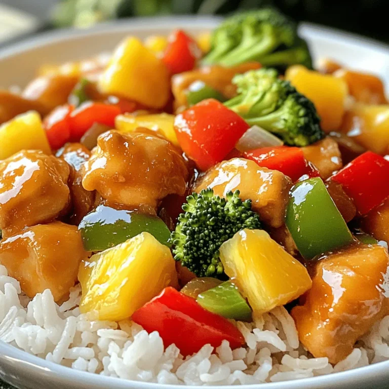 To make sweet and sour chicken, gather these items: - 1 lb chicken breast, diced - 1 red bell pepper, chopped - 1 green bell pepper, chopped - 1 cup pineapple chunks (fresh or canned) - 1 cup broccoli florets - 1/2 cup onion, sliced - 2 cloves garlic, minced - 1 tablespoon ginger, grated - 1/4 cup ketchup - 1/4 cup apple cider vinegar - 1/4 cup honey - 2 tablespoons soy sauce (low sodium) - 1 tablespoon cornstarch - 2 tablespoons water - 3 tablespoons vegetable oil - Salt and pepper to taste - Cooked rice, for serving If you need to swap some items, try these options: - Chicken breast can be replaced with tofu or shrimp. - Use any color bell pepper, like yellow or orange. - Swap pineapple with mango or peach for a different taste. - Broccoli can be replaced with snap peas or green beans. - Use agave syrup instead of honey for a vegan option. - For the sauce, you can use rice vinegar instead of apple cider vinegar. Sweet and sour chicken offers a balanced meal. Each serving has: - Calories: Approximately 350 - Protein: About 30g - Carbohydrates: Roughly 40g - Fat: Around 10g - Fiber: 3g This dish is high in protein and can be a tasty part of a healthy meal plan. To make the sweet and sour sauce, gather your ingredients first. You need ketchup, apple cider vinegar, honey, soy sauce, salt, and pepper. In a bowl, mix these ingredients well. The sauce combines sweet and tangy flavors that make this dish special. Set the sauce aside for later use. Next, heat 2 tablespoons of vegetable oil in a large skillet. Use medium-high heat for this step. Add the diced chicken breast to the pan. Cook the chicken for about 5 to 7 minutes until it turns golden brown. Make sure to stir occasionally so it cooks evenly. Once done, remove the chicken from the skillet and set it aside. In the same skillet, add the last tablespoon of oil. Sauté minced garlic and grated ginger for about 30 seconds. Then add the sliced onion and broccoli florets. Cook these for 2 to 3 minutes until they soften. Next, toss in the chopped red and green bell peppers and the pineapple chunks. Cook everything for another 2 minutes. After that, return the cooked chicken to the skillet. Pour the sweet and sour sauce over the mixture and stir well. To thicken the sauce, mix cornstarch and water in a small bowl. Add this slurry to the skillet while stirring gently. Cook for another 2 to 3 minutes, allowing the sauce to coat the chicken and veggies nicely. Serve hot over cooked rice. Enjoy your meal! To get the right flavor, balance is key. The sweet and sour sauce needs a mix of sweet and tangy. Use good-quality ketchup and apple cider vinegar. Honey adds sweetness without being too overpowering. Adjust the honey if you want it less sweet. You can also add a splash of hot sauce for a kick. This gives the dish a nice depth of flavor. For the best texture, use fresh chicken breast. Cut the chicken into small, even pieces. This helps it cook evenly. Sear the chicken in hot oil to get a nice golden crust. Do not overcrowd the pan; this can make it steam instead of sear. Once the chicken is cooked, remove it from the pan. This keeps it juicy and tender. Serve sweet and sour chicken over fluffy cooked rice. The rice soaks up the sauce well. You can add a sprinkle of sesame seeds for crunch. Fresh herbs like cilantro or green onions add color and flavor. Pair it with a side of steamed vegetables for a balanced meal. This dish is best enjoyed hot, right after cooking. For a fun twist, try it in a wrap or lettuce cup. {{image_2}} You can change the veggies in sweet and sour chicken. Try using snap peas, carrots, or zucchini. Each option adds a new taste and texture. I often swap out the broccoli for snap peas. They give a nice crunch. You can also add mushrooms for an earthy flavor. Feel free to mix and match your favorites. If you want a twist, switch the chicken for shrimp or tofu. Shrimp cooks quickly and adds a seafood touch. Tofu is great for a vegetarian option. Just make sure to press and dry it first. You can also use beef or pork. Each protein will bring its own flavor to the dish. You can make the sauce your own by changing some ingredients. Use orange juice instead of vinegar for a citrusy kick. Add chili sauce for some heat. If you want less sugar, try using less honey. You could also replace honey with agave nectar or maple syrup. Each change gives a fresh spin on the classic sauce. For the full recipe, check out the details above. After you make Sweet and Sour Chicken, let it cool down. Store it in an airtight container. Keep it in the fridge. It will stay fresh for up to three days. If you want the best taste, eat it within two days. You can freeze Sweet and Sour Chicken too! Place it in a freezer-safe container. Make sure to leave some space at the top. The sauce might expand. It will last for up to three months in the freezer. When you are ready to eat, thaw it in the fridge overnight. To reheat your sweet and sour chicken, use a skillet. Heat it over medium heat. Stir it often to prevent sticking. You can also use a microwave. Place it in a microwave-safe bowl. Heat for one to two minutes, stirring halfway. Add a splash of water if it seems dry. Enjoy your delicious meal! Sweet and Sour Chicken comes from Chinese cuisine. It blends sweet and tangy flavors. This dish has roots in Cantonese cooking. Many people enjoy it worldwide. Yes, you can make Sweet and Sour Chicken ahead of time. Store it in the fridge for up to three days. Reheat it gently on the stove. This helps keep the chicken tender. Sweet and Sour Chicken pairs well with various sides. Here are some ideas: - Steamed rice - Fried rice - Noodles - Spring rolls - Stir-fried vegetables These sides add more flavor and texture to your meal. Sweet and Sour Chicken can be a balanced meal. It has protein from chicken and vitamins from veggies. You can make it healthier by using less sugar and oil. Choose fresh ingredients for better nutrition. To reduce sweetness, cut back on honey or ketchup. Add more vinegar to increase tanginess. You can also use less pineapple. Adjust the balance to suit your taste. For the full recipe, check out the Sweet and Sour Chicken Delight section above. Enjoy this easy and tasty dish! This blog post has explored every aspect of making Sweet and Sour Chicken. We covered the key ingredients and how to adjust them. You learned how to create the sauce, cook the chicken, and sauté the veggies perfectly. Remember the tips for great flavor and texture, and consider the variations to suit your taste. Proper storage is crucial for freshness. With these insights, you can create a dish that you and your loved ones will enjoy. Dive in and start cooking!