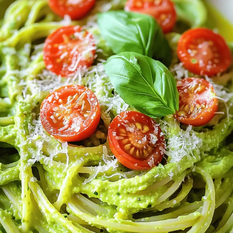 To make this creamy avocado pasta, gather these fresh and simple ingredients: - 2 ripe avocados - 2 cloves garlic, minced - 2 tablespoons fresh lemon juice - 1/4 cup fresh basil leaves, packed - 1/4 cup olive oil - Salt and pepper to taste - 12 ounces spaghetti or your favorite pasta - 1/4 cup grated Parmesan cheese (optional for garnish) - Cherry tomatoes, halved (for garnish) You can add your own twist to this dish! Here are some fun ideas: - Red pepper flakes for heat - Cooked chicken or shrimp for protein - Spinach or kale for extra greens - Nuts like pine nuts or walnuts for crunch This creamy avocado pasta is not just tasty; it's good for you too! Here’s a quick look at its nutritional benefits: - Avocados provide healthy fats and fiber. - Garlic may help boost your immune system. - Fresh basil adds vitamins A and K. - Using whole grain pasta can increase fiber content. Enjoy this dish that’s both a feast for the senses and a boost for your health. For the full recipe, check out the details above! Start by boiling water in a large pot. Add salt to the water; this adds flavor. Once the water boils, add 12 ounces of spaghetti. Cook it according to the package directions until it is al dente. This usually takes about 8 to 10 minutes. Before you drain the pasta, save 1 cup of that pasta water. This water helps to make the sauce creamy later on. Drain the pasta and set it aside. Next, grab a food processor. Add 2 ripe avocados, 2 cloves of minced garlic, and 2 tablespoons of fresh lemon juice. Toss in 1/4 cup of fresh basil leaves as well. Blend this mix until it becomes smooth and creamy. As you blend, slowly pour in 1/4 cup of olive oil. If the sauce is too thick, you can add some of the reserved pasta water. This helps adjust the creaminess to your liking. Season the mixture with salt and pepper to taste. Now, take the pot you used for the pasta. Return the drained spaghetti to the pot. Pour the creamy avocado sauce over the pasta. Toss everything together until the spaghetti is well coated. If the sauce is still thick, add a bit more of the reserved pasta water. This will help the sauce cling to the pasta better. Once mixed, serve the pasta on plates. You can garnish with grated Parmesan cheese and halved cherry tomatoes for an extra touch. Enjoy your creamy avocado pasta! For the complete recipe, check the Full Recipe. When picking avocados, look for ones that feel slightly soft. Gently press the skin; it should yield a bit. If it feels hard, it’s not ripe. If it feels mushy, it’s overripe. You want that perfect balance. Color can help, too. A dark green or black skin often means it’s ripe. Avoid any with large dark spots or cracks. To boost flavor, try adding more herbs. Fresh parsley or cilantro can add zest. A pinch of red pepper flakes gives a nice kick. You might also mix in some diced sun-dried tomatoes for sweetness. Consider adding nuts, like pine nuts, for crunch. These small changes can make your creamy avocado pasta shine even brighter. Don’t skip reserving pasta water. It helps thin the sauce and adds flavor. Also, avoid over-blending the avocado sauce; it should remain creamy, not runny. Make sure to season well with salt and pepper. A bland sauce can ruin the dish. Finally, don’t forget to taste as you go; this ensures your pasta is just right. For the complete directions, check the Full Recipe. {{image_2}} You can easily make creamy avocado pasta gluten-free. Just swap regular pasta for gluten-free options. Look for rice, quinoa, or chickpea pasta. These alternatives taste great and work well with the creamy sauce. Make sure to check the cooking time, as it may differ from regular pasta. If you're vegan, you can make this dish without any dairy. Skip the Parmesan cheese, and use nutritional yeast instead. It adds a cheesy flavor without using animal products. You can also add more garlic or lemon juice for an extra zing. Want to boost the flavor? Try adding some fresh herbs. Chopped parsley or cilantro can add a new twist. You might also toss in some veggies, like spinach or zucchini. For a bit of heat, add red pepper flakes. These options keep the dish fresh and exciting. Check out the Full Recipe for the complete guide! Store any leftover creamy avocado pasta in an airtight container. This keeps it fresh. Make sure to chill it in the fridge right away. The pasta will stay good for up to three days. If you know you won’t eat it all, consider storing the pasta and sauce separately. This helps keep the flavor and texture better. To reheat the pasta, use a microwave or a pan on the stove. If using a microwave, heat it in short bursts. Stir between heating to ensure even warmth. If using a pan, add a splash of water or olive oil. This keeps the pasta moist. Heat it on low until warm. Avoid high heat, which can dry it out. You can freeze the creamy avocado sauce for later use. Put it in a freezer-safe container. Be sure to leave some space for expansion. The sauce will freeze well for up to two months. When ready to use, thaw it in the fridge overnight. After thawing, blend it again for a smooth texture. This helps restore its creamy goodness before mixing with pasta. For the full recipe, check out the Creamy Avocado Pasta section above. Yes, you can prepare the avocado sauce ahead of time. Store it in a bowl. Cover it tightly with plastic wrap. Press the wrap directly on the sauce to limit air contact. This keeps it fresh and green. Cook your pasta fresh when you are ready to serve. Mix the sauce with the pasta just before eating for the best taste. If you want a dairy-free option, try nutritional yeast. It adds a cheesy flavor without dairy. You can also use vegan cheese shreds. For a nutty taste, sprinkle some ground almonds or cashews on top. These options work well and keep your dish creamy and tasty! To stop the avocado from browning, use fresh lemon juice. The acid in it slows the browning process. Store any leftover avocado sauce in an airtight container. Make sure to cover the surface with plastic wrap. This helps keep air away from the sauce. Enjoy this creamy avocado pasta fresh for the best flavor. For the full recipe, check out the [Full Recipe]. This blog post covered avocado pasta, starting with key ingredients and optional variations. I shared step-by-step instructions for making the dish, including preparation and mixing techniques. You learned tips on choosing ripe avocados and common mistakes to avoid. The section on variations showed gluten-free and vegan options. Finally, we discussed storage and reheat methods. In conclusion, this simple, tasty recipe is easy to adapt. Enjoy your avocado pasta with all its possible twists!